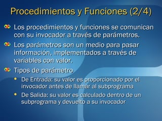 PPrroocceeddiimmiieennttooss yy FFuunncciioonneess ((22//4)) 
LLooss pprroocceeddiimmiieennttooss yy ffuunncciioonneess ssee ccoommuunniiccaann 
ccoonn ssuu iinnvvooccaaddoorr aa ttrraavvééss ddee ppaarráámmeettrrooss.. 
LLooss ppaarráámmeettrrooss ssoonn uunn mmeeddiioo ppaarraa ppaassaarr 
iinnffoorrmmaacciióónn,, iimmpplleemmeennttaaddooss aa ttrraavvééss ddee 
vvaarriiaabblleess ccoonn vvaalloorr.. 
TTiippooss ddee ppaarráámmeettrroo 
 DDee EEnnttrraaddaa:: ssuu vvaalloorr eess pprrooppoorrcciioonnaaddoo ppoorr eell 
iinnvvooccaaddoorr aanntteess ddee llllaammaarr aall ssuubbpprrooggrraammaa 
 DDee SSaalliiddaa:: ssuu vvaalloorr eess ccaallccuullaaddoo ddeennttrroo ddee uunn 
ssuubbpprrooggrraammaa yy ddeevvuueellttoo aa ssuu iinnvvooccaaddoorr 
 