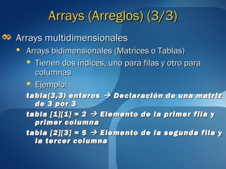 AArrrraayyss ((AArrrreeggllooss)) ((33//33)) 
AArrrraayyss mmuullttiiddiimmeennssiioonnaalleess 
 AArrrraayyss bbiiddiimmeennssiioonnaalleess ((MMaattrriicceess oo TTaabbllaass)) 
 TTiieenneenn ddooss íínnddiicceess,, uunnoo ppaarraa ffiillaass yy oottrroo ppaarraa 
ccoolluummnnaass 
 EEjjeemmpplloo:: 
ttaabbllaa((33,,33)) eenntteerrooss  DDeeccllaarraacciióónn ddee uunnaa mmaattrriizz 
ddee 33 ppoorr 33 
ttaabbllaa [[11]][[11]] == 22  EElleemmeennttoo ddee llaa pprriimmeerr ffiillaa yy 
pprriimmeerr ccoolluummnnaa 
ttaabbllaa [[22]][[33]] == 55  EElleemmeennttoo ddee llaa sseegguunnddaa ffiillaa yy 
llaa tteerrcceerr ccoolluummnnaa 
 