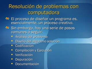 RReessoolluucciióónn ddee pprroobblleemmaass ccoonn 
ccoommppuuttaaddoorraa 
EEll pprroocceessoo ddee ddiisseeññaarr uunn pprrooggrraammaa eess,, 
eesseenncciiaallmmeennttee,, uunn pprroocceessoo ccrreeaattiivvoo.. 
SSiinn eemmbbaarrggoo,, hhaayy uunnaa sseerriiee ddee ppaassooss 
ccoommuunneess aa sseegguuiirr:: 
 AAnnáálliissiiss ddeell pprroobblleemmaa 
 DDiisseeññoo ddeell aallggoorriittmmoo ssoolluucciióónn 
 CCooddiiffiiccaacciióónn 
 CCoommppiillaacciióónn yy EEjjeeccuucciióónn 
 VVeerriiffiiccaacciióónn 
 DDeeppuurraacciióónn 
 DDooccuummeennttaacciióónn 
 