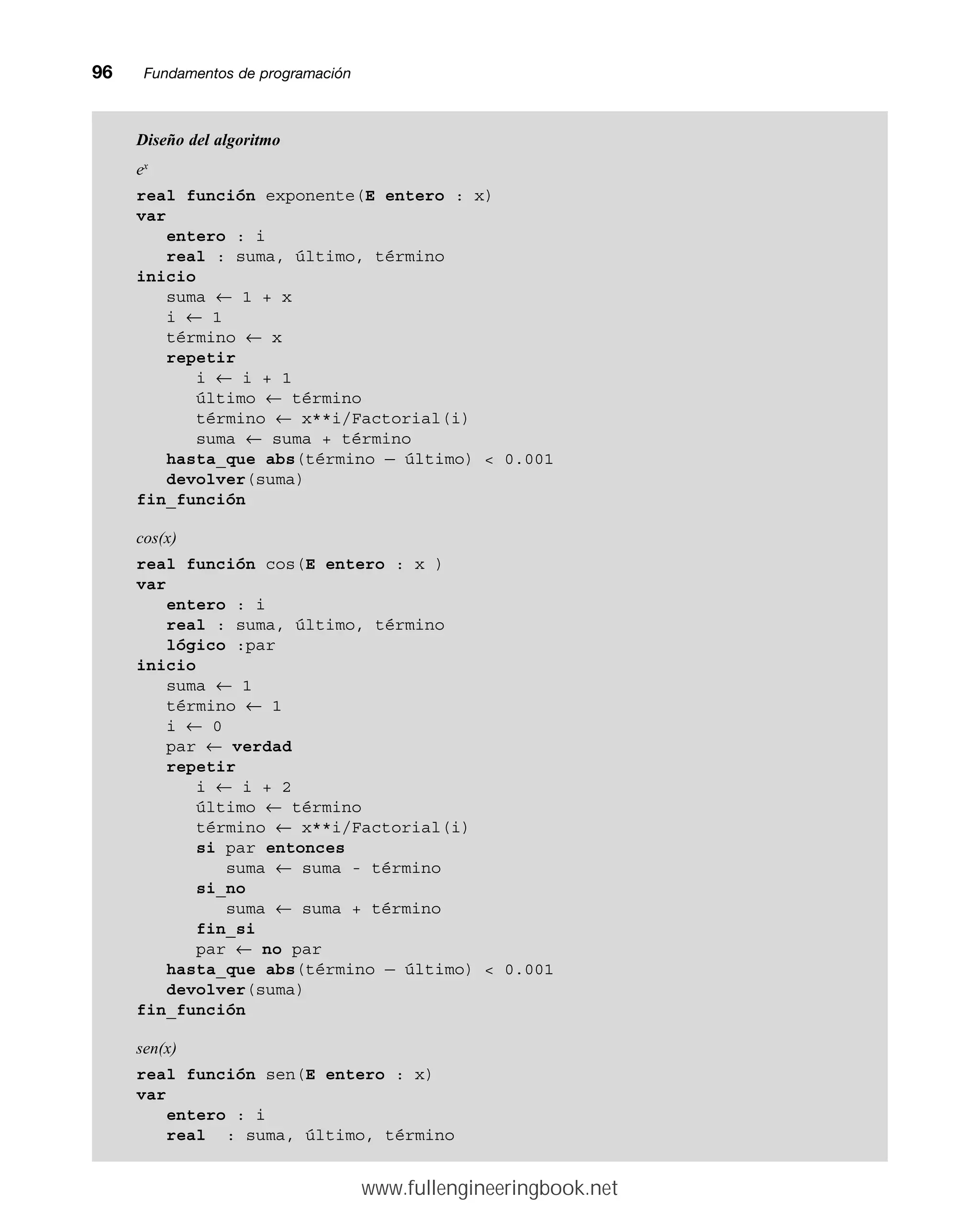 96mmFundamentos de programación
Diseño del algoritmo
ex
real función exponente(E entero : x)
var
entero : i
real : suma, último, término
inicio
suma ← 1 + x
i ← 1
término ← x
repetir
i ← i + 1
último ← término
término ← x**i/Factorial(i)
suma ← suma + término
hasta_que abs(término — último)  0.001
devolver(suma)
fin_función
cos(x)
real función cos(E entero : x )
var
entero : i
real : suma, último, término
lógico :par
inicio
suma ← 1
término ← 1
i ← 0
par ← verdad
repetir
i ← i + 2
último ← término
término ← x**i/Factorial(i)
si par entonces
suma ← suma - término
si_no
suma ← suma + término
fin_si
par ← no par
hasta_que abs(término — último)  0.001
devolver(suma)
fin_función
sen(x)
real función sen(E entero : x)
var
entero : i
real : suma, último, término
www.fullengineeringbook.net
 
