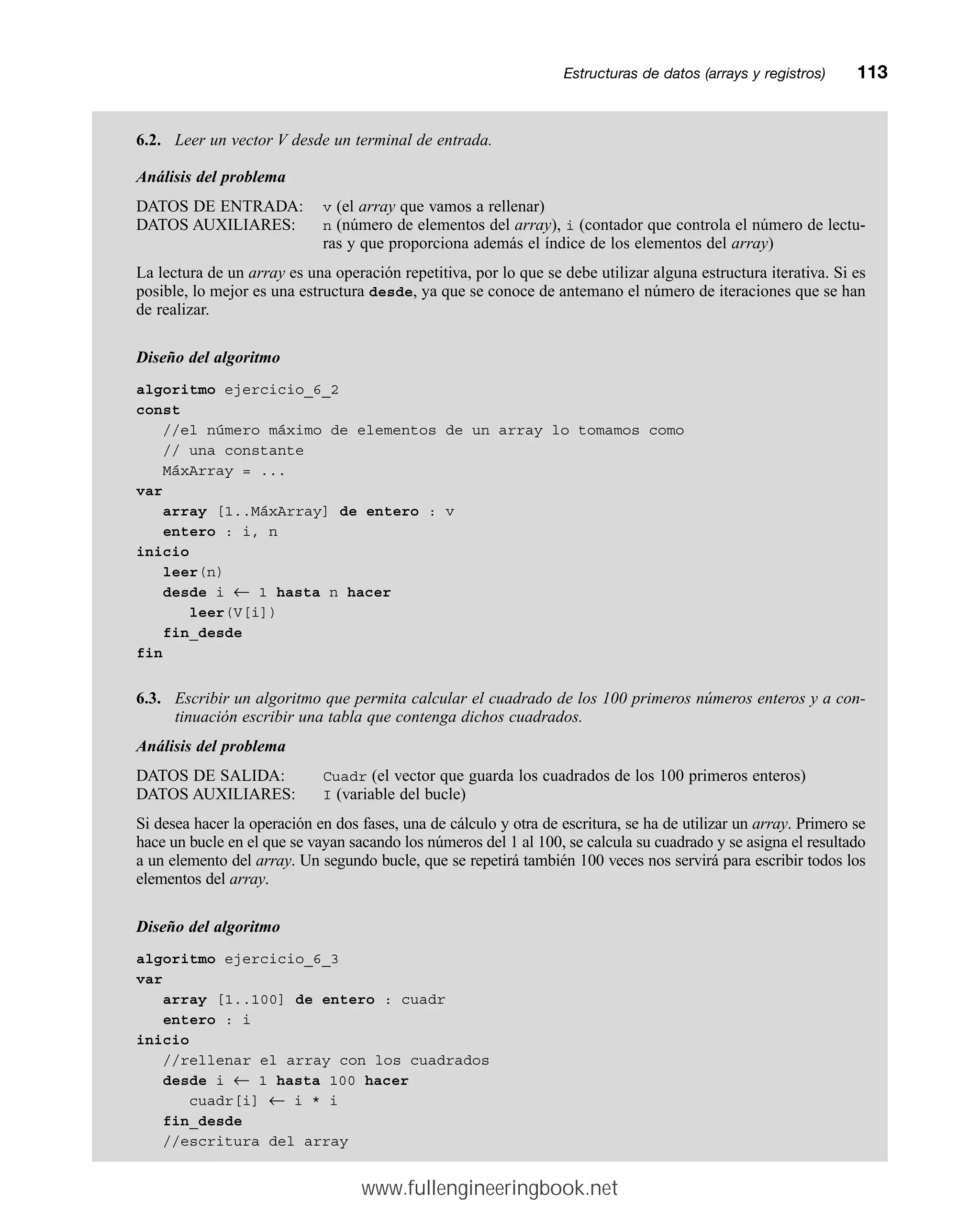 6.2. Leer un vector V desde un terminal de entrada.
Análisis del problema
DATOS DE ENTRADA: v (el array que vamos a rellenar)
DATOS AUXILIARES: n (número de elementos del array), i (contador que controla el número de lectu-
ras y que proporciona además el índice de los elementos del array)
La lectura de un array es una operación repetitiva, por lo que se debe utilizar alguna estructura iterativa. Si es
posible, lo mejor es una estructura desde, ya que se conoce de antemano el número de iteraciones que se han
de realizar.
Diseño del algoritmo
algoritmo ejercicio_6_2
const
//el número máximo de elementos de un array lo tomamos como
// una constante
MáxArray = ...
var
array [1..MáxArray] de entero : v
entero : i, n
inicio
leer(n)
desde i ← 1 hasta n hacer
leer(V[i])
fin_desde
fin
6.3. Escribir un algoritmo que permita calcular el cuadrado de los 100 primeros números enteros y a con-
tinuación escribir una tabla que contenga dichos cuadrados.
Análisis del problema
DATOS DE SALIDA: Cuadr (el vector que guarda los cuadrados de los 100 primeros enteros)
DATOS AUXILIARES: I (variable del bucle)
Si desea hacer la operación en dos fases, una de cálculo y otra de escritura, se ha de utilizar un array. Primero se
hace un bucle en el que se vayan sacando los números del 1 al 100, se calcula su cuadrado y se asigna el resultado
a un elemento del array. Un segundo bucle, que se repetirá también 100 veces nos servirá para escribir todos los
elementos del array.
Diseño del algoritmo
algoritmo ejercicio_6_3
var
array [1..100] de entero : cuadr
entero : i
inicio
//rellenar el array con los cuadrados
desde i ← 1 hasta 100 hacer
cuadr[i] ← i * i
fin_desde
//escritura del array
Estructuras de datos (arrays y registros)mm113
www.fullengineeringbook.net
 