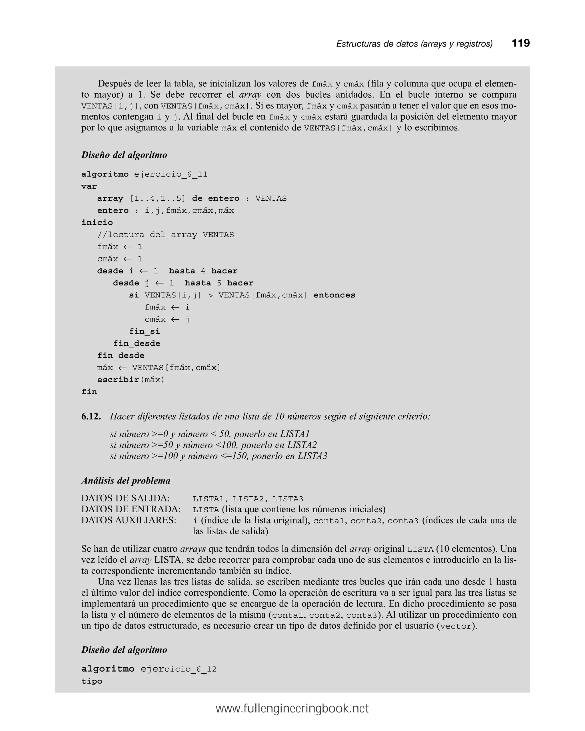 Después de leer la tabla, se inicializan los valores de fmáx y cmáx (fila y columna que ocupa el elemen-
to mayor) a 1. Se debe recorrer el array con dos bucles anidados. En el bucle interno se compara
VENTAS[i,j], con VENTAS[fmáx,cmáx]. Si es mayor, fmáx y cmáx pasarán a tener el valor que en esos mo-
mentos contengan i y j. Al final del bucle en fmáx y cmáx estará guardada la posición del elemento mayor
por lo que asignamos a la variable máx el contenido de VENTAS[fmáx,cmáx] y lo escribimos.
Diseño del algoritmo
algoritmo ejercicio_6_11
var
array [1..4,1..5] de entero : VENTAS
entero : i,j,fmáx,cmáx,máx
inicio
//lectura del array VENTAS
fmáx ← 1
cmáx ← 1
desde i ← 1 hasta 4 hacer
desde j ← 1 hasta 5 hacer
si VENTAS[i,j]  VENTAS[fmáx,cmáx] entonces
fmáx ← i
cmáx ← j
fin_si
fin_desde
fin_desde
máx ← VENTAS[fmáx,cmáx]
escribir(máx)
fin
6.12. Hacer diferentes listados de una lista de 10 números según el siguiente criterio:
si número =0 y número  50, ponerlo en LISTA1
si número =50 y número 100, ponerlo en LISTA2
si número =100 y número =150, ponerlo en LISTA3
Análisis del problema
DATOS DE SALIDA: LISTA1, LISTA2, LISTA3
DATOS DE ENTRADA: LISTA (lista que contiene los números iniciales)
DATOS AUXILIARES: i (índice de la lista original), conta1, conta2, conta3 (índices de cada una de
las listas de salida)
Se han de utilizar cuatro arrays que tendrán todos la dimensión del array original LISTA (10 elementos). Una
vez leído el array LISTA, se debe recorrer para comprobar cada uno de sus elementos e introducirlo en la lis-
ta correspondiente incrementando también su índice.
Una vez llenas las tres listas de salida, se escriben mediante tres bucles que irán cada uno desde 1 hasta
el último valor del índice correspondiente. Como la operación de escritura va a ser igual para las tres listas se
implementará un procedimiento que se encargue de la operación de lectura. En dicho procedimiento se pasa
la lista y el número de elementos de la misma (conta1, conta2, conta3). Al utilizar un procedimiento con
un tipo de datos estructurado, es necesario crear un tipo de datos definido por el usuario (vector).
Diseño del algoritmo
algoritmo ejercicio_6_12
tipo
Estructuras de datos (arrays y registros)mm119
www.fullengineeringbook.net
 