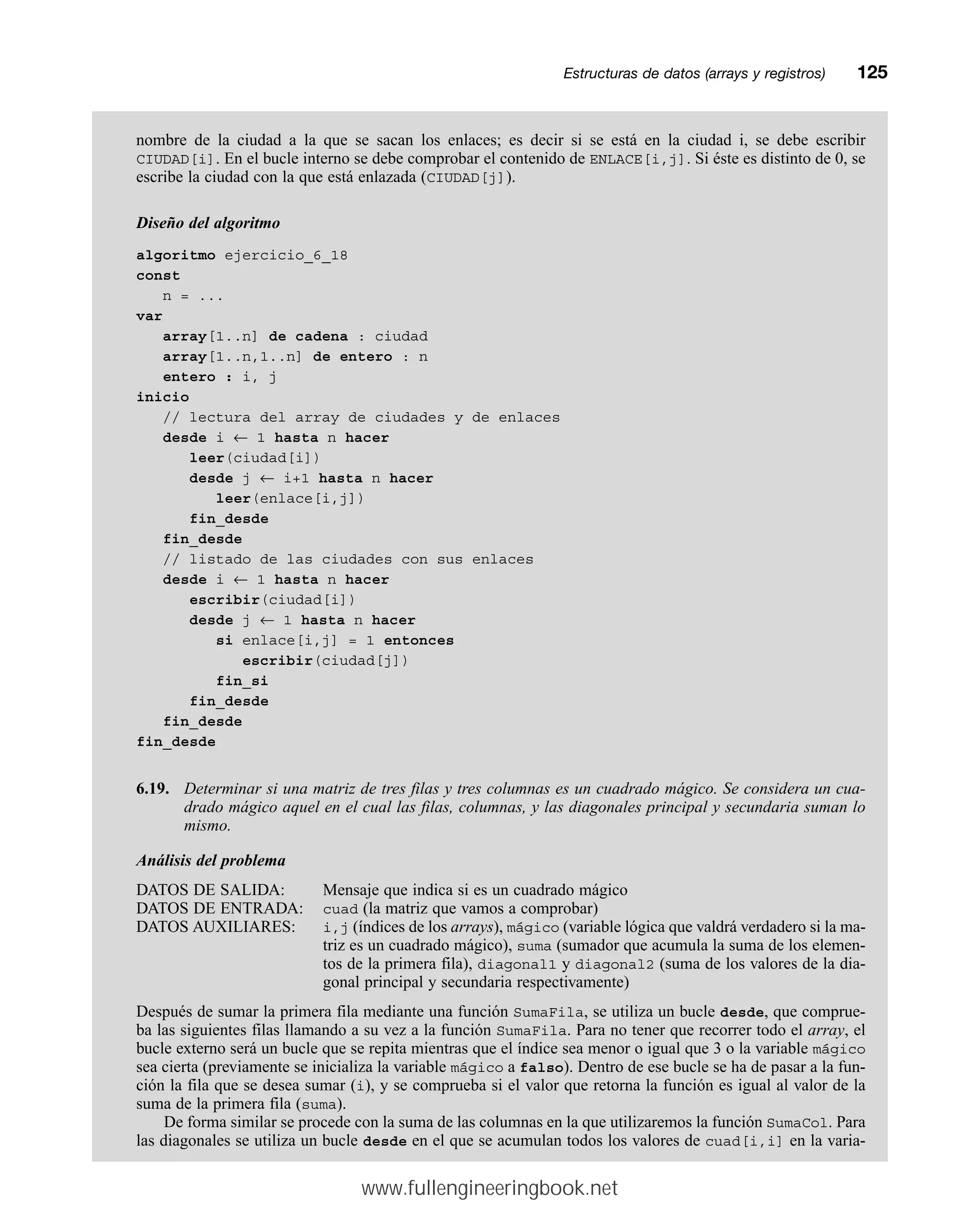 nombre de la ciudad a la que se sacan los enlaces; es decir si se está en la ciudad i, se debe escribir
CIUDAD[i]. En el bucle interno se debe comprobar el contenido de ENLACE[i,j]. Si éste es distinto de 0, se
escribe la ciudad con la que está enlazada (CIUDAD[j]).
Diseño del algoritmo
algoritmo ejercicio_6_18
const
n = ...
var
array[1..n] de cadena : ciudad
array[1..n,1..n] de entero : n
entero : i, j
inicio
// lectura del array de ciudades y de enlaces
desde i ← 1 hasta n hacer
leer(ciudad[i])
desde j ← i+1 hasta n hacer
leer(enlace[i,j])
fin_desde
fin_desde
// listado de las ciudades con sus enlaces
desde i ← 1 hasta n hacer
escribir(ciudad[i])
desde j ← 1 hasta n hacer
si enlace[i,j] = 1 entonces
escribir(ciudad[j])
fin_si
fin_desde
fin_desde
fin_desde
6.19. Determinar si una matriz de tres filas y tres columnas es un cuadrado mágico. Se considera un cua-
drado mágico aquel en el cual las filas, columnas, y las diagonales principal y secundaria suman lo
mismo.
Análisis del problema
DATOS DE SALIDA: Mensaje que indica si es un cuadrado mágico
DATOS DE ENTRADA: cuad (la matriz que vamos a comprobar)
DATOS AUXILIARES: i,j (índices de los arrays), mágico (variable lógica que valdrá verdadero si la ma-
triz es un cuadrado mágico), suma (sumador que acumula la suma de los elemen-
tos de la primera fila), diagonal1 y diagonal2 (suma de los valores de la dia-
gonal principal y secundaria respectivamente)
Después de sumar la primera fila mediante una función SumaFila, se utiliza un bucle desde, que comprue-
ba las siguientes filas llamando a su vez a la función SumaFila. Para no tener que recorrer todo el array, el
bucle externo será un bucle que se repita mientras que el índice sea menor o igual que 3 o la variable mágico
sea cierta (previamente se inicializa la variable mágico a falso). Dentro de ese bucle se ha de pasar a la fun-
ción la fila que se desea sumar (i), y se comprueba si el valor que retorna la función es igual al valor de la
suma de la primera fila (suma).
De forma similar se procede con la suma de las columnas en la que utilizaremos la función SumaCol. Para
las diagonales se utiliza un bucle desde en el que se acumulan todos los valores de cuad[i,i] en la varia-
Estructuras de datos (arrays y registros)mm125
www.fullengineeringbook.net
 