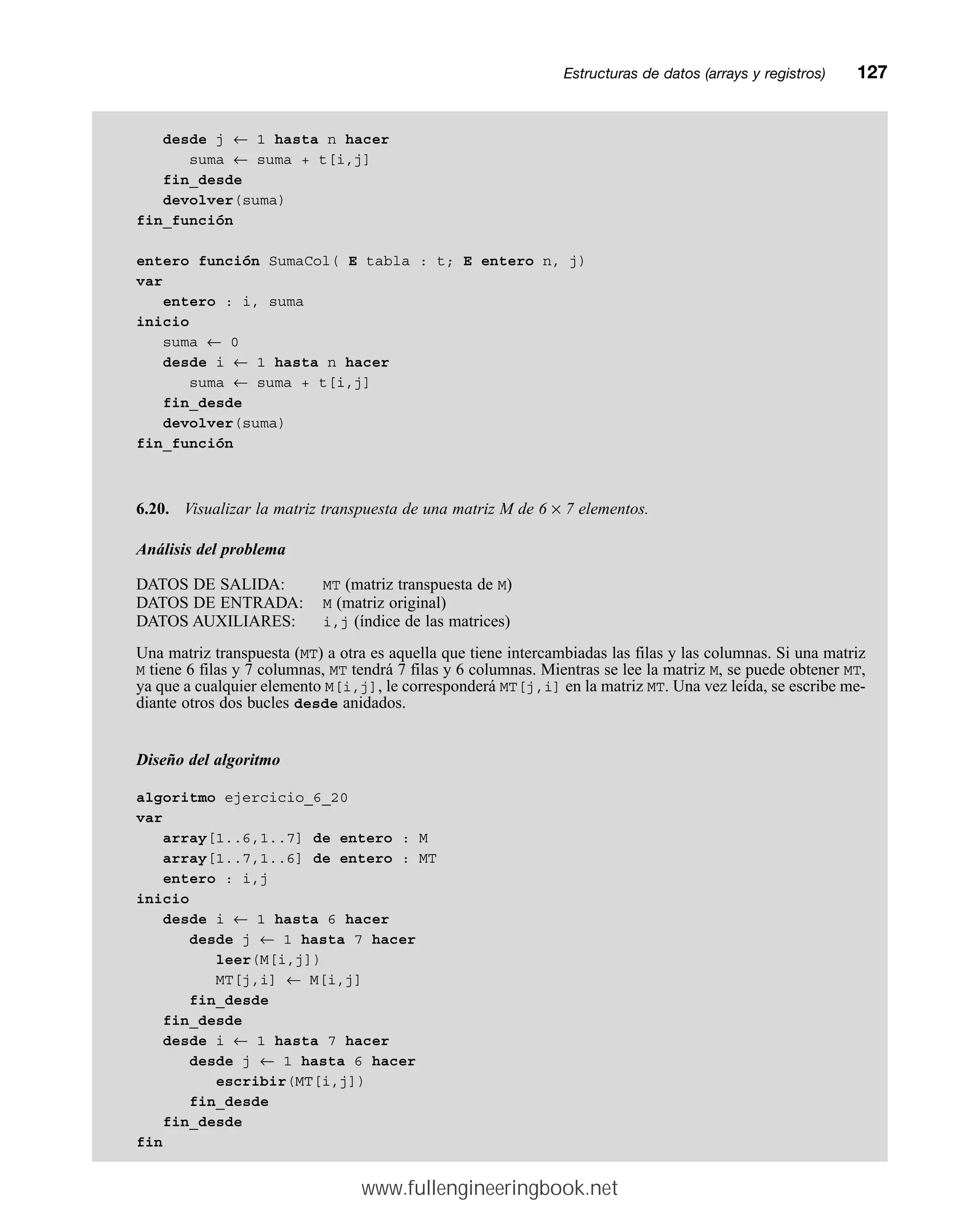 desde j ← 1 hasta n hacer
suma ← suma + t[i,j]
fin_desde
devolver(suma)
fin_función
entero función SumaCol( E tabla : t; E entero n, j)
var
entero : i, suma
inicio
suma ← 0
desde i ← 1 hasta n hacer
suma ← suma + t[i,j]
fin_desde
devolver(suma)
fin_función
6.20. Visualizar la matriz transpuesta de una matriz M de 6 × 7 elementos.
Análisis del problema
DATOS DE SALIDA: MT (matriz transpuesta de M)
DATOS DE ENTRADA: M (matriz original)
DATOS AUXILIARES: i,j (índice de las matrices)
Una matriz transpuesta (MT) a otra es aquella que tiene intercambiadas las filas y las columnas. Si una matriz
M tiene 6 filas y 7 columnas, MT tendrá 7 filas y 6 columnas. Mientras se lee la matriz M, se puede obtener MT,
ya que a cualquier elemento M[i,j], le corresponderá MT[j,i] en la matriz MT. Una vez leída, se escribe me-
diante otros dos bucles desde anidados.
Diseño del algoritmo
algoritmo ejercicio_6_20
var
array[1..6,1..7] de entero : M
array[1..7,1..6] de entero : MT
entero : i,j
inicio
desde i ← 1 hasta 6 hacer
desde j ← 1 hasta 7 hacer
leer(M[i,j])
MT[j,i] ← M[i,j]
fin_desde
fin_desde
desde i ← 1 hasta 7 hacer
desde j ← 1 hasta 6 hacer
escribir(MT[i,j])
fin_desde
fin_desde
fin
Estructuras de datos (arrays y registros)mm127
www.fullengineeringbook.net
 