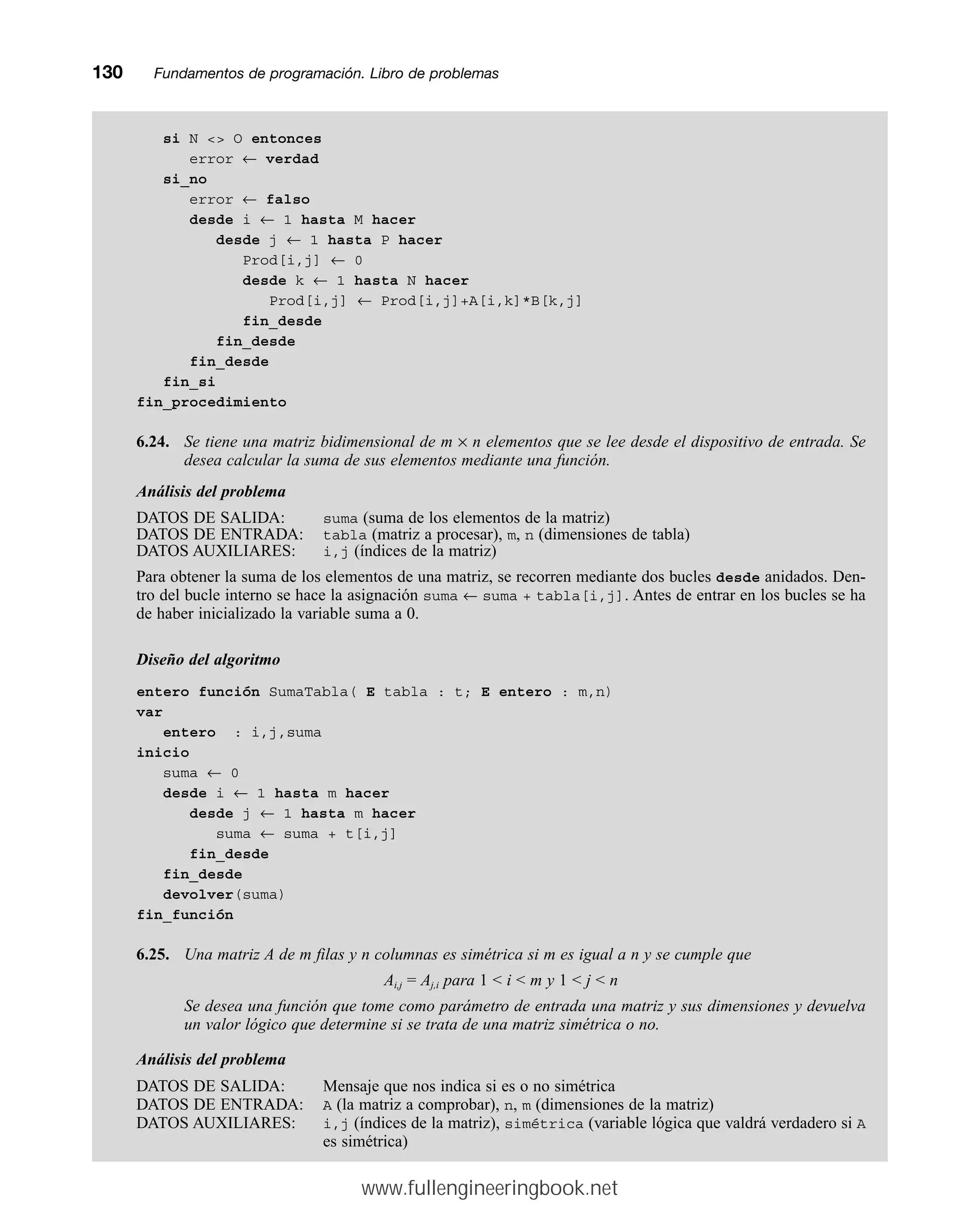 si N  O entonces
error ← verdad
si_no
error ← falso
desde i ← 1 hasta M hacer
desde j ← 1 hasta P hacer
Prod[i,j] ← 0
desde k ← 1 hasta N hacer
Prod[i,j] ← Prod[i,j]+A[i,k]*B[k,j]
fin_desde
fin_desde
fin_desde
fin_si
fin_procedimiento
6.24. Se tiene una matriz bidimensional de m × n elementos que se lee desde el dispositivo de entrada. Se
desea calcular la suma de sus elementos mediante una función.
Análisis del problema
DATOS DE SALIDA: suma (suma de los elementos de la matriz)
DATOS DE ENTRADA: tabla (matriz a procesar), m, n (dimensiones de tabla)
DATOS AUXILIARES: i,j (índices de la matriz)
Para obtener la suma de los elementos de una matriz, se recorren mediante dos bucles desde anidados. Den-
tro del bucle interno se hace la asignación suma ← suma + tabla[i,j]. Antes de entrar en los bucles se ha
de haber inicializado la variable suma a 0.
Diseño del algoritmo
entero función SumaTabla( E tabla : t; E entero : m,n)
var
entero : i,j,suma
inicio
suma ← 0
desde i ← 1 hasta m hacer
desde j ← 1 hasta m hacer
suma ← suma + t[i,j]
fin_desde
fin_desde
devolver(suma)
fin_función
6.25. Una matriz A de m filas y n columnas es simétrica si m es igual a n y se cumple que
Ai,j = Aj,i para 1  i  m y 1  j  n
Se desea una función que tome como parámetro de entrada una matriz y sus dimensiones y devuelva
un valor lógico que determine si se trata de una matriz simétrica o no.
Análisis del problema
DATOS DE SALIDA: Mensaje que nos indica si es o no simétrica
DATOS DE ENTRADA: A (la matriz a comprobar), n, m (dimensiones de la matriz)
DATOS AUXILIARES: i,j (índices de la matriz), simétrica (variable lógica que valdrá verdadero si A
es simétrica)
130mmFundamentos de programación. Libro de problemas
www.fullengineeringbook.net
 