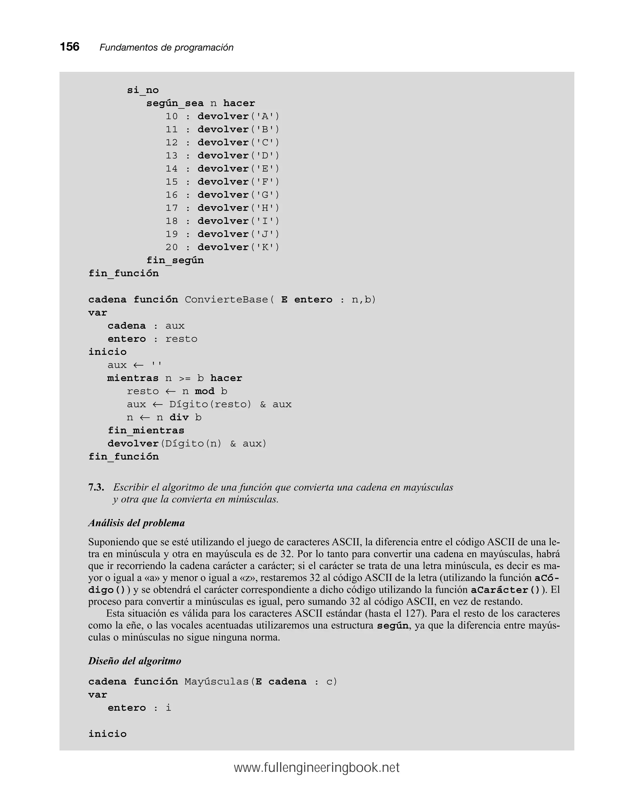 156mmFundamentos de programación
si_no
según_sea n hacer
10 : devolver('A')
11 : devolver('B')
12 : devolver('C')
13 : devolver('D')
14 : devolver('E')
15 : devolver('F')
16 : devolver('G')
17 : devolver('H')
18 : devolver('I')
19 : devolver('J')
20 : devolver('K')
fin_según
fin_función
cadena función ConvierteBase( E entero : n,b)
var
cadena : aux
entero : resto
inicio
aux ← ''
mientras n = b hacer
resto ← n mod b
aux ← Dígito(resto)  aux
n ← n div b
fin_mientras
devolver(Dígito(n)  aux)
fin_función
7.3. Escribir el algoritmo de una función que convierta una cadena en mayúsculas
y otra que la convierta en minúsculas.
Análisis del problema
Suponiendo que se esté utilizando el juego de caracteres ASCII, la diferencia entre el código ASCII de una le-
tra en minúscula y otra en mayúscula es de 32. Por lo tanto para convertir una cadena en mayúsculas, habrá
que ir recorriendo la cadena carácter a carácter; si el carácter se trata de una letra minúscula, es decir es ma-
yor o igual a «a» y menor o igual a «z», restaremos 32 al código ASCII de la letra (utilizando la función aCó-
digo()) y se obtendrá el carácter correspondiente a dicho código utilizando la función aCarácter()). El
proceso para convertir a minúsculas es igual, pero sumando 32 al código ASCII, en vez de restando.
Esta situación es válida para los caracteres ASCII estándar (hasta el 127). Para el resto de los caracteres
como la eñe, o las vocales acentuadas utilizaremos una estructura según, ya que la diferencia entre mayús-
culas o minúsculas no sigue ninguna norma.
Diseño del algoritmo
cadena función Mayúsculas(E cadena : c)
var
entero : i
inicio
www.fullengineeringbook.net
 