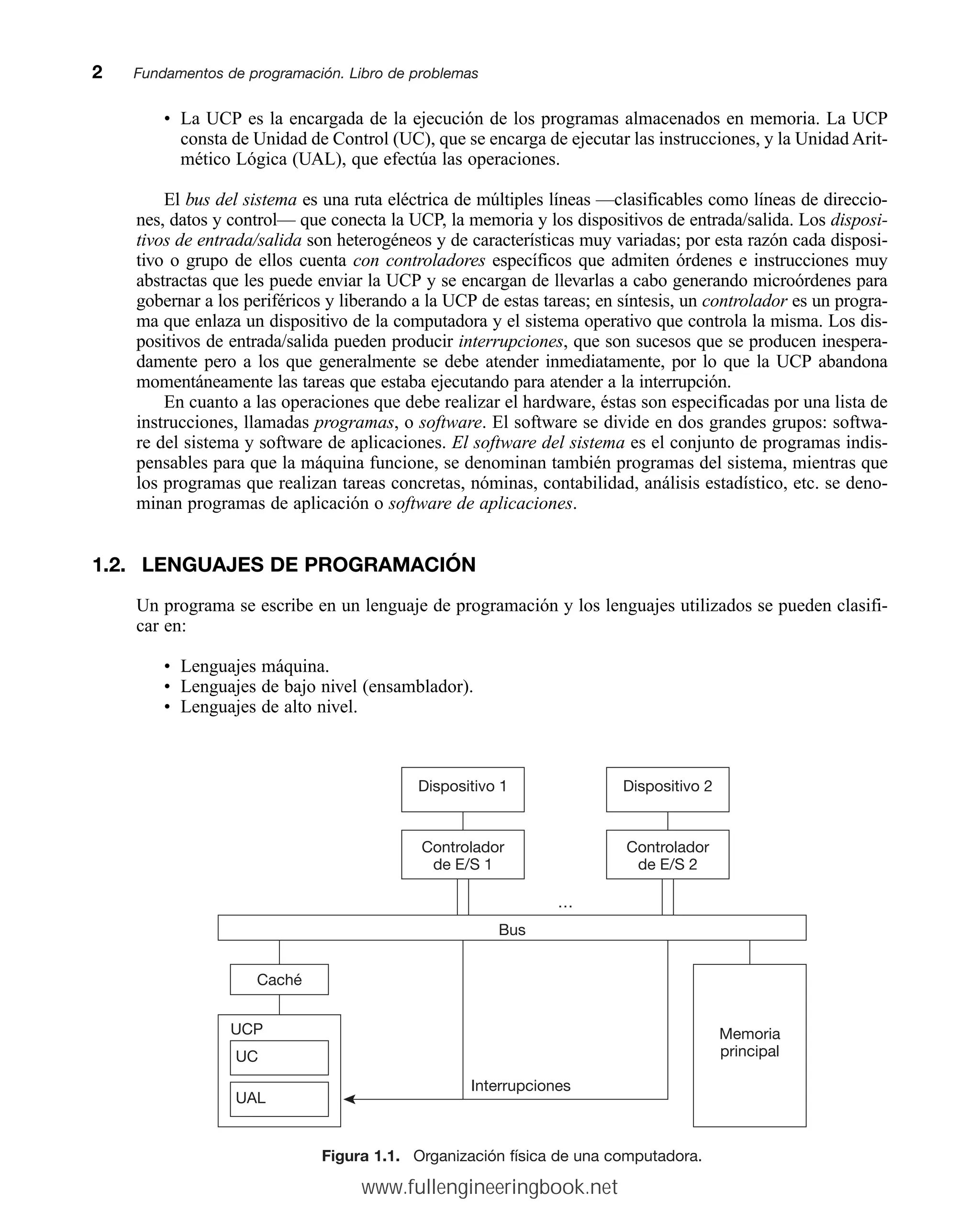 • La UCP es la encargada de la ejecución de los programas almacenados en memoria. La UCP
consta de Unidad de Control (UC), que se encarga de ejecutar las instrucciones, y la Unidad Arit-
mético Lógica (UAL), que efectúa las operaciones.
El bus del sistema es una ruta eléctrica de múltiples líneas —clasificables como líneas de direccio-
nes, datos y control— que conecta la UCP, la memoria y los dispositivos de entrada/salida. Los disposi-
tivos de entrada/salida son heterogéneos y de características muy variadas; por esta razón cada disposi-
tivo o grupo de ellos cuenta con controladores específicos que admiten órdenes e instrucciones muy
abstractas que les puede enviar la UCP y se encargan de llevarlas a cabo generando microórdenes para
gobernar a los periféricos y liberando a la UCP de estas tareas; en síntesis, un controlador es un progra-
ma que enlaza un dispositivo de la computadora y el sistema operativo que controla la misma. Los dis-
positivos de entrada/salida pueden producir interrupciones, que son sucesos que se producen inespera-
damente pero a los que generalmente se debe atender inmediatamente, por lo que la UCP abandona
momentáneamente las tareas que estaba ejecutando para atender a la interrupción.
En cuanto a las operaciones que debe realizar el hardware, éstas son especificadas por una lista de
instrucciones, llamadas programas, o software. El software se divide en dos grandes grupos: softwa-
re del sistema y software de aplicaciones. El software del sistema es el conjunto de programas indis-
pensables para que la máquina funcione, se denominan también programas del sistema, mientras que
los programas que realizan tareas concretas, nóminas, contabilidad, análisis estadístico, etc. se deno-
minan programas de aplicación o software de aplicaciones.
1.2. LENGUAJES DE PROGRAMACIÓN
Un programa se escribe en un lenguaje de programación y los lenguajes utilizados se pueden clasifi-
car en:
• Lenguajes máquina.
• Lenguajes de bajo nivel (ensamblador).
• Lenguajes de alto nivel.
2mmFundamentos de programación. Libro de problemas
Figura 1.1. Organización física de una computadora.
Interrupciones
Caché
UCP
UC
UAL
Memoria
principal
…
Controlador
de E/S 1
Dispositivo 1
Controlador
de E/S 2
Dispositivo 2
Bus
www.fullengineeringbook.net
 