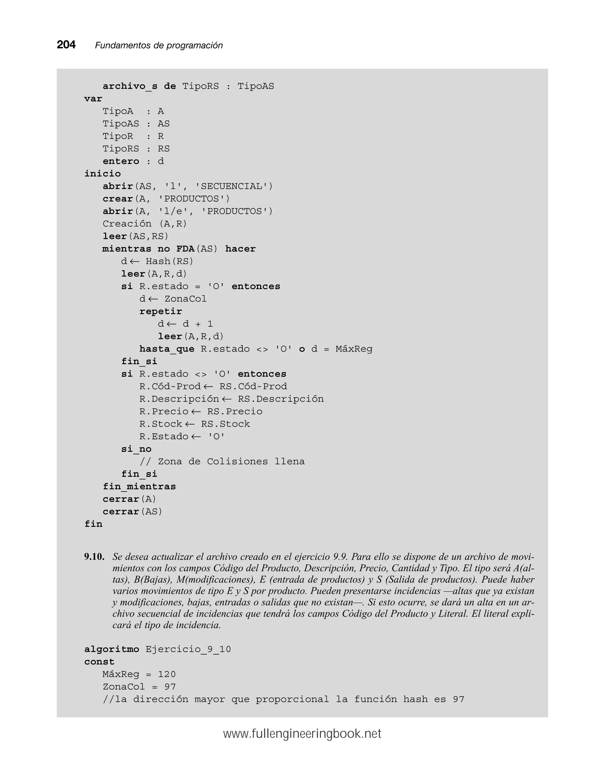 204mmFundamentos de programación
archivo_s de TipoRS : TipoAS
var
TipoA : A
TipoAS : AS
TipoR : R
TipoRS : RS
entero : d
inicio
abrir(AS, 'l', 'SECUENCIAL')
crear(A, 'PRODUCTOS')
abrir(A, 'l/e', 'PRODUCTOS')
Creación (A,R)
leer(AS,RS)
mientras no FDA(AS) hacer
d ← Hash(RS)
leer(A,R,d)
si R.estado = 'O' entonces
d ← ZonaCol
repetir
d ← d + 1
leer(A,R,d)
hasta_que R.estado  'O' o d = MáxReg
fin_si
si R.estado  'O' entonces
R.Cód-Prod ← RS.Cód-Prod
R.Descripción ← RS.Descripción
R.Precio ← RS.Precio
R.Stock ← RS.Stock
R.Estado ← 'O'
si_no
// Zona de Colisiones llena
fin_si
fin_mientras
cerrar(A)
cerrar(AS)
fin
9.10. Se desea actualizar el archivo creado en el ejercicio 9.9. Para ello se dispone de un archivo de movi-
mientos con los campos Código del Producto, Descripción, Precio, Cantidad y Tipo. El tipo será A(al-
tas), B(Bajas), M(modificaciones), E (entrada de productos) y S (Salida de productos). Puede haber
varios movimientos de tipo E y S por producto. Pueden presentarse incidencias —altas que ya existan
y modificaciones, bajas, entradas o salidas que no existan—. Si esto ocurre, se dará un alta en un ar-
chivo secuencial de incidencias que tendrá los campos Código del Producto y Literal. El literal expli-
cará el tipo de incidencia.
algoritmo Ejercicio_9_10
const
MáxReg = 120
ZonaCol = 97
//la dirección mayor que proporcional la función hash es 97
www.fullengineeringbook.net
 