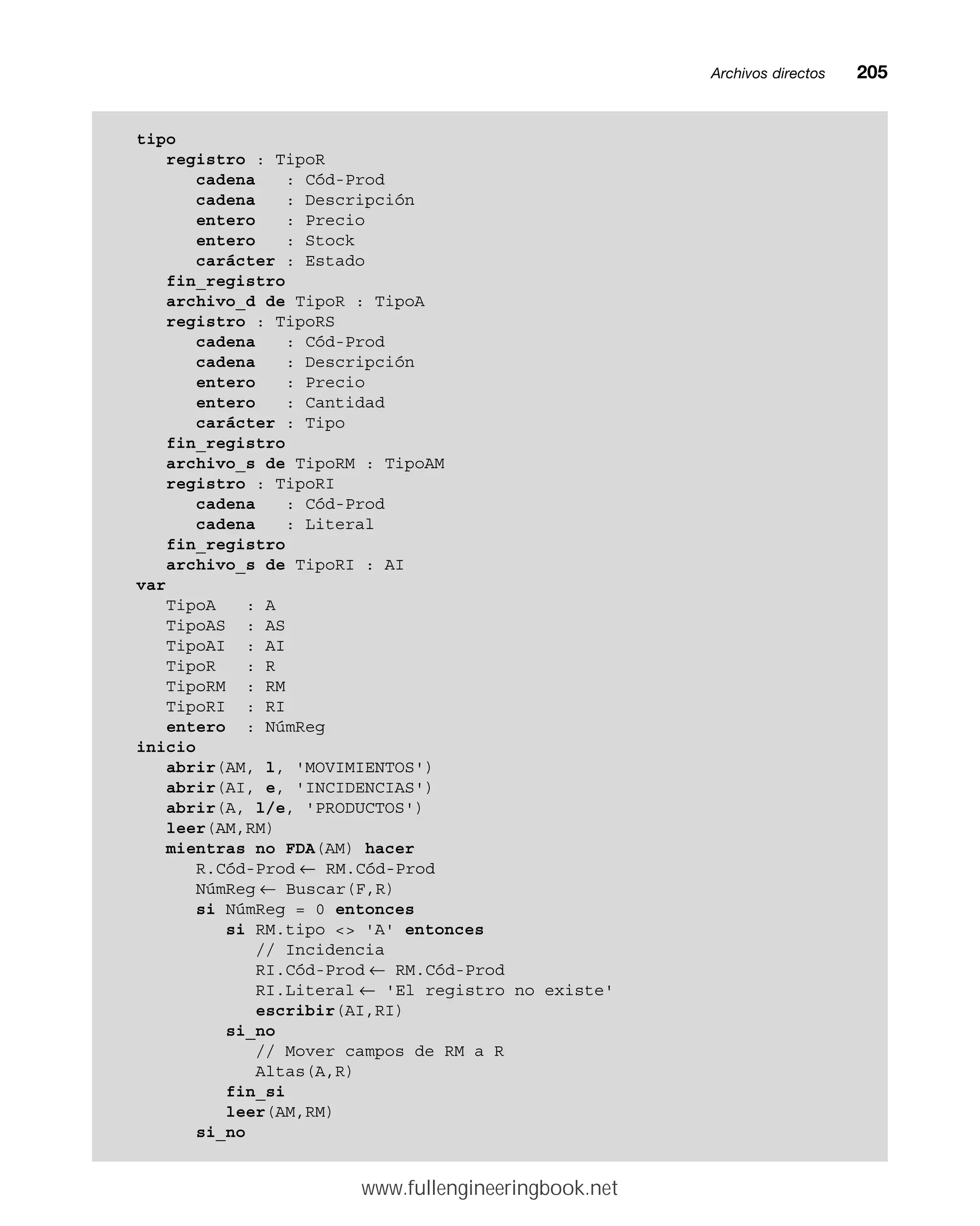 Archivos directosmm205
tipo
registro : TipoR
cadena : Cód-Prod
cadena : Descripción
entero : Precio
entero : Stock
carácter : Estado
fin_registro
archivo_d de TipoR : TipoA
registro : TipoRS
cadena : Cód-Prod
cadena : Descripción
entero : Precio
entero : Cantidad
carácter : Tipo
fin_registro
archivo_s de TipoRM : TipoAM
registro : TipoRI
cadena : Cód-Prod
cadena : Literal
fin_registro
archivo_s de TipoRI : AI
var
TipoA : A
TipoAS : AS
TipoAI : AI
TipoR : R
TipoRM : RM
TipoRI : RI
entero : NúmReg
inicio
abrir(AM, l, 'MOVIMIENTOS')
abrir(AI, e, 'INCIDENCIAS')
abrir(A, l/e, 'PRODUCTOS')
leer(AM,RM)
mientras no FDA(AM) hacer
R.Cód-Prod ← RM.Cód-Prod
NúmReg ← Buscar(F,R)
si NúmReg = 0 entonces
si RM.tipo  'A' entonces
// Incidencia
RI.Cód-Prod ← RM.Cód-Prod
RI.Literal ← 'El registro no existe'
escribir(AI,RI)
si_no
// Mover campos de RM a R
Altas(A,R)
fin_si
leer(AM,RM)
si_no
www.fullengineeringbook.net
 