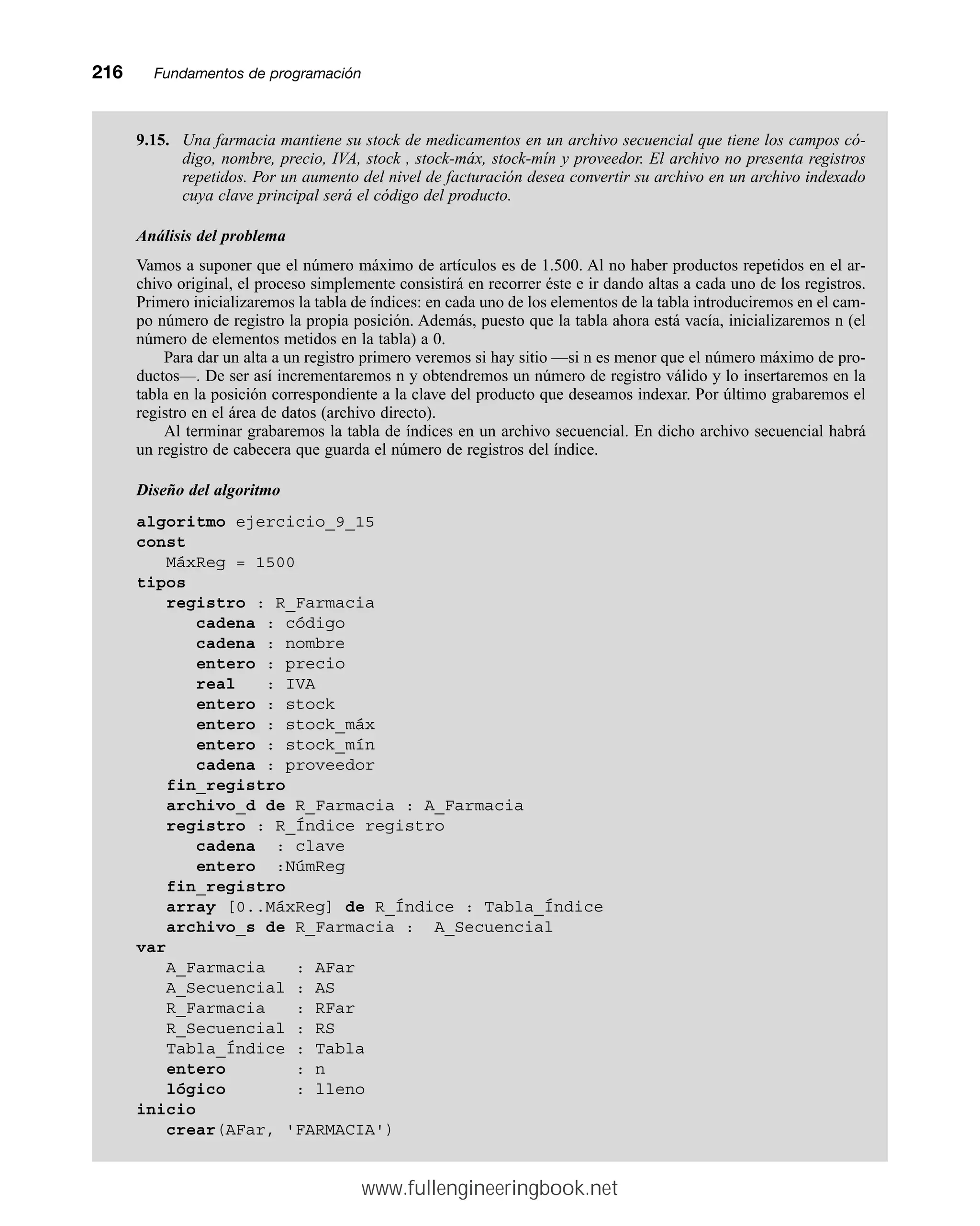 216mmFundamentos de programación
9.15. Una farmacia mantiene su stock de medicamentos en un archivo secuencial que tiene los campos có-
digo, nombre, precio, IVA, stock , stock-máx, stock-mín y proveedor. El archivo no presenta registros
repetidos. Por un aumento del nivel de facturación desea convertir su archivo en un archivo indexado
cuya clave principal será el código del producto.
Análisis del problema
Vamos a suponer que el número máximo de artículos es de 1.500. Al no haber productos repetidos en el ar-
chivo original, el proceso simplemente consistirá en recorrer éste e ir dando altas a cada uno de los registros.
Primero inicializaremos la tabla de índices: en cada uno de los elementos de la tabla introduciremos en el cam-
po número de registro la propia posición. Además, puesto que la tabla ahora está vacía, inicializaremos n (el
número de elementos metidos en la tabla) a 0.
Para dar un alta a un registro primero veremos si hay sitio —si n es menor que el número máximo de pro-
ductos—. De ser así incrementaremos n y obtendremos un número de registro válido y lo insertaremos en la
tabla en la posición correspondiente a la clave del producto que deseamos indexar. Por último grabaremos el
registro en el área de datos (archivo directo).
Al terminar grabaremos la tabla de índices en un archivo secuencial. En dicho archivo secuencial habrá
un registro de cabecera que guarda el número de registros del índice.
Diseño del algoritmo
algoritmo ejercicio_9_15
const
MáxReg = 1500
tipos
registro : R_Farmacia
cadena : código
cadena : nombre
entero : precio
real : IVA
entero : stock
entero : stock_máx
entero : stock_mín
cadena : proveedor
fin_registro
archivo_d de R_Farmacia : A_Farmacia
registro : R_Índice registro
cadena : clave
entero :NúmReg
fin_registro
array [0..MáxReg] de R_Índice : Tabla_Índice
archivo_s de R_Farmacia : A_Secuencial
var
A_Farmacia : AFar
A_Secuencial : AS
R_Farmacia : RFar
R_Secuencial : RS
Tabla_Índice : Tabla
entero : n
lógico : lleno
inicio
crear(AFar, 'FARMACIA')
www.fullengineeringbook.net
 