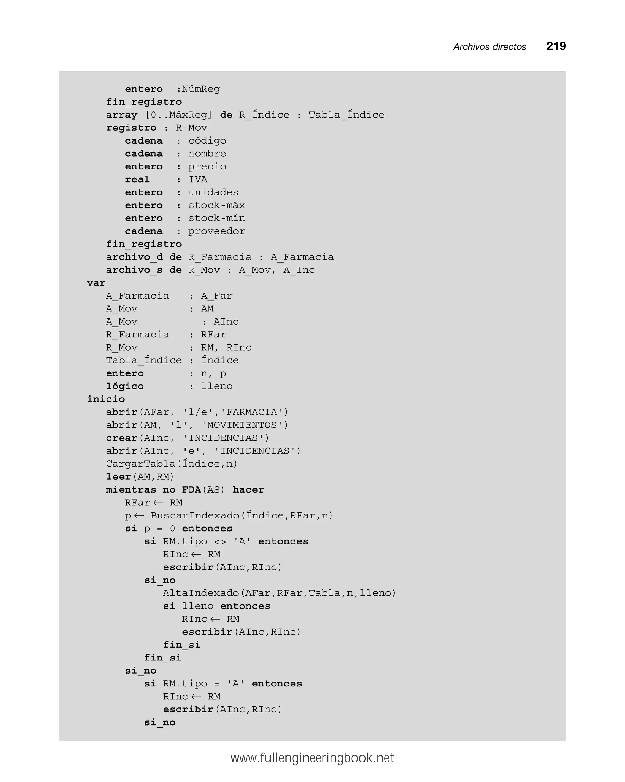 Archivos directosmm219
entero :NúmReg
fin_registro
array [0..MáxReg] de R_Índice : Tabla_Índice
registro : R-Mov
cadena : código
cadena : nombre
entero : precio
real : IVA
entero : unidades
entero : stock-máx
entero : stock-mín
cadena : proveedor
fin_registro
archivo_d de R_Farmacia : A_Farmacia
archivo_s de R_Mov : A_Mov, A_Inc
var
A_Farmacia : A_Far
A_Mov : AM
A_Mov : AInc
R_Farmacia : RFar
R_Mov : RM, RInc
Tabla_Índice : Índice
entero : n, p
lógico : lleno
inicio
abrir(AFar, 'l/e','FARMACIA')
abrir(AM, 'l', 'MOVIMIENTOS')
crear(AInc, 'INCIDENCIAS')
abrir(AInc, 'e', 'INCIDENCIAS')
CargarTabla(Índice,n)
leer(AM,RM)
mientras no FDA(AS) hacer
RFar ← RM
p ← BuscarIndexado(Índice,RFar,n)
si p = 0 entonces
si RM.tipo  'A' entonces
RInc ← RM
escribir(AInc,RInc)
si_no
AltaIndexado(AFar,RFar,Tabla,n,lleno)
si lleno entonces
RInc ← RM
escribir(AInc,RInc)
fin_si
fin_si
si_no
si RM.tipo = 'A' entonces
RInc ← RM
escribir(AInc,RInc)
si_no
www.fullengineeringbook.net
 
