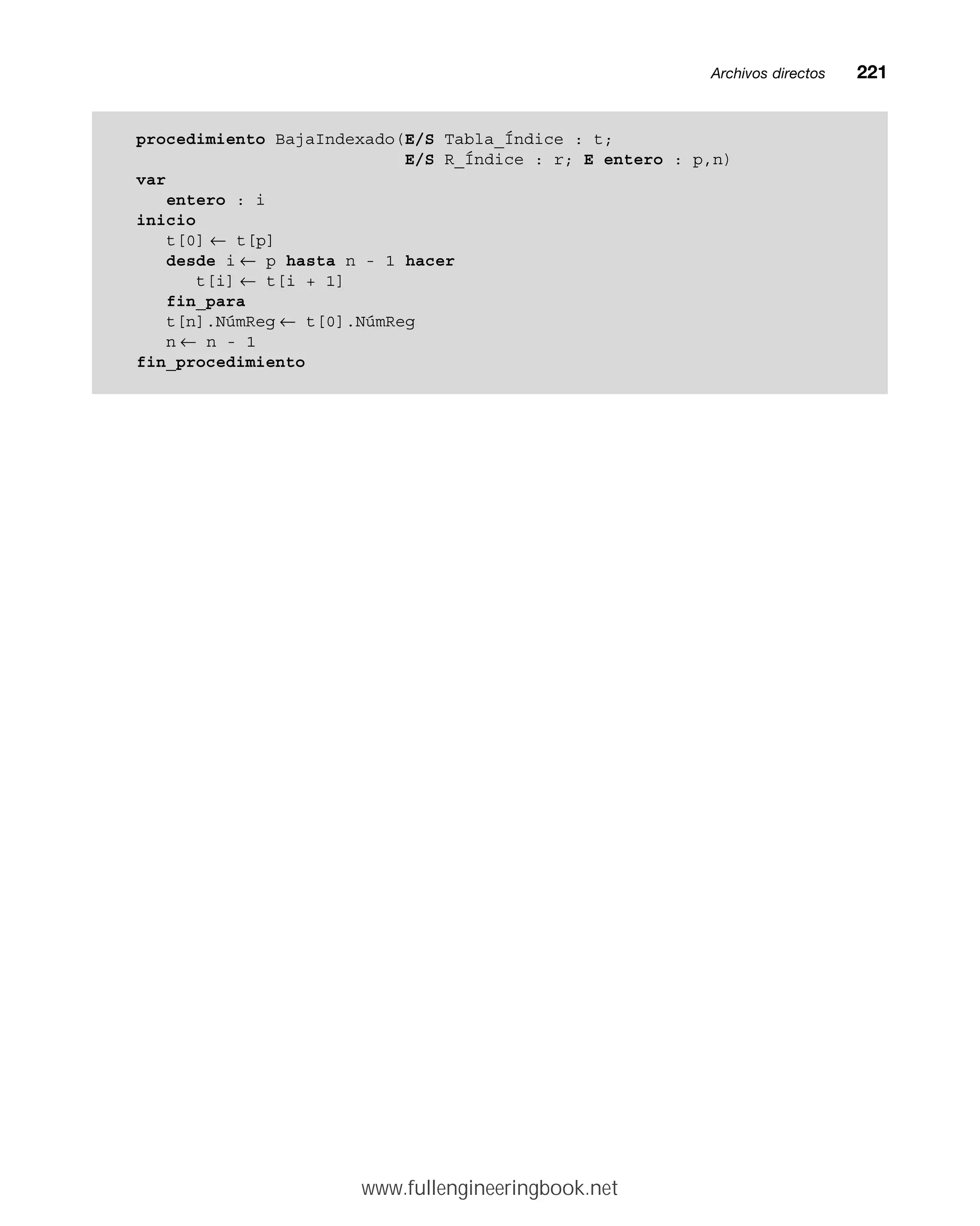 Archivos directosmm221
procedimiento BajaIndexado(E/S Tabla_Índice : t;
E/S R_Índice : r; E entero : p,n)
var
entero : i
inicio
t[0] ← t[p]
desde i ← p hasta n - 1 hacer
t[i] ← t[i + 1]
fin_para
t[n].NúmReg ← t[0].NúmReg
n ← n - 1
fin_procedimiento
www.fullengineeringbook.net
 
