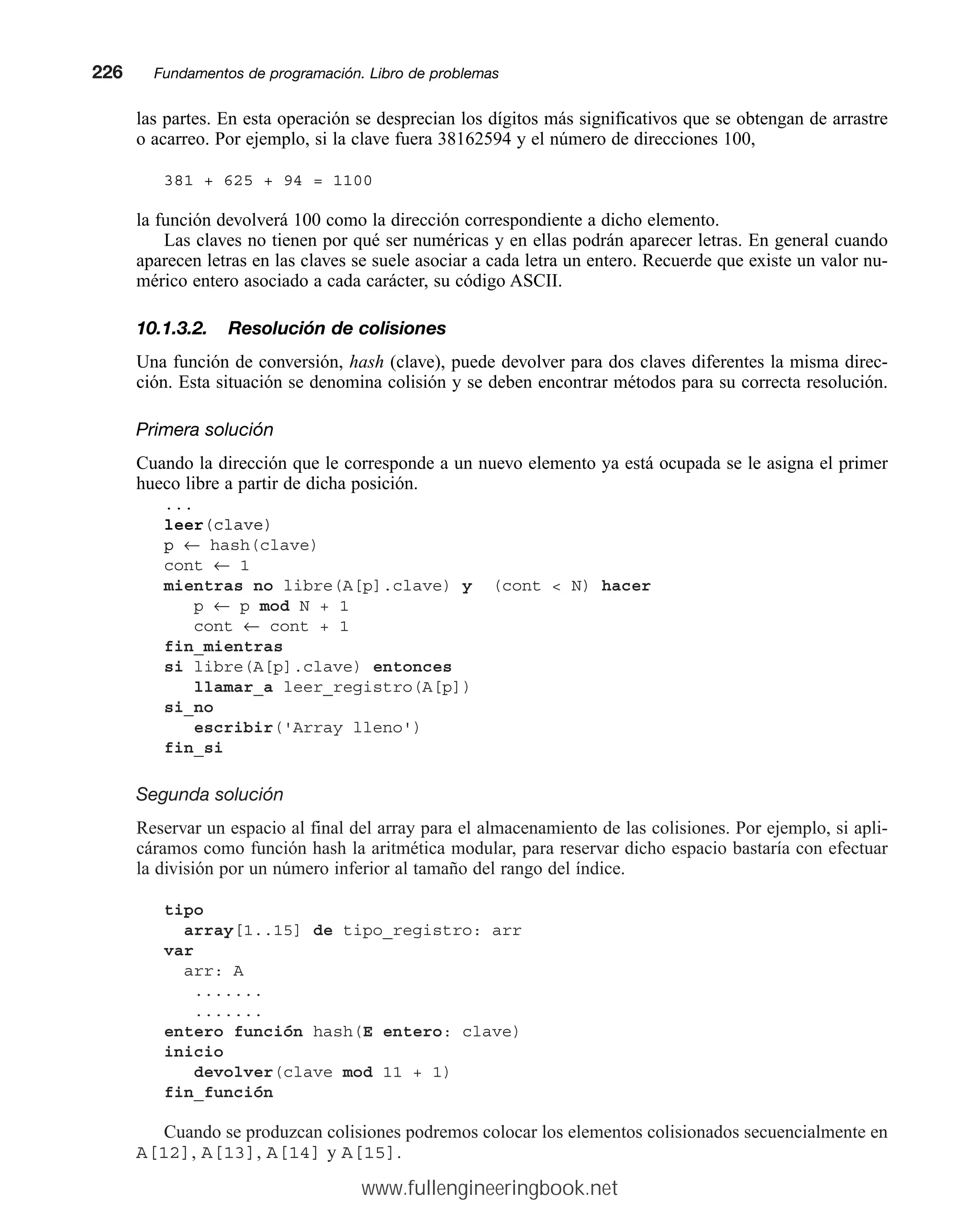 las partes. En esta operación se desprecian los dígitos más significativos que se obtengan de arrastre
o acarreo. Por ejemplo, si la clave fuera 38162594 y el número de direcciones 100,
381 + 625 + 94 = 1100
la función devolverá 100 como la dirección correspondiente a dicho elemento.
Las claves no tienen por qué ser numéricas y en ellas podrán aparecer letras. En general cuando
aparecen letras en las claves se suele asociar a cada letra un entero. Recuerde que existe un valor nu-
mérico entero asociado a cada carácter, su código ASCII.
10.1.3.2. Resolución de colisiones
Una función de conversión, hash (clave), puede devolver para dos claves diferentes la misma direc-
ción. Esta situación se denomina colisión y se deben encontrar métodos para su correcta resolución.
Primera solución
Cuando la dirección que le corresponde a un nuevo elemento ya está ocupada se le asigna el primer
hueco libre a partir de dicha posición.
...
leer(clave)
p ← hash(clave)
cont ← 1
mientras no libre(A[p].clave) y (cont  N) hacer
p ← p mod N + 1
cont ← cont + 1
fin_mientras
si libre(A[p].clave) entonces
llamar_a leer_registro(A[p])
si_no
escribir('Array lleno')
fin_si
Segunda solución
Reservar un espacio al final del array para el almacenamiento de las colisiones. Por ejemplo, si apli-
cáramos como función hash la aritmética modular, para reservar dicho espacio bastaría con efectuar
la división por un número inferior al tamaño del rango del índice.
tipo
array[1..15] de tipo_registro: arr
var
arr: A
.......
.......
entero función hash(E entero: clave)
inicio
devolver(clave mod 11 + 1)
fin_función
Cuando se produzcan colisiones podremos colocar los elementos colisionados secuencialmente en
A[12], A[13], A[14] y A[15].
226mmFundamentos de programación. Libro de problemas
www.fullengineeringbook.net
 