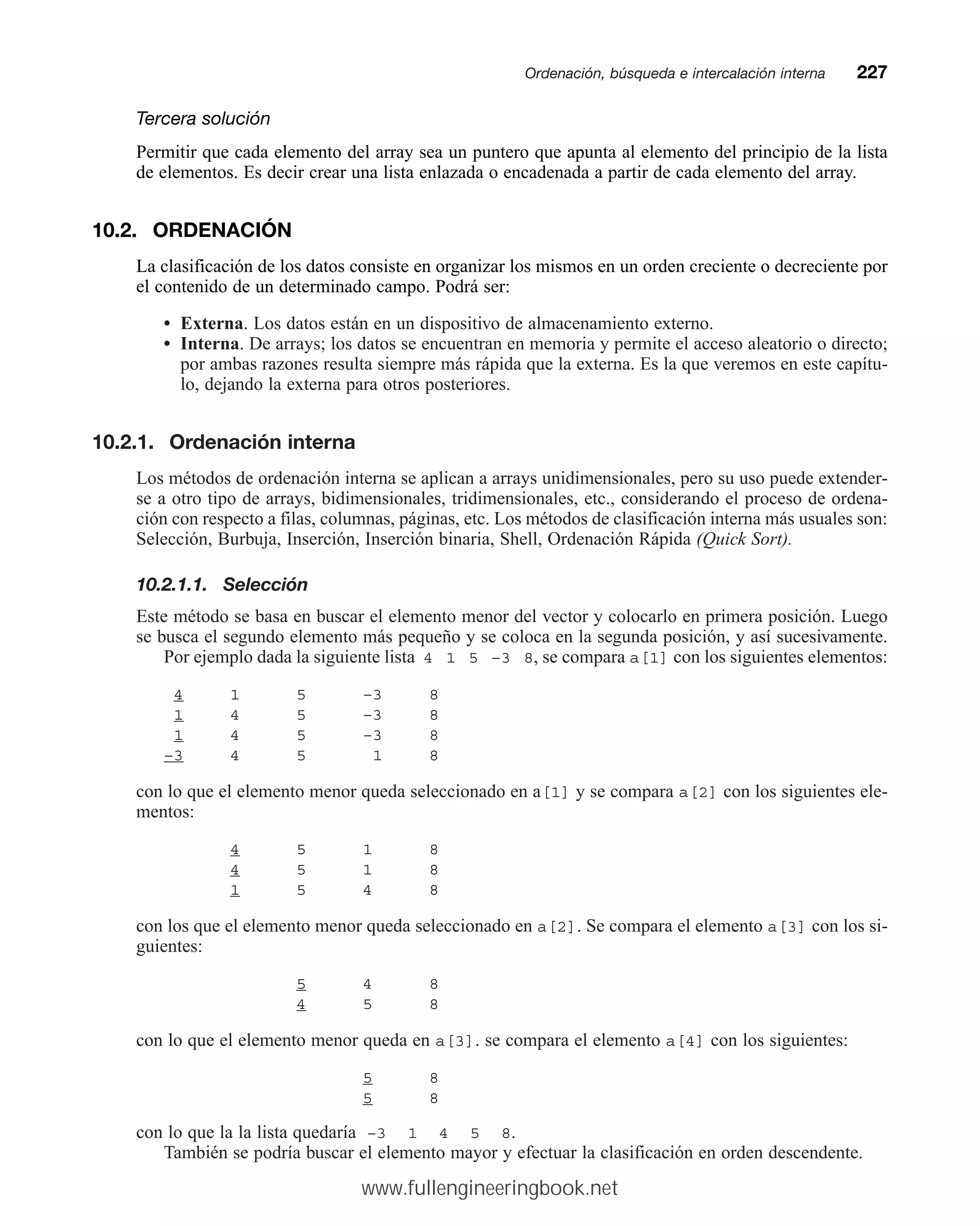 Tercera solución
Permitir que cada elemento del array sea un puntero que apunta al elemento del principio de la lista
de elementos. Es decir crear una lista enlazada o encadenada a partir de cada elemento del array.
10.2. ORDENACIÓN
La clasificación de los datos consiste en organizar los mismos en un orden creciente o decreciente por
el contenido de un determinado campo. Podrá ser:
• Externa. Los datos están en un dispositivo de almacenamiento externo.
• Interna. De arrays; los datos se encuentran en memoria y permite el acceso aleatorio o directo;
por ambas razones resulta siempre más rápida que la externa. Es la que veremos en este capítu-
lo, dejando la externa para otros posteriores.
10.2.1. Ordenación interna
Los métodos de ordenación interna se aplican a arrays unidimensionales, pero su uso puede extender-
se a otro tipo de arrays, bidimensionales, tridimensionales, etc., considerando el proceso de ordena-
ción con respecto a filas, columnas, páginas, etc. Los métodos de clasificación interna más usuales son:
Selección, Burbuja, Inserción, Inserción binaria, Shell, Ordenación Rápida (Quick Sort).
10.2.1.1. Selección
Este método se basa en buscar el elemento menor del vector y colocarlo en primera posición. Luego
se busca el segundo elemento más pequeño y se coloca en la segunda posición, y así sucesivamente.
Por ejemplo dada la siguiente lista 4 1 5 –3 8, se compara a[1] con los siguientes elementos:
4 1 5 –3 8
1 4 5 –3 8
1 4 5 –3 8
–3 4 5 1 8
con lo que el elemento menor queda seleccionado en a[1] y se compara a[2] con los siguientes ele-
mentos:
4 5 1 8
4 5 1 8
1 5 4 8
con los que el elemento menor queda seleccionado en a[2]. Se compara el elemento a[3] con los si-
guientes:
5 4 8
4 5 8
con lo que el elemento menor queda en a[3]. se compara el elemento a[4] con los siguientes:
5 8
5 8
con lo que la la lista quedaría –3 1 4 5 8.
También se podría buscar el elemento mayor y efectuar la clasificación en orden descendente.
Ordenación, búsqueda e intercalación internamm227
www.fullengineeringbook.net
 