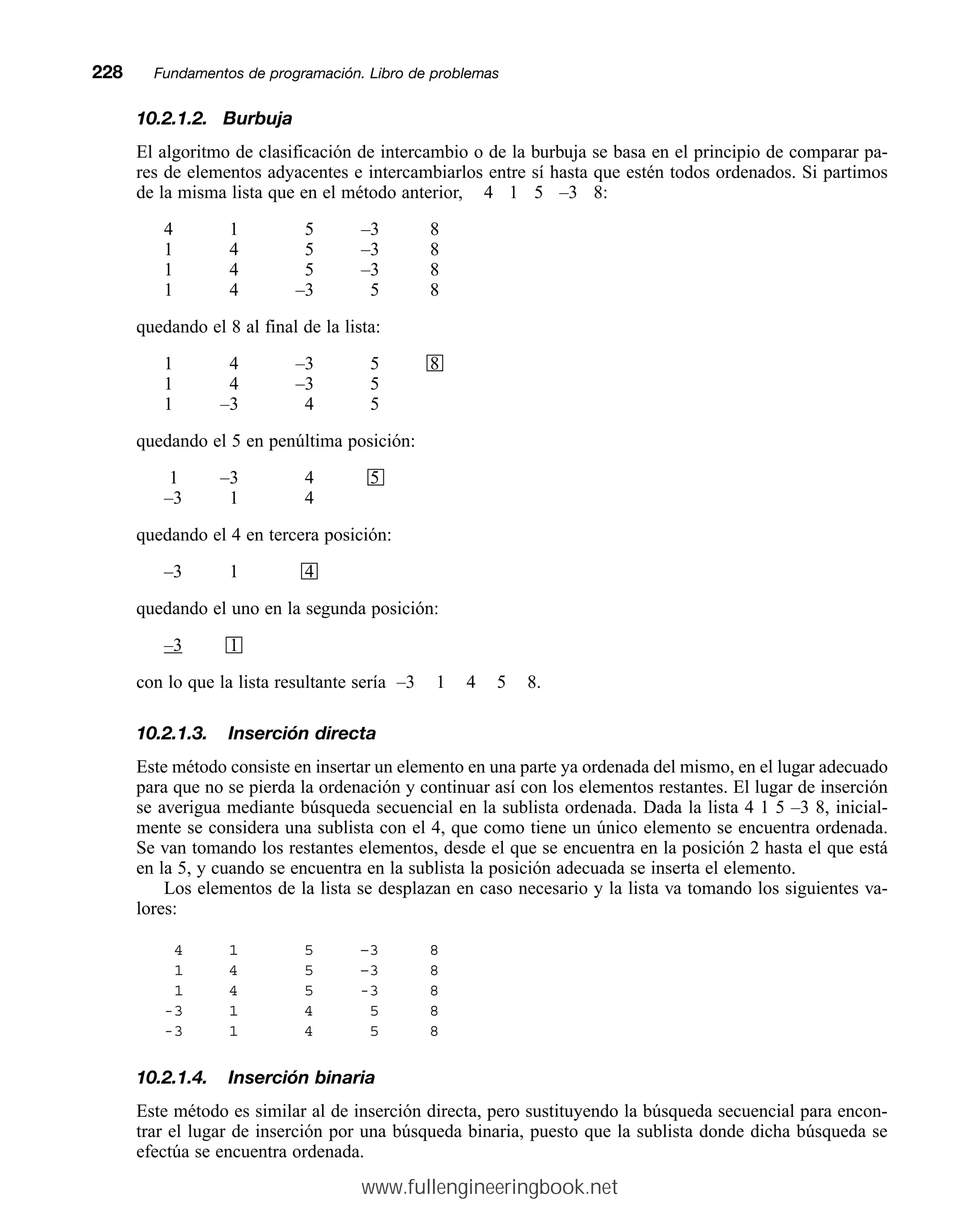 10.2.1.2. Burbuja
El algoritmo de clasificación de intercambio o de la burbuja se basa en el principio de comparar pa-
res de elementos adyacentes e intercambiarlos entre sí hasta que estén todos ordenados. Si partimos
de la misma lista que en el método anterior, 4 1 5 –3 8:
4 1 5 –3 8
1 4 5 –3 8
1 4 5 –3 8
1 4 –3 5 8
quedando el 8 al final de la lista:
1 4 –3 5 8
1 4 –3 5
1 –3 4 5
quedando el 5 en penúltima posición:
1 –3 4 5
–3 1 4
quedando el 4 en tercera posición:
–3 1 4
quedando el uno en la segunda posición:
–3 1
con lo que la lista resultante sería –3 1 4 5 8.
10.2.1.3. Inserción directa
Este método consiste en insertar un elemento en una parte ya ordenada del mismo, en el lugar adecuado
para que no se pierda la ordenación y continuar así con los elementos restantes. El lugar de inserción
se averigua mediante búsqueda secuencial en la sublista ordenada. Dada la lista 4 1 5 –3 8, inicial-
mente se considera una sublista con el 4, que como tiene un único elemento se encuentra ordenada.
Se van tomando los restantes elementos, desde el que se encuentra en la posición 2 hasta el que está
en la 5, y cuando se encuentra en la sublista la posición adecuada se inserta el elemento.
Los elementos de la lista se desplazan en caso necesario y la lista va tomando los siguientes va-
lores:
4 1 5 –3 8
1 4 5 –3 8
1 4 5 -3 8
-3 1 4 5 8
-3 1 4 5 8
10.2.1.4. Inserción binaria
Este método es similar al de inserción directa, pero sustituyendo la búsqueda secuencial para encon-
trar el lugar de inserción por una búsqueda binaria, puesto que la sublista donde dicha búsqueda se
efectúa se encuentra ordenada.
228mmFundamentos de programación. Libro de problemas
www.fullengineeringbook.net
 