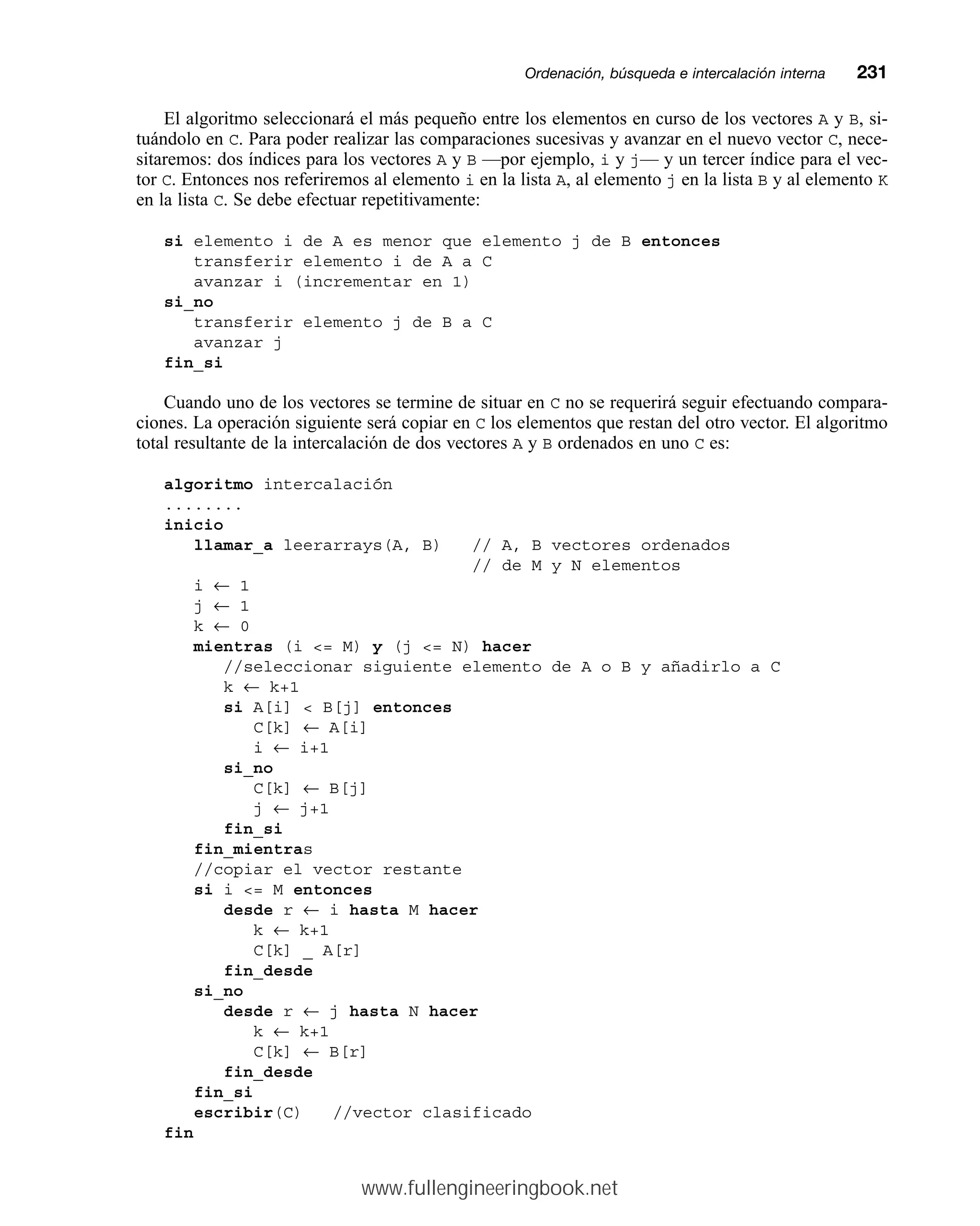 El algoritmo seleccionará el más pequeño entre los elementos en curso de los vectores A y B, si-
tuándolo en C. Para poder realizar las comparaciones sucesivas y avanzar en el nuevo vector C, nece-
sitaremos: dos índices para los vectores A y B —por ejemplo, i y j— y un tercer índice para el vec-
tor C. Entonces nos referiremos al elemento i en la lista A, al elemento j en la lista B y al elemento K
en la lista C. Se debe efectuar repetitivamente:
si elemento i de A es menor que elemento j de B entonces
transferir elemento i de A a C
avanzar i (incrementar en 1)
si_no
transferir elemento j de B a C
avanzar j
fin_si
Cuando uno de los vectores se termine de situar en C no se requerirá seguir efectuando compara-
ciones. La operación siguiente será copiar en C los elementos que restan del otro vector. El algoritmo
total resultante de la intercalación de dos vectores A y B ordenados en uno C es:
algoritmo intercalación
........
inicio
llamar_a leerarrays(A, B) // A, B vectores ordenados
// de M y N elementos
i ← 1
j ← 1
k ← 0
mientras (i = M) y (j = N) hacer
//seleccionar siguiente elemento de A o B y añadirlo a C
k ← k+1
si A[i]  B[j] entonces
C[k] ← A[i]
i ← i+1
si_no
C[k] ← B[j]
j ← j+1
fin_si
fin_mientras
//copiar el vector restante
si i = M entonces
desde r ← i hasta M hacer
k ← k+1
C[k] _ A[r]
fin_desde
si_no
desde r ← j hasta N hacer
k ← k+1
C[k] ← B[r]
fin_desde
fin_si
escribir(C) //vector clasificado
fin
Ordenación, búsqueda e intercalación internamm231
www.fullengineeringbook.net
 