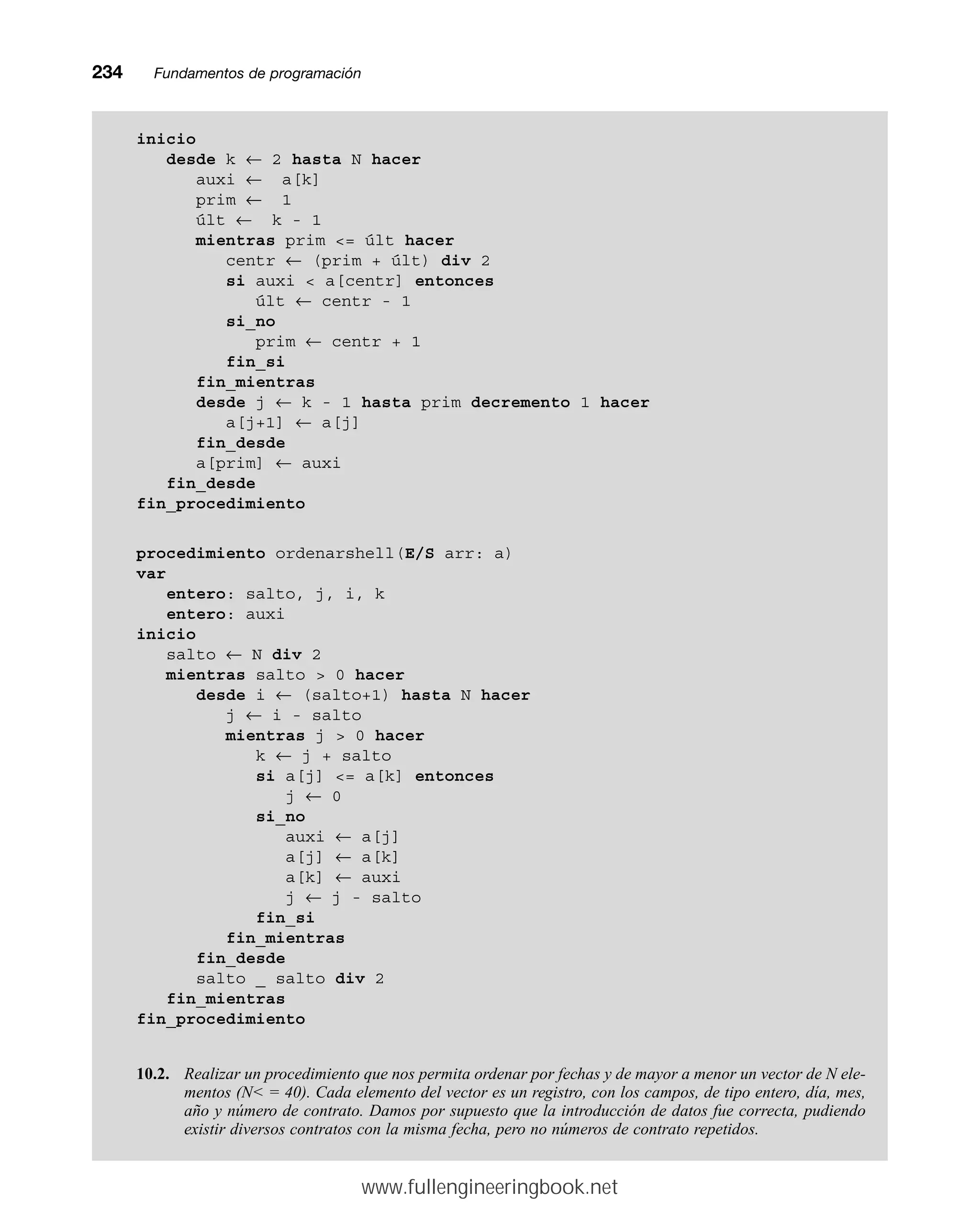 234mmFundamentos de programación
inicio
desde k ← 2 hasta N hacer
auxi ← a[k]
prim ← 1
últ ← k - 1
mientras prim = últ hacer
centr ← (prim + últ) div 2
si auxi  a[centr] entonces
últ ← centr - 1
si_no
prim ← centr + 1
fin_si
fin_mientras
desde j ← k - 1 hasta prim decremento 1 hacer
a[j+1] ← a[j]
fin_desde
a[prim] ← auxi
fin_desde
fin_procedimiento
procedimiento ordenarshell(E/S arr: a)
var
entero: salto, j, i, k
entero: auxi
inicio
salto ← N div 2
mientras salto  0 hacer
desde i ← (salto+1) hasta N hacer
j ← i - salto
mientras j  0 hacer
k ← j + salto
si a[j] = a[k] entonces
j ← 0
si_no
auxi ← a[j]
a[j] ← a[k]
a[k] ← auxi
j ← j - salto
fin_si
fin_mientras
fin_desde
salto _ salto div 2
fin_mientras
fin_procedimiento
10.2. Realizar un procedimiento que nos permita ordenar por fechas y de mayor a menor un vector de N ele-
mentos (N = 40). Cada elemento del vector es un registro, con los campos, de tipo entero, día, mes,
año y número de contrato. Damos por supuesto que la introducción de datos fue correcta, pudiendo
existir diversos contratos con la misma fecha, pero no números de contrato repetidos.
www.fullengineeringbook.net
 