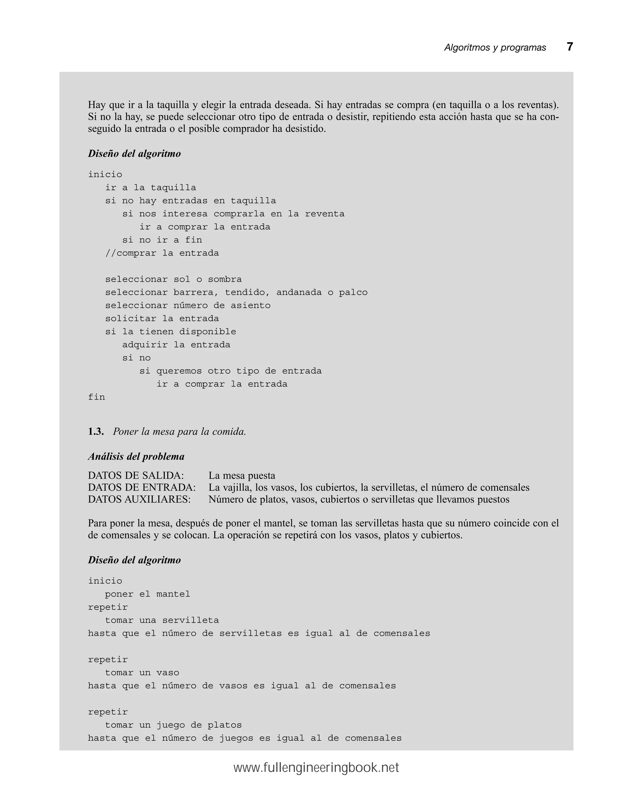 Hay que ir a la taquilla y elegir la entrada deseada. Si hay entradas se compra (en taquilla o a los reventas).
Si no la hay, se puede seleccionar otro tipo de entrada o desistir, repitiendo esta acción hasta que se ha con-
seguido la entrada o el posible comprador ha desistido.
Diseño del algoritmo
inicio
ir a la taquilla
si no hay entradas en taquilla
si nos interesa comprarla en la reventa
ir a comprar la entrada
si no ir a fin
//comprar la entrada
seleccionar sol o sombra
seleccionar barrera, tendido, andanada o palco
seleccionar número de asiento
solicitar la entrada
si la tienen disponible
adquirir la entrada
si no
si queremos otro tipo de entrada
ir a comprar la entrada
fin
1.3. Poner la mesa para la comida.
Análisis del problema
DATOS DE SALIDA: La mesa puesta
DATOS DE ENTRADA: La vajilla, los vasos, los cubiertos, la servilletas, el número de comensales
DATOS AUXILIARES: Número de platos, vasos, cubiertos o servilletas que llevamos puestos
Para poner la mesa, después de poner el mantel, se toman las servilletas hasta que su número coincide con el
de comensales y se colocan. La operación se repetirá con los vasos, platos y cubiertos.
Diseño del algoritmo
inicio
poner el mantel
repetir
tomar una servilleta
hasta que el número de servilletas es igual al de comensales
repetir
tomar un vaso
hasta que el número de vasos es igual al de comensales
repetir
tomar un juego de platos
hasta que el número de juegos es igual al de comensales
Algoritmos y programasmm7
www.fullengineeringbook.net
 