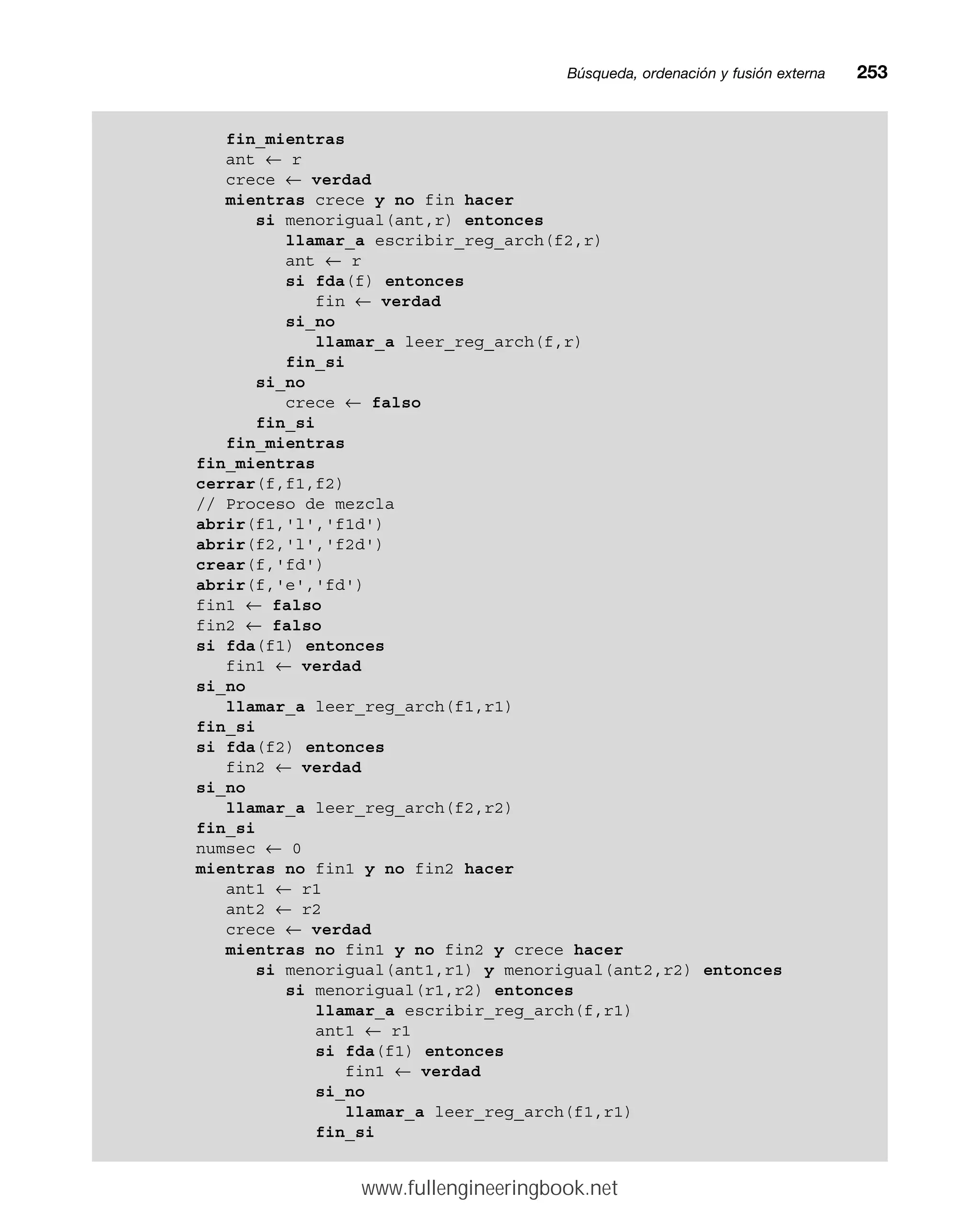 Búsqueda, ordenación y fusión externamm253
fin_mientras
ant ← r
crece ← verdad
mientras crece y no fin hacer
si menorigual(ant,r) entonces
llamar_a escribir_reg_arch(f2,r)
ant ← r
si fda(f) entonces
fin ← verdad
si_no
llamar_a leer_reg_arch(f,r)
fin_si
si_no
crece ← falso
fin_si
fin_mientras
fin_mientras
cerrar(f,f1,f2)
// Proceso de mezcla
abrir(f1,'l','f1d')
abrir(f2,'l','f2d')
crear(f,'fd')
abrir(f,'e','fd')
fin1 ← falso
fin2 ← falso
si fda(f1) entonces
fin1 ← verdad
si_no
llamar_a leer_reg_arch(f1,r1)
fin_si
si fda(f2) entonces
fin2 ← verdad
si_no
llamar_a leer_reg_arch(f2,r2)
fin_si
numsec ← 0
mientras no fin1 y no fin2 hacer
ant1 ← r1
ant2 ← r2
crece ← verdad
mientras no fin1 y no fin2 y crece hacer
si menorigual(ant1,r1) y menorigual(ant2,r2) entonces
si menorigual(r1,r2) entonces
llamar_a escribir_reg_arch(f,r1)
ant1 ← r1
si fda(f1) entonces
fin1 ← verdad
si_no
llamar_a leer_reg_arch(f1,r1)
fin_si
www.fullengineeringbook.net
 