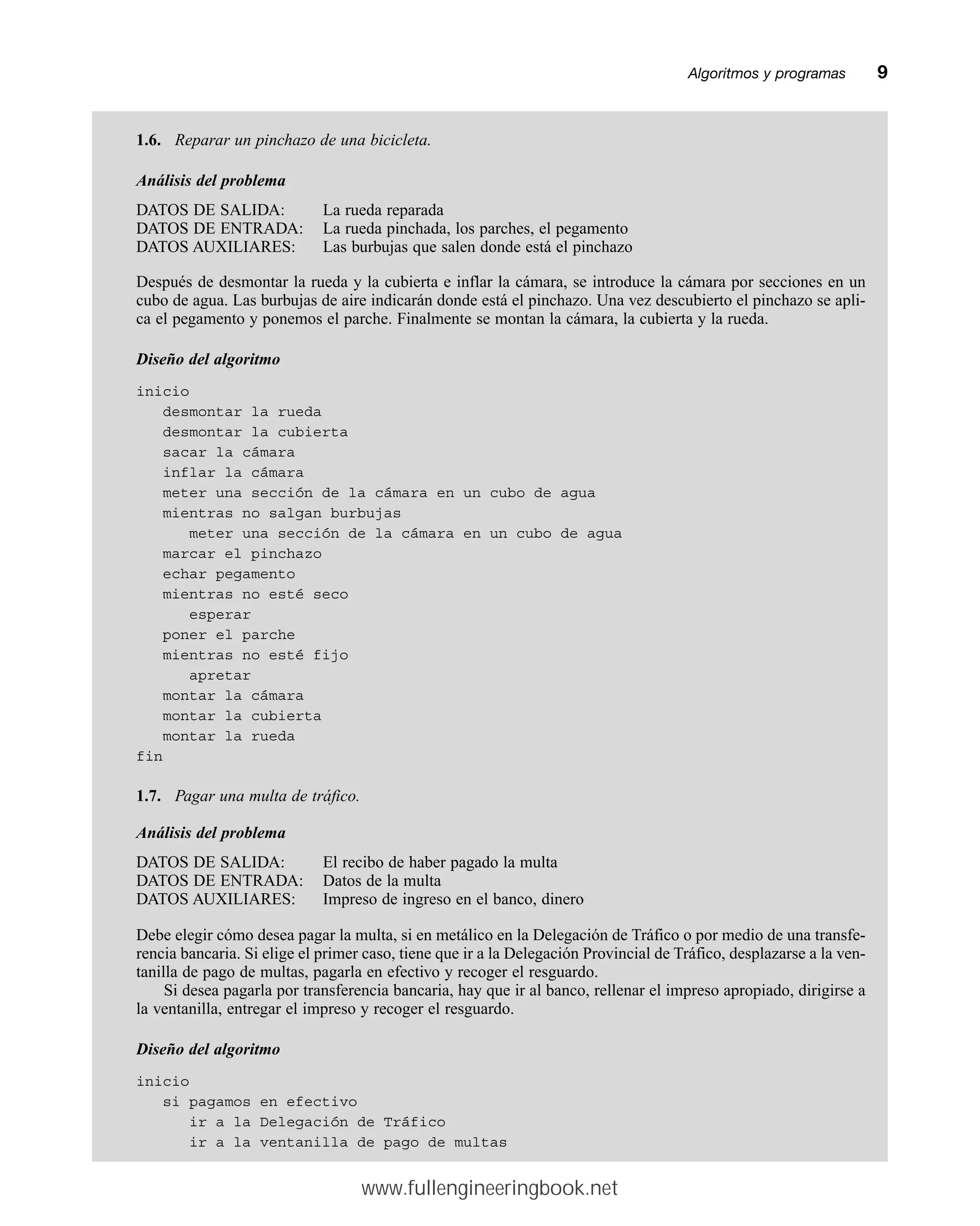 1.6. Reparar un pinchazo de una bicicleta.
Análisis del problema
DATOS DE SALIDA: La rueda reparada
DATOS DE ENTRADA: La rueda pinchada, los parches, el pegamento
DATOS AUXILIARES: Las burbujas que salen donde está el pinchazo
Después de desmontar la rueda y la cubierta e inflar la cámara, se introduce la cámara por secciones en un
cubo de agua. Las burbujas de aire indicarán donde está el pinchazo. Una vez descubierto el pinchazo se apli-
ca el pegamento y ponemos el parche. Finalmente se montan la cámara, la cubierta y la rueda.
Diseño del algoritmo
inicio
desmontar la rueda
desmontar la cubierta
sacar la cámara
inflar la cámara
meter una sección de la cámara en un cubo de agua
mientras no salgan burbujas
meter una sección de la cámara en un cubo de agua
marcar el pinchazo
echar pegamento
mientras no esté seco
esperar
poner el parche
mientras no esté fijo
apretar
montar la cámara
montar la cubierta
montar la rueda
fin
1.7. Pagar una multa de tráfico.
Análisis del problema
DATOS DE SALIDA: El recibo de haber pagado la multa
DATOS DE ENTRADA: Datos de la multa
DATOS AUXILIARES: Impreso de ingreso en el banco, dinero
Debe elegir cómo desea pagar la multa, si en metálico en la Delegación de Tráfico o por medio de una transfe-
rencia bancaria. Si elige el primer caso, tiene que ir a la Delegación Provincial de Tráfico, desplazarse a la ven-
tanilla de pago de multas, pagarla en efectivo y recoger el resguardo.
Si desea pagarla por transferencia bancaria, hay que ir al banco, rellenar el impreso apropiado, dirigirse a
la ventanilla, entregar el impreso y recoger el resguardo.
Diseño del algoritmo
inicio
si pagamos en efectivo
ir a la Delegación de Tráfico
ir a la ventanilla de pago de multas
Algoritmos y programasmm9
www.fullengineeringbook.net
 