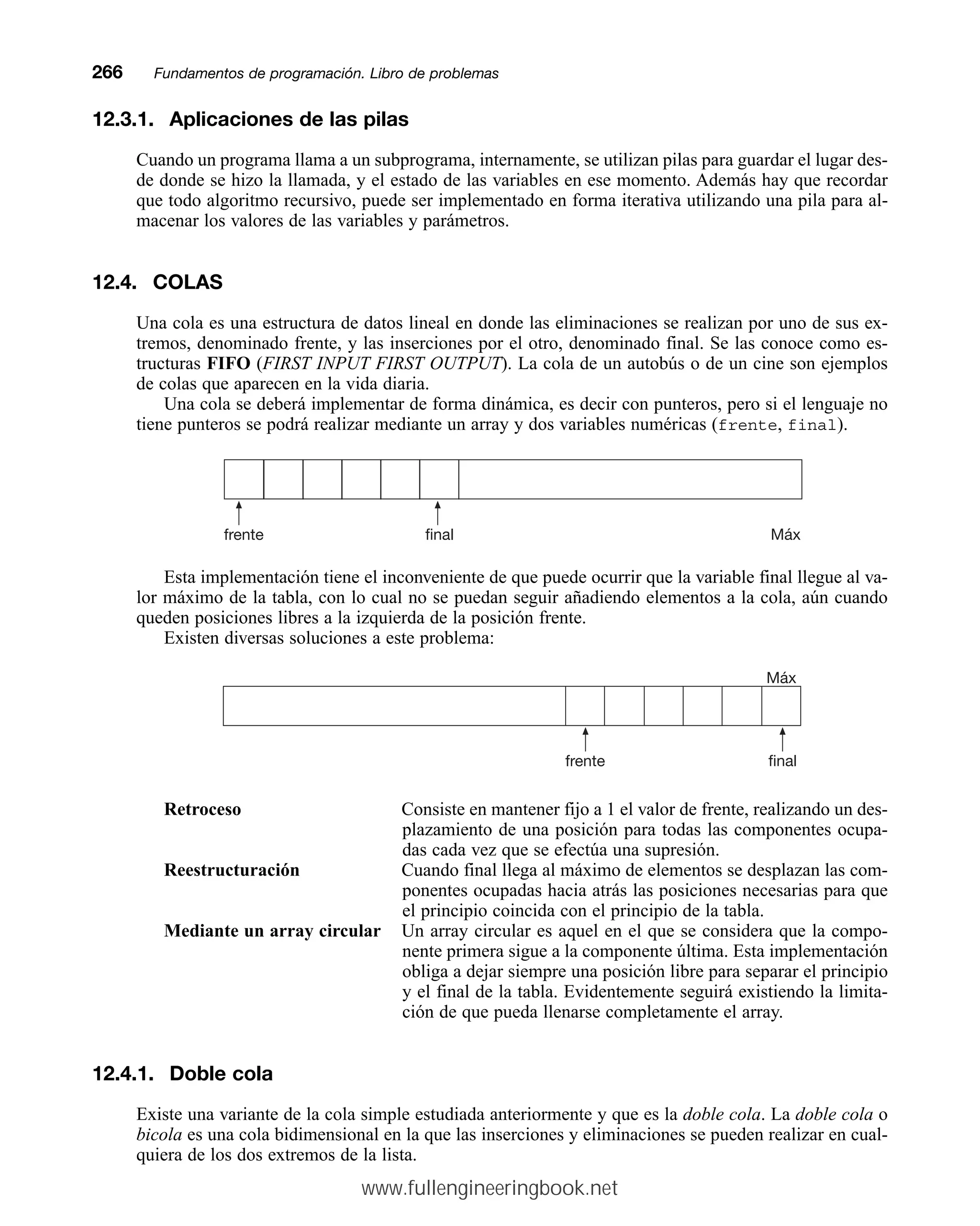 12.3.1. Aplicaciones de las pilas
Cuando un programa llama a un subprograma, internamente, se utilizan pilas para guardar el lugar des-
de donde se hizo la llamada, y el estado de las variables en ese momento. Además hay que recordar
que todo algoritmo recursivo, puede ser implementado en forma iterativa utilizando una pila para al-
macenar los valores de las variables y parámetros.
12.4. COLAS
Una cola es una estructura de datos lineal en donde las eliminaciones se realizan por uno de sus ex-
tremos, denominado frente, y las inserciones por el otro, denominado final. Se las conoce como es-
tructuras FIFO (FIRST INPUT FIRST OUTPUT). La cola de un autobús o de un cine son ejemplos
de colas que aparecen en la vida diaria.
Una cola se deberá implementar de forma dinámica, es decir con punteros, pero si el lenguaje no
tiene punteros se podrá realizar mediante un array y dos variables numéricas (frente, final).
Esta implementación tiene el inconveniente de que puede ocurrir que la variable final llegue al va-
lor máximo de la tabla, con lo cual no se puedan seguir añadiendo elementos a la cola, aún cuando
queden posiciones libres a la izquierda de la posición frente.
Existen diversas soluciones a este problema:
Retroceso Consiste en mantener fijo a 1 el valor de frente, realizando un des-
plazamiento de una posición para todas las componentes ocupa-
das cada vez que se efectúa una supresión.
Reestructuración Cuando final llega al máximo de elementos se desplazan las com-
ponentes ocupadas hacia atrás las posiciones necesarias para que
el principio coincida con el principio de la tabla.
Mediante un array circular Un array circular es aquel en el que se considera que la compo-
nente primera sigue a la componente última. Esta implementación
obliga a dejar siempre una posición libre para separar el principio
y el final de la tabla. Evidentemente seguirá existiendo la limita-
ción de que pueda llenarse completamente el array.
12.4.1. Doble cola
Existe una variante de la cola simple estudiada anteriormente y que es la doble cola. La doble cola o
bicola es una cola bidimensional en la que las inserciones y eliminaciones se pueden realizar en cual-
quiera de los dos extremos de la lista.
266mmFundamentos de programación. Libro de problemas
frente final Máx
Máx
frente final
www.fullengineeringbook.net
 