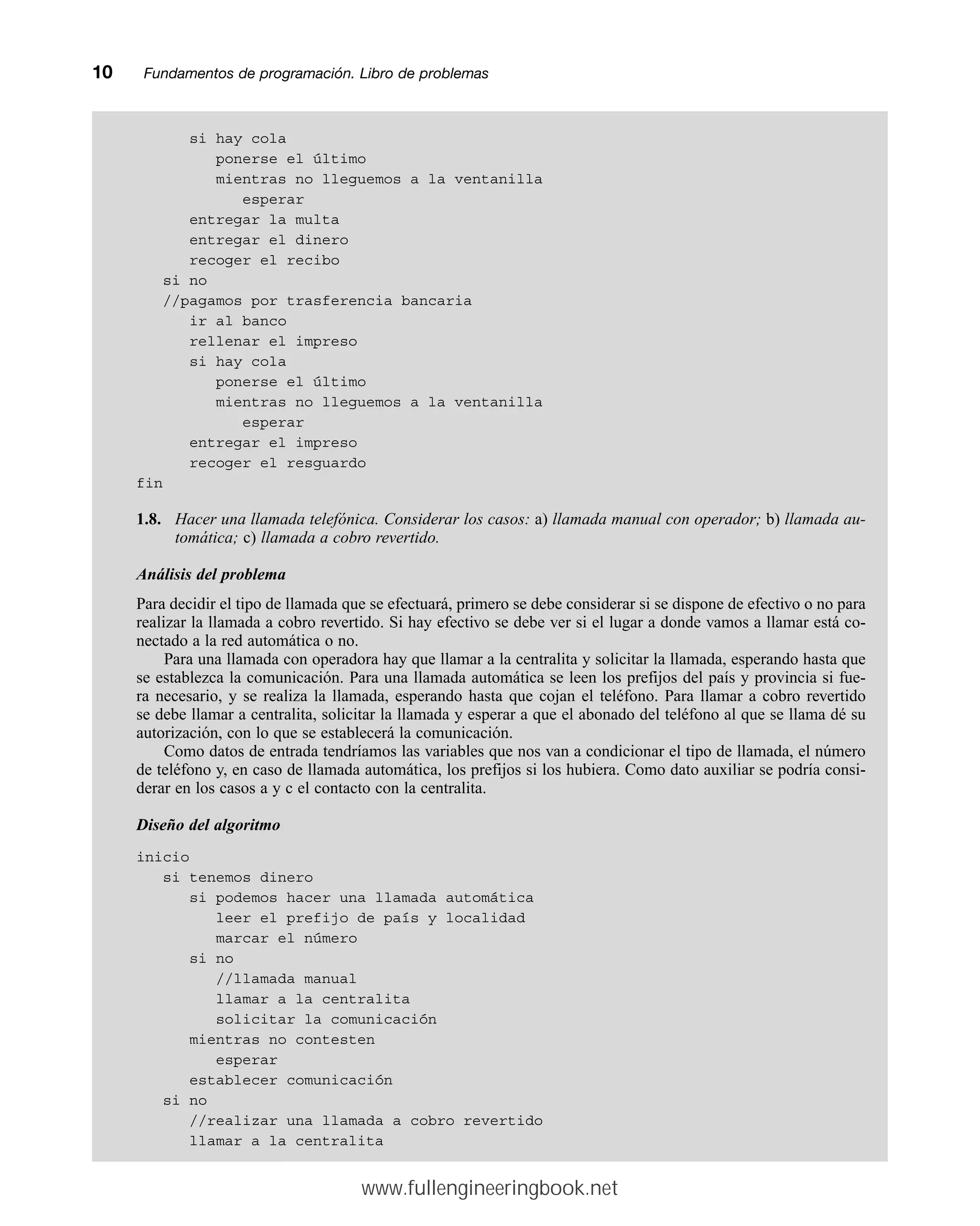 si hay cola
ponerse el último
mientras no lleguemos a la ventanilla
esperar
entregar la multa
entregar el dinero
recoger el recibo
si no
//pagamos por trasferencia bancaria
ir al banco
rellenar el impreso
si hay cola
ponerse el último
mientras no lleguemos a la ventanilla
esperar
entregar el impreso
recoger el resguardo
fin
1.8. Hacer una llamada telefónica. Considerar los casos: a) llamada manual con operador; b) llamada au-
tomática; c) llamada a cobro revertido.
Análisis del problema
Para decidir el tipo de llamada que se efectuará, primero se debe considerar si se dispone de efectivo o no para
realizar la llamada a cobro revertido. Si hay efectivo se debe ver si el lugar a donde vamos a llamar está co-
nectado a la red automática o no.
Para una llamada con operadora hay que llamar a la centralita y solicitar la llamada, esperando hasta que
se establezca la comunicación. Para una llamada automática se leen los prefijos del país y provincia si fue-
ra necesario, y se realiza la llamada, esperando hasta que cojan el teléfono. Para llamar a cobro revertido
se debe llamar a centralita, solicitar la llamada y esperar a que el abonado del teléfono al que se llama dé su
autorización, con lo que se establecerá la comunicación.
Como datos de entrada tendríamos las variables que nos van a condicionar el tipo de llamada, el número
de teléfono y, en caso de llamada automática, los prefijos si los hubiera. Como dato auxiliar se podría consi-
derar en los casos a y c el contacto con la centralita.
Diseño del algoritmo
inicio
si tenemos dinero
si podemos hacer una llamada automática
leer el prefijo de país y localidad
marcar el número
si no
//llamada manual
llamar a la centralita
solicitar la comunicación
mientras no contesten
esperar
establecer comunicación
si no
//realizar una llamada a cobro revertido
llamar a la centralita
10mmFundamentos de programación. Libro de problemas
www.fullengineeringbook.net
 