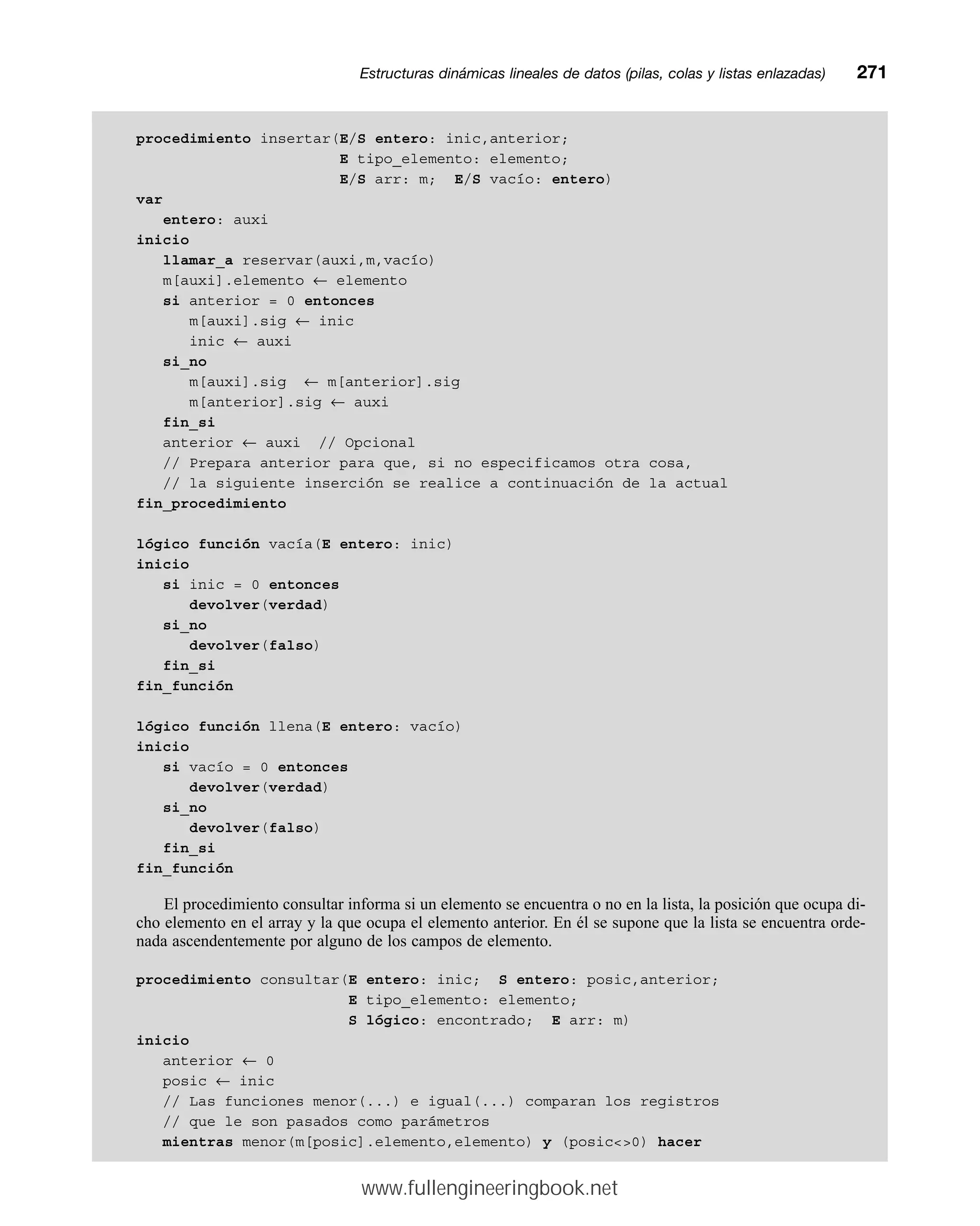 procedimiento insertar(E/S entero: inic,anterior;
E tipo_elemento: elemento;
E/S arr: m; E/S vacío: entero)
var
entero: auxi
inicio
llamar_a reservar(auxi,m,vacío)
m[auxi].elemento ← elemento
si anterior = 0 entonces
m[auxi].sig ← inic
inic ← auxi
si_no
m[auxi].sig ← m[anterior].sig
m[anterior].sig ← auxi
fin_si
anterior ← auxi // Opcional
// Prepara anterior para que, si no especificamos otra cosa,
// la siguiente inserción se realice a continuación de la actual
fin_procedimiento
lógico función vacía(E entero: inic)
inicio
si inic = 0 entonces
devolver(verdad)
si_no
devolver(falso)
fin_si
fin_función
lógico función llena(E entero: vacío)
inicio
si vacío = 0 entonces
devolver(verdad)
si_no
devolver(falso)
fin_si
fin_función
El procedimiento consultar informa si un elemento se encuentra o no en la lista, la posición que ocupa di-
cho elemento en el array y la que ocupa el elemento anterior. En él se supone que la lista se encuentra orde-
nada ascendentemente por alguno de los campos de elemento.
procedimiento consultar(E entero: inic; S entero: posic,anterior;
E tipo_elemento: elemento;
S lógico: encontrado; E arr: m)
inicio
anterior ← 0
posic ← inic
// Las funciones menor(...) e igual(...) comparan los registros
// que le son pasados como parámetros
mientras menor(m[posic].elemento,elemento) y (posic0) hacer
Estructuras dinámicas lineales de datos (pilas, colas y listas enlazadas)mm271
www.fullengineeringbook.net
 