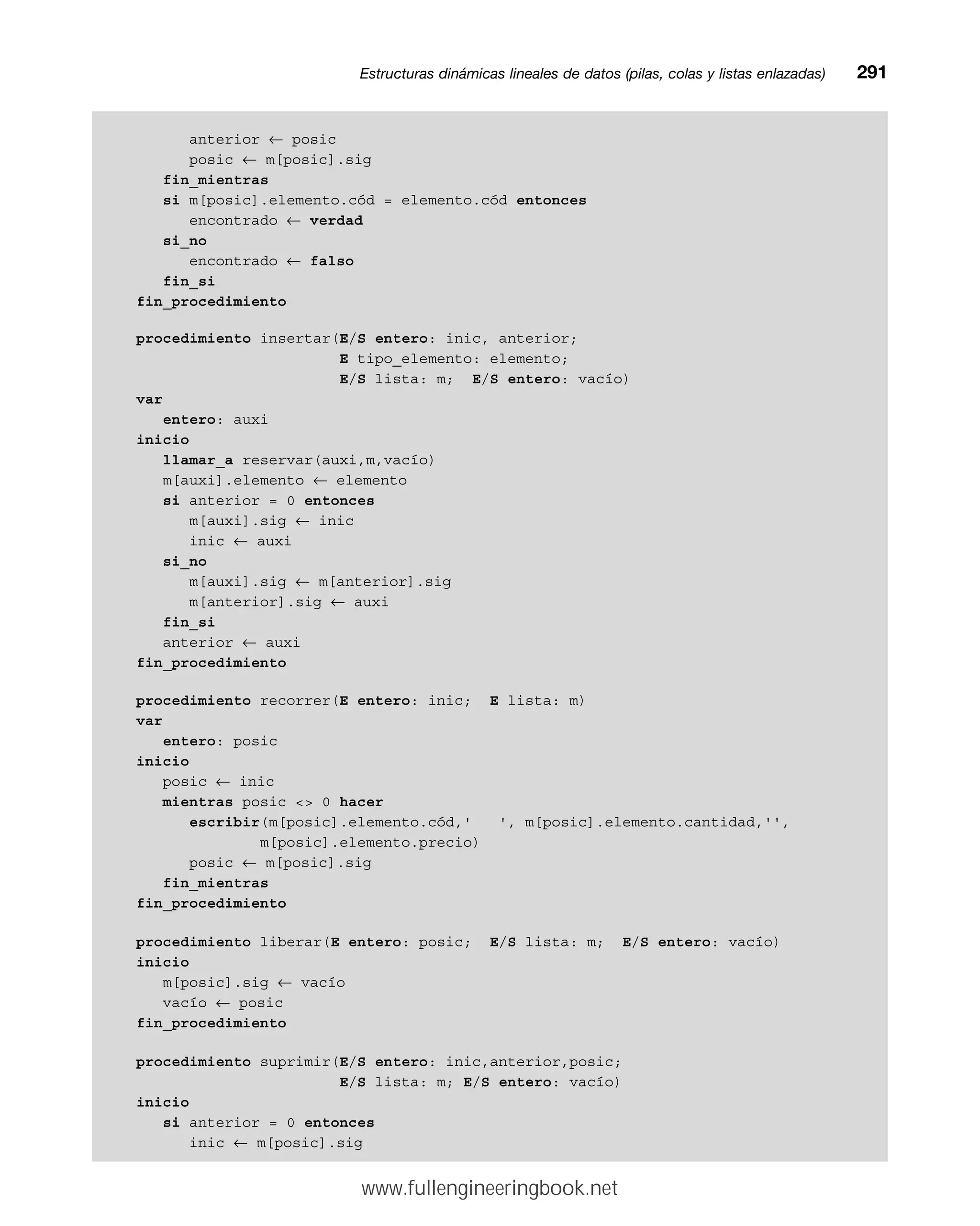 anterior ← posic
posic ← m[posic].sig
fin_mientras
si m[posic].elemento.cód = elemento.cód entonces
encontrado ← verdad
si_no
encontrado ← falso
fin_si
fin_procedimiento
procedimiento insertar(E/S entero: inic, anterior;
E tipo_elemento: elemento;
E/S lista: m; E/S entero: vacío)
var
entero: auxi
inicio
llamar_a reservar(auxi,m,vacío)
m[auxi].elemento ← elemento
si anterior = 0 entonces
m[auxi].sig ← inic
inic ← auxi
si_no
m[auxi].sig ← m[anterior].sig
m[anterior].sig ← auxi
fin_si
anterior ← auxi
fin_procedimiento
procedimiento recorrer(E entero: inic; E lista: m)
var
entero: posic
inicio
posic ← inic
mientras posic  0 hacer
escribir(m[posic].elemento.cód,' ', m[posic].elemento.cantidad,'',
m[posic].elemento.precio)
posic ← m[posic].sig
fin_mientras
fin_procedimiento
procedimiento liberar(E entero: posic; E/S lista: m; E/S entero: vacío)
inicio
m[posic].sig ← vacío
vacío ← posic
fin_procedimiento
procedimiento suprimir(E/S entero: inic,anterior,posic;
E/S lista: m; E/S entero: vacío)
inicio
si anterior = 0 entonces
inic ← m[posic].sig
Estructuras dinámicas lineales de datos (pilas, colas y listas enlazadas)mm291
www.fullengineeringbook.net
 