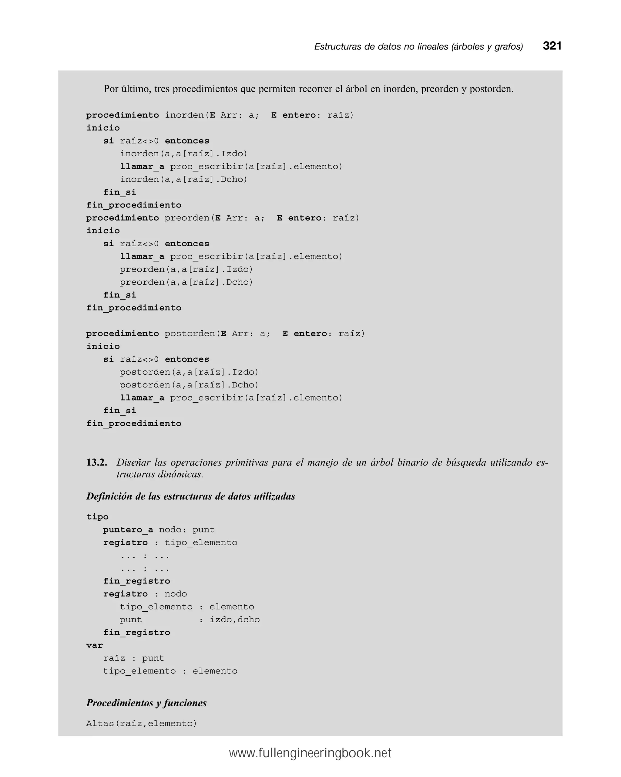 Por último, tres procedimientos que permiten recorrer el árbol en inorden, preorden y postorden.
procedimiento inorden(E Arr: a; E entero: raíz)
inicio
si raíz0 entonces
inorden(a,a[raíz].Izdo)
llamar_a proc_escribir(a[raíz].elemento)
inorden(a,a[raíz].Dcho)
fin_si
fin_procedimiento
procedimiento preorden(E Arr: a; E entero: raíz)
inicio
si raíz0 entonces
llamar_a proc_escribir(a[raíz].elemento)
preorden(a,a[raíz].Izdo)
preorden(a,a[raíz].Dcho)
fin_si
fin_procedimiento
procedimiento postorden(E Arr: a; E entero: raíz)
inicio
si raíz0 entonces
postorden(a,a[raíz].Izdo)
postorden(a,a[raíz].Dcho)
llamar_a proc_escribir(a[raíz].elemento)
fin_si
fin_procedimiento
13.2. Diseñar las operaciones primitivas para el manejo de un árbol binario de búsqueda utilizando es-
tructuras dinámicas.
Definición de las estructuras de datos utilizadas
tipo
puntero_a nodo: punt
registro : tipo_elemento
... : ...
... : ...
fin_registro
registro : nodo
tipo_elemento : elemento
punt : izdo,dcho
fin_registro
var
raíz : punt
tipo_elemento : elemento
Procedimientos y funciones
Altas(raíz,elemento)
Estructuras de datos no lineales (árboles y grafos)mm321
www.fullengineeringbook.net
 