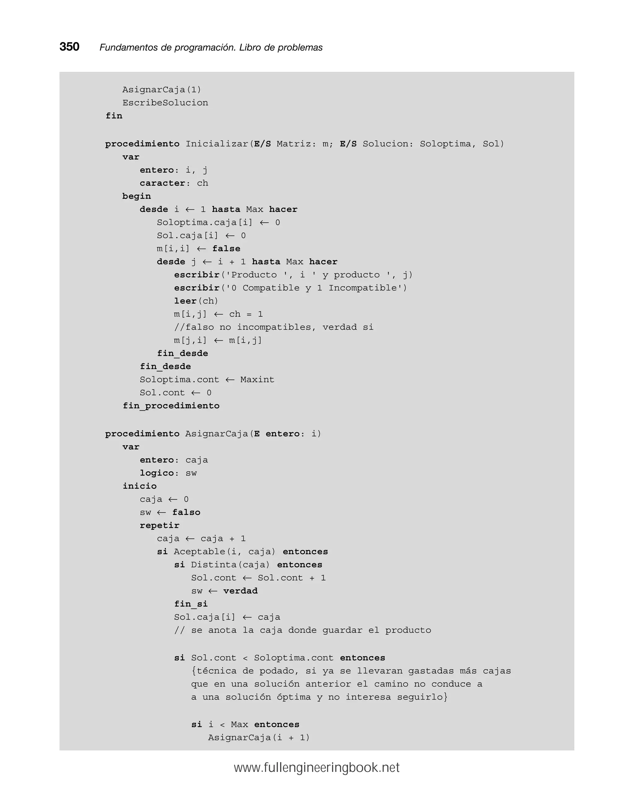 AsignarCaja(1)
EscribeSolucion
fin
procedimiento Inicializar(E/S Matriz: m; E/S Solucion: Soloptima, Sol)
var
entero: i, j
caracter: ch
begin
desde i ← 1 hasta Max hacer
Soloptima.caja[i] ← 0
Sol.caja[i] ← 0
m[i,i] ← false
desde j ← i + 1 hasta Max hacer
escribir('Producto ', i ' y producto ', j)
escribir('0 Compatible y 1 Incompatible')
leer(ch)
m[i,j] ← ch = 1
//falso no incompatibles, verdad si
m[j,i] ← m[i,j]
fin_desde
fin_desde
Soloptima.cont ← Maxint
Sol.cont ← 0
fin_procedimiento
procedimiento AsignarCaja(E entero: i)
var
entero: caja
logico: sw
inicio
caja ← 0
sw ← falso
repetir
caja ← caja + 1
si Aceptable(i, caja) entonces
si Distinta(caja) entonces
Sol.cont ← Sol.cont + 1
sw ← verdad
fin_si
Sol.caja[i] ← caja
// se anota la caja donde guardar el producto
si Sol.cont  Soloptima.cont entonces
{técnica de podado, si ya se llevaran gastadas más cajas
que en una solución anterior el camino no conduce a
a una solución óptima y no interesa seguirlo}
si i  Max entonces
AsignarCaja(i + 1)
350mmFundamentos de programación. Libro de problemas
www.fullengineeringbook.net
 