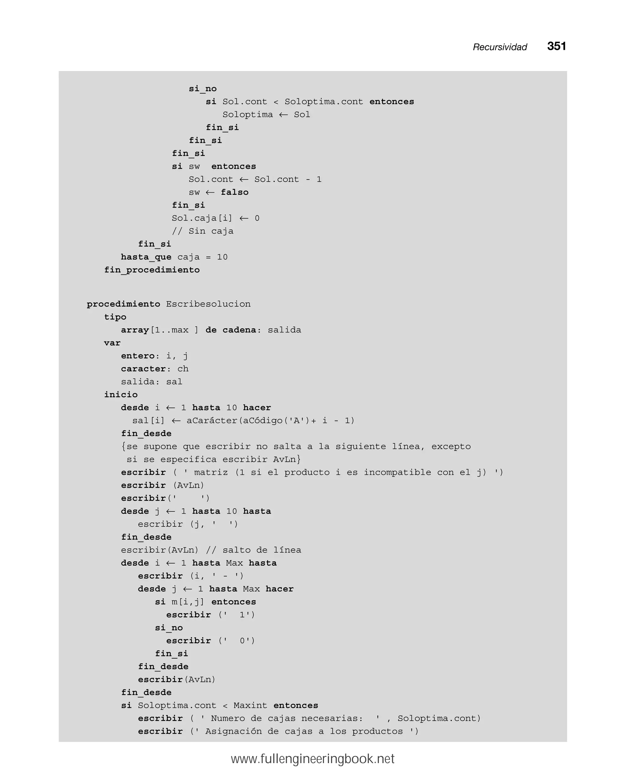 si_no
si Sol.cont  Soloptima.cont entonces
Soloptima ← Sol
fin_si
fin_si
fin_si
si sw entonces
Sol.cont ← Sol.cont - 1
sw ← falso
fin_si
Sol.caja[i] ← 0
// Sin caja
fin_si
hasta_que caja = 10
fin_procedimiento
procedimiento Escribesolucion
tipo
array[1..max ] de cadena: salida
var
entero: i, j
caracter: ch
salida: sal
inicio
desde i ← 1 hasta 10 hacer
sal[i] ← aCarácter(aCódigo('A')+ i - 1)
fin_desde
{se supone que escribir no salta a la siguiente línea, excepto
si se especifica escribir AvLn}
escribir ( ' matriz (1 si el producto i es incompatible con el j) ')
escribir (AvLn)
escribir(' ')
desde j ← 1 hasta 10 hasta
escribir (j, ' ')
fin_desde
escribir(AvLn) // salto de línea
desde i ← 1 hasta Max hasta
escribir (i, ' - ')
desde j ← 1 hasta Max hacer
si m[i,j] entonces
escribir (' 1')
si_no
escribir (' 0')
fin_si
fin_desde
escribir(AvLn)
fin_desde
si Soloptima.cont  Maxint entonces
escribir ( ' Numero de cajas necesarias: ' , Soloptima.cont)
escribir (' Asignación de cajas a los productos ')
Recursividadmm351
www.fullengineeringbook.net
 