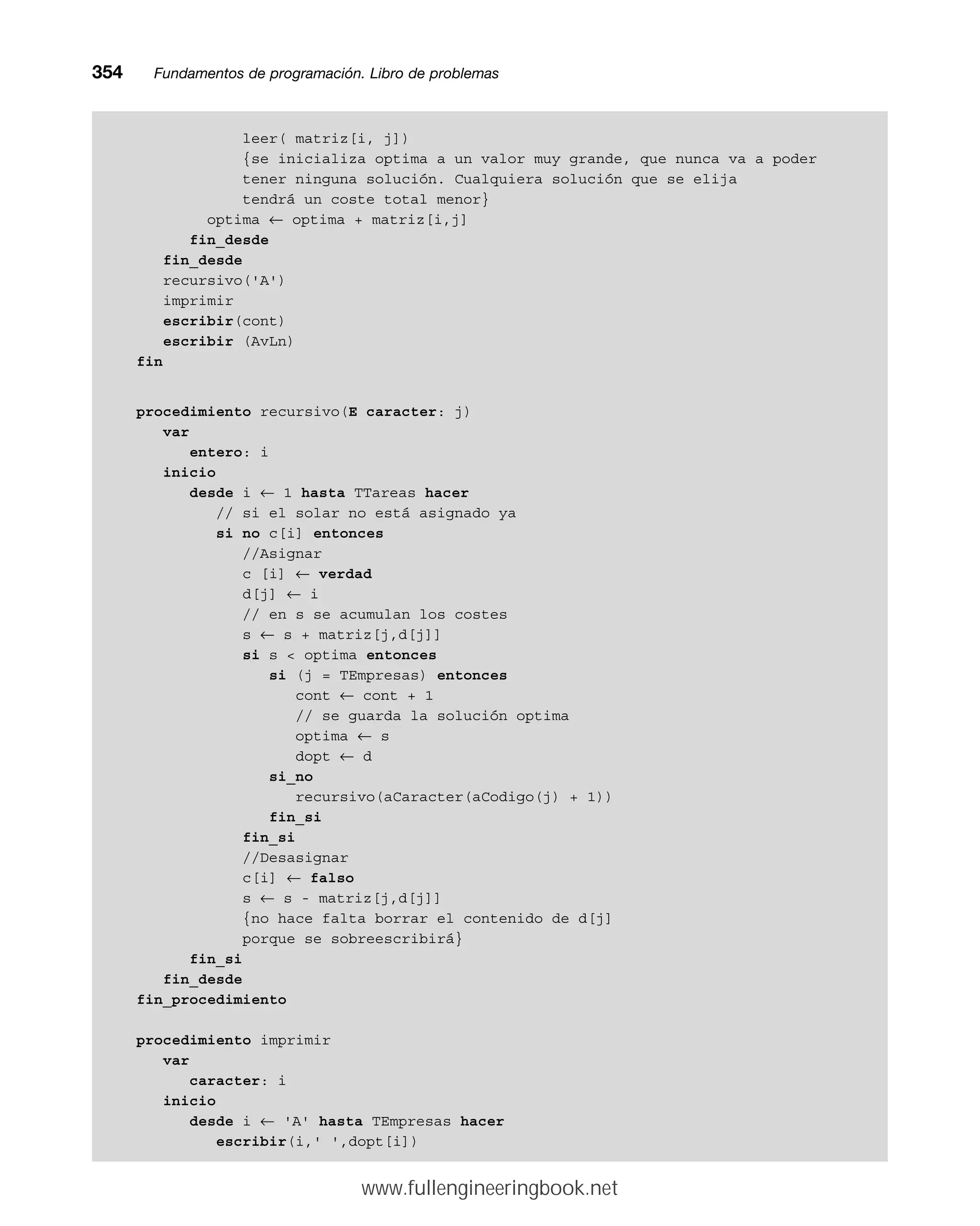 leer( matriz[i, j])
{se inicializa optima a un valor muy grande, que nunca va a poder
tener ninguna solución. Cualquiera solución que se elija
tendrá un coste total menor}
optima ← optima + matriz[i,j]
fin_desde
fin_desde
recursivo('A')
imprimir
escribir(cont)
escribir (AvLn)
fin
procedimiento recursivo(E caracter: j)
var
entero: i
inicio
desde i ← 1 hasta TTareas hacer
// si el solar no está asignado ya
si no c[i] entonces
//Asignar
c [i] ← verdad
d[j] ← i
// en s se acumulan los costes
s ← s + matriz[j,d[j]]
si s  optima entonces
si (j = TEmpresas) entonces
cont ← cont + 1
// se guarda la solución optima
optima ← s
dopt ← d
si_no
recursivo(aCaracter(aCodigo(j) + 1))
fin_si
fin_si
//Desasignar
c[i] ← falso
s ← s - matriz[j,d[j]]
{no hace falta borrar el contenido de d[j]
porque se sobreescribirá}
fin_si
fin_desde
fin_procedimiento
procedimiento imprimir
var
caracter: i
inicio
desde i ← 'A' hasta TEmpresas hacer
escribir(i,' ',dopt[i])
354mmFundamentos de programación. Libro de problemas
www.fullengineeringbook.net
 