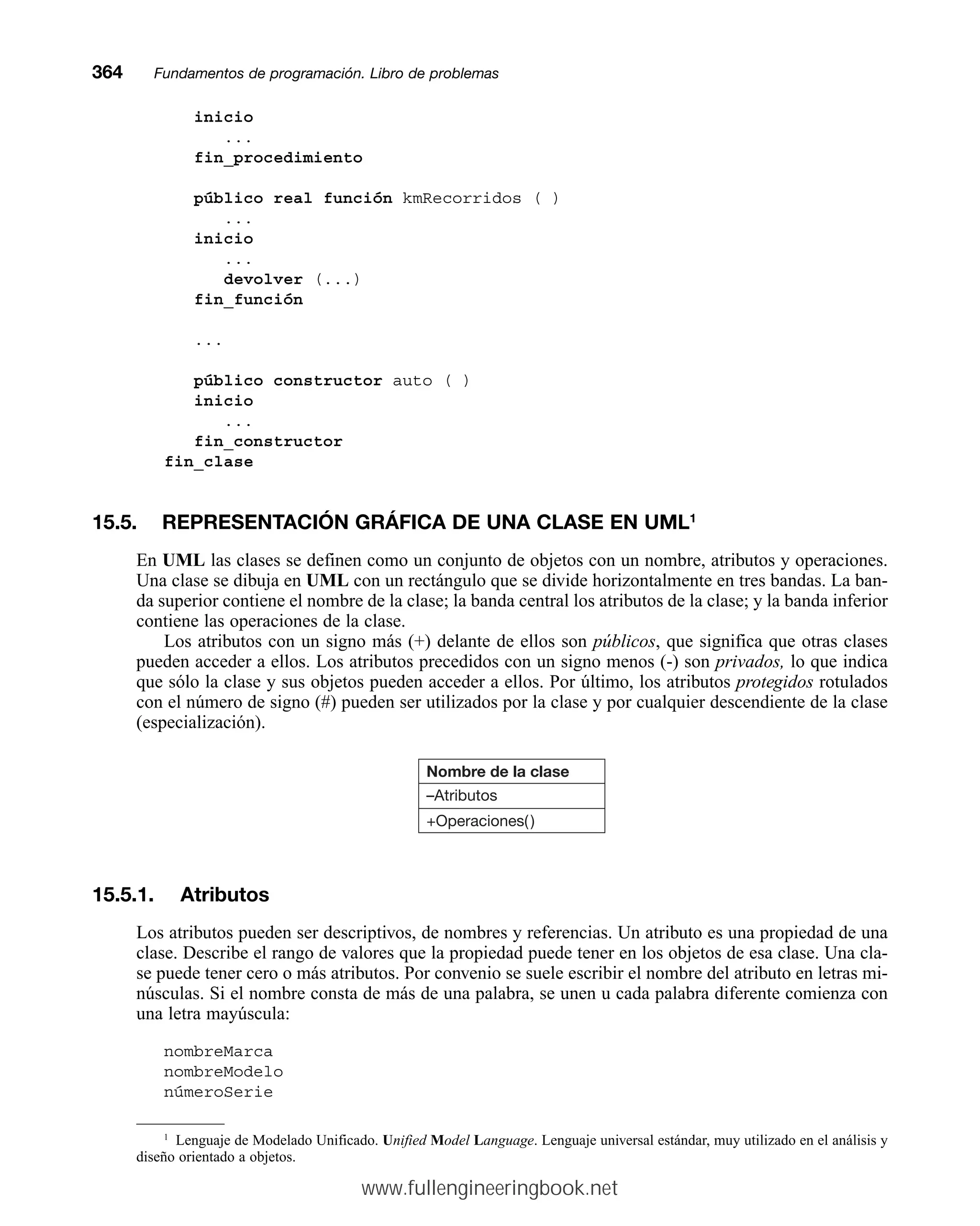 inicio
...
fin_procedimiento
público real función kmRecorridos ( )
...
inicio
...
devolver (...)
fin_función
...
público constructor auto ( )
inicio
...
fin_constructor
fin_clase
15.5. REPRESENTACIÓN GRÁFICA DE UNA CLASE EN UML1
En UML las clases se definen como un conjunto de objetos con un nombre, atributos y operaciones.
Una clase se dibuja en UML con un rectángulo que se divide horizontalmente en tres bandas. La ban-
da superior contiene el nombre de la clase; la banda central los atributos de la clase; y la banda inferior
contiene las operaciones de la clase.
Los atributos con un signo más (+) delante de ellos son públicos, que significa que otras clases
pueden acceder a ellos. Los atributos precedidos con un signo menos (-) son privados, lo que indica
que sólo la clase y sus objetos pueden acceder a ellos. Por último, los atributos protegidos rotulados
con el número de signo (#) pueden ser utilizados por la clase y por cualquier descendiente de la clase
(especialización).
15.5.1. Atributos
Los atributos pueden ser descriptivos, de nombres y referencias. Un atributo es una propiedad de una
clase. Describe el rango de valores que la propiedad puede tener en los objetos de esa clase. Una cla-
se puede tener cero o más atributos. Por convenio se suele escribir el nombre del atributo en letras mi-
núsculas. Si el nombre consta de más de una palabra, se unen u cada palabra diferente comienza con
una letra mayúscula:
nombreMarca
nombreModelo
númeroSerie
Nombre de la clase
–Atributos
+Operaciones( )
364mmFundamentos de programación. Libro de problemas
1
Lenguaje de Modelado Unificado. Unified Model Language. Lenguaje universal estándar, muy utilizado en el análisis y
diseño orientado a objetos.
www.fullengineeringbook.net
 