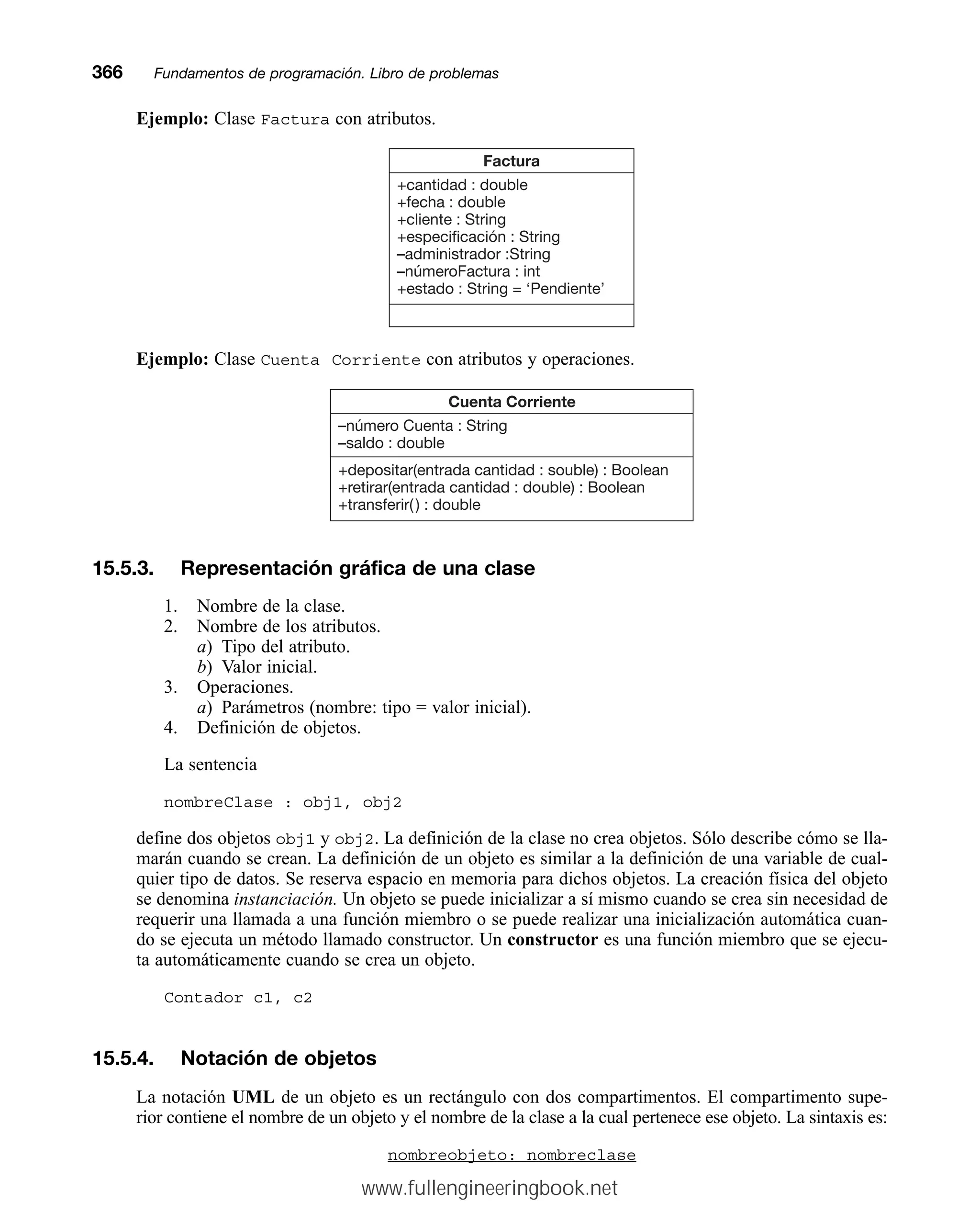 Ejemplo: Clase Factura con atributos.
366mmFundamentos de programación. Libro de problemas
Factura
+cantidad : double
+fecha : double
+cliente : String
+especificación : String
–administrador :String
–númeroFactura : int
+estado : String = ‘Pendiente’
Ejemplo: Clase Cuenta Corriente con atributos y operaciones.
–número Cuenta : String
–saldo : double
+depositar(entrada cantidad : souble) : Boolean
+retirar(entrada cantidad : double) : Boolean
+transferir( ) : double
Cuenta Corriente
15.5.3. Representación gráfica de una clase
1. Nombre de la clase.
2. Nombre de los atributos.
a) Tipo del atributo.
b) Valor inicial.
3. Operaciones.
a) Parámetros (nombre: tipo = valor inicial).
4. Definición de objetos.
La sentencia
nombreClase : obj1, obj2
define dos objetos obj1 y obj2. La definición de la clase no crea objetos. Sólo describe cómo se lla-
marán cuando se crean. La definición de un objeto es similar a la definición de una variable de cual-
quier tipo de datos. Se reserva espacio en memoria para dichos objetos. La creación física del objeto
se denomina instanciación. Un objeto se puede inicializar a sí mismo cuando se crea sin necesidad de
requerir una llamada a una función miembro o se puede realizar una inicialización automática cuan-
do se ejecuta un método llamado constructor. Un constructor es una función miembro que se ejecu-
ta automáticamente cuando se crea un objeto.
Contador c1, c2
15.5.4. Notación de objetos
La notación UML de un objeto es un rectángulo con dos compartimentos. El compartimento supe-
rior contiene el nombre de un objeto y el nombre de la clase a la cual pertenece ese objeto. La sintaxis es:
nombreobjeto: nombreclase
www.fullengineeringbook.net
 