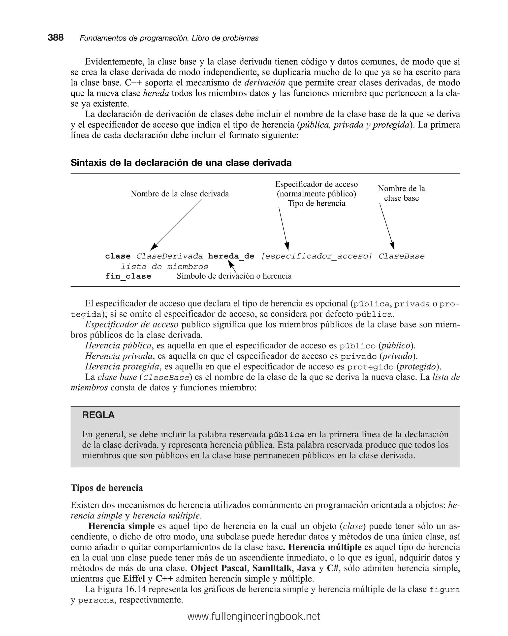 Evidentemente, la clase base y la clase derivada tienen código y datos comunes, de modo que si
se crea la clase derivada de modo independiente, se duplicaría mucho de lo que ya se ha escrito para
la clase base. C++ soporta el mecanismo de derivación que permite crear clases derivadas, de modo
que la nueva clase hereda todos los miembros datos y las funciones miembro que pertenecen a la cla-
se ya existente.
La declaración de derivación de clases debe incluir el nombre de la clase base de la que se deriva
y el especificador de acceso que indica el tipo de herencia (pública, privada y protegida). La primera
línea de cada declaración debe incluir el formato siguiente:
Sintaxis de la declaración de una clase derivada
Especificador de acceso
Nombre de la clase derivada (normalmente público)
Nombre de la
Tipo de herencia
clase base
clase ClaseDerivada hereda_de [especificador_acceso] ClaseBase
lista_de_miembros
fin_clase Símbolo de derivación o herencia
El especificador de acceso que declara el tipo de herencia es opcional (pública, privada o pro-
tegida); si se omite el especificador de acceso, se considera por defecto pública.
Especificador de acceso publico significa que los miembros públicos de la clase base son miem-
bros públicos de la clase derivada.
Herencia pública, es aquella en que el especificador de acceso es público (público).
Herencia privada, es aquella en que el especificador de acceso es privado (privado).
Herencia protegida, es aquella en que el especificador de acceso es protegido (protegido).
La clase base (ClaseBase) es el nombre de la clase de la que se deriva la nueva clase. La lista de
miembros consta de datos y funciones miembro:
REGLA
En general, se debe incluir la palabra reservada pública en la primera línea de la declaración
de la clase derivada, y representa herencia pública. Esta palabra reservada produce que todos los
miembros que son públicos en la clase base permanecen públicos en la clase derivada.
Tipos de herencia
Existen dos mecanismos de herencia utilizados comúnmente en programación orientada a objetos: he-
rencia simple y herencia múltiple.
Herencia simple es aquel tipo de herencia en la cual un objeto (clase) puede tener sólo un as-
cendiente, o dicho de otro modo, una subclase puede heredar datos y métodos de una única clase, así
como añadir o quitar comportamientos de la clase base. Herencia múltiple es aquel tipo de herencia
en la cual una clase puede tener más de un ascendiente inmediato, o lo que es igual, adquirir datos y
métodos de más de una clase. Object Pascal, Samlltalk, Java y C#, sólo admiten herencia simple,
mientras que Eiffel y C++ admiten herencia simple y múltiple.
La Figura 16.14 representa los gráficos de herencia simple y herencia múltiple de la clase figura
y persona, respectivamente.
388mmFundamentos de programación. Libro de problemas
www.fullengineeringbook.net
 