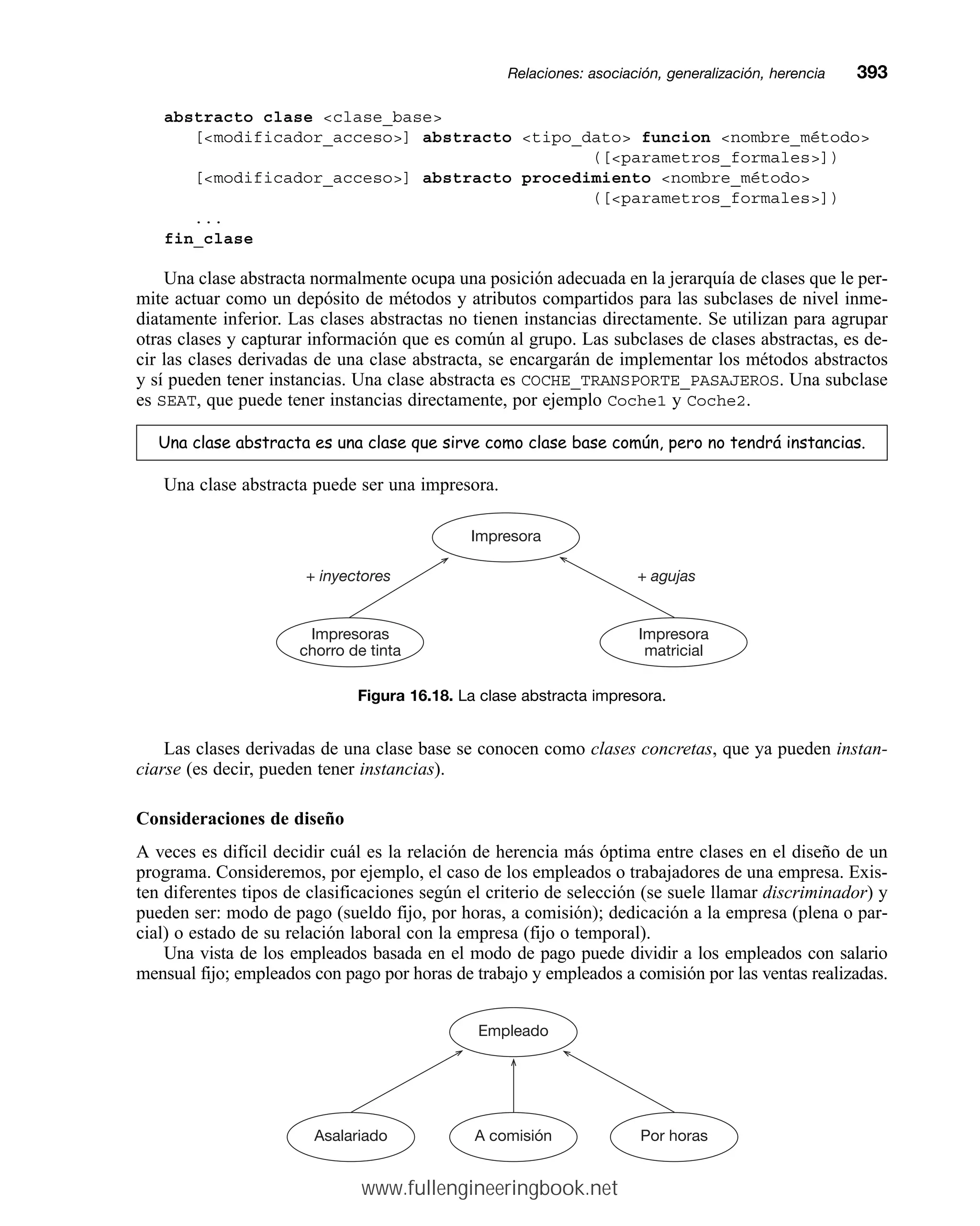 abstracto clase clase_base
[modificador_acceso] abstracto tipo_dato funcion nombre_método
([parametros_formales])
[modificador_acceso] abstracto procedimiento nombre_método
([parametros_formales])
...
fin_clase
Una clase abstracta normalmente ocupa una posición adecuada en la jerarquía de clases que le per-
mite actuar como un depósito de métodos y atributos compartidos para las subclases de nivel inme-
diatamente inferior. Las clases abstractas no tienen instancias directamente. Se utilizan para agrupar
otras clases y capturar información que es común al grupo. Las subclases de clases abstractas, es de-
cir las clases derivadas de una clase abstracta, se encargarán de implementar los métodos abstractos
y sí pueden tener instancias. Una clase abstracta es COCHE_TRANSPORTE_PASAJEROS. Una subclase
es SEAT, que puede tener instancias directamente, por ejemplo Coche1 y Coche2.
8QDFODVHDEVWUDFWDHVXQDFODVHTXHVLUYHFRPRFODVHEDVHFRP~QSHURQRWHQGUiLQVWDQFLDV
Una clase abstracta puede ser una impresora.
Relaciones: asociación, generalización, herenciamm393
Figura 16.18. La clase abstracta impresora.
Impresora
Impresoras
chorro de tinta
Impresora
matricial
+ inyectores + agujas
Las clases derivadas de una clase base se conocen como clases concretas, que ya pueden instan-
ciarse (es decir, pueden tener instancias).
Consideraciones de diseño
A veces es difícil decidir cuál es la relación de herencia más óptima entre clases en el diseño de un
programa. Consideremos, por ejemplo, el caso de los empleados o trabajadores de una empresa. Exis-
ten diferentes tipos de clasificaciones según el criterio de selección (se suele llamar discriminador) y
pueden ser: modo de pago (sueldo fijo, por horas, a comisión); dedicación a la empresa (plena o par-
cial) o estado de su relación laboral con la empresa (fijo o temporal).
Una vista de los empleados basada en el modo de pago puede dividir a los empleados con salario
mensual fijo; empleados con pago por horas de trabajo y empleados a comisión por las ventas realizadas.
Empleado
A comisión
Asalariado Por horas
www.fullengineeringbook.net
 