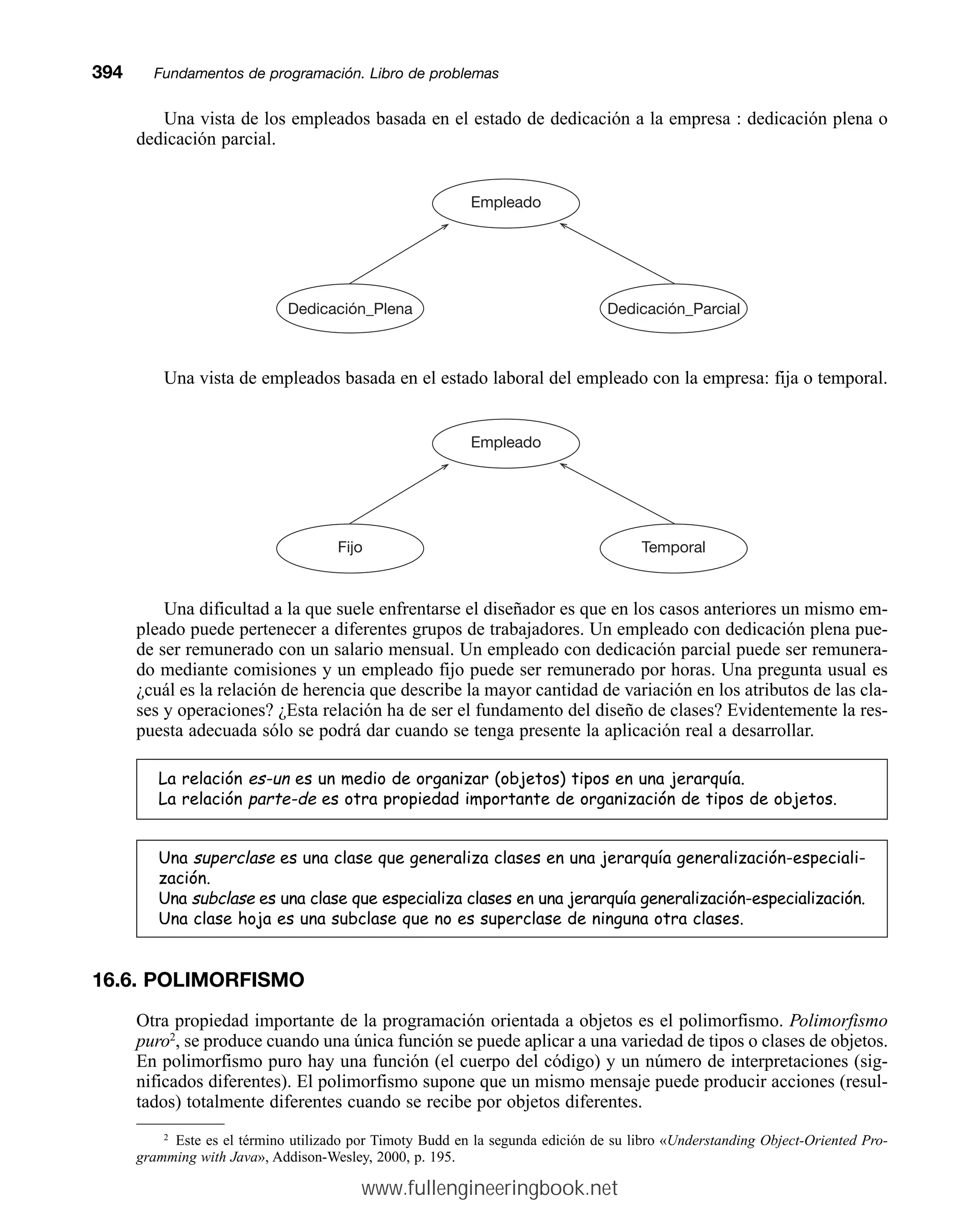 Una vista de los empleados basada en el estado de dedicación a la empresa : dedicación plena o
dedicación parcial.
394mmFundamentos de programación. Libro de problemas
Empleado
Dedicación_Plena Dedicación_Parcial
Una vista de empleados basada en el estado laboral del empleado con la empresa: fija o temporal.
Empleado
Fijo Temporal
Una dificultad a la que suele enfrentarse el diseñador es que en los casos anteriores un mismo em-
pleado puede pertenecer a diferentes grupos de trabajadores. Un empleado con dedicación plena pue-
de ser remunerado con un salario mensual. Un empleado con dedicación parcial puede ser remunera-
do mediante comisiones y un empleado fijo puede ser remunerado por horas. Una pregunta usual es
¿cuál es la relación de herencia que describe la mayor cantidad de variación en los atributos de las cla-
ses y operaciones? ¿Esta relación ha de ser el fundamento del diseño de clases? Evidentemente la res-
puesta adecuada sólo se podrá dar cuando se tenga presente la aplicación real a desarrollar.
/DUHODFLyQHVXQHVXQPHGLRGHRUJDQL]DU REMHWRV WLSRVHQXQDMHUDUTXtD
/DUHODFLyQSDUWHGH HVRWUDSURSLHGDGLPSRUWDQWHGHRUJDQL]DFLyQGHWLSRVGHREMHWRV
8QDVXSHUFODVH HVXQDFODVHTXHJHQHUDOL]DFODVHVHQXQDMHUDUTXtDJHQHUDOL]DFLyQHVSHFLDOL
]DFLyQ
8QDVXEFODVHHVXQDFODVHTXHHVSHFLDOL]DFODVHVHQXQDMHUDUTXtDJHQHUDOL]DFLyQHVSHFLDOL]DFLyQ
8QDFODVHKRMDHVXQDVXEFODVHTXHQRHVVXSHUFODVHGHQLQJXQDRWUDFODVHV
16.6. POLIMORFISMO
Otra propiedad importante de la programación orientada a objetos es el polimorfismo. Polimorfismo
puro2
, se produce cuando una única función se puede aplicar a una variedad de tipos o clases de objetos.
En polimorfismo puro hay una función (el cuerpo del código) y un número de interpretaciones (sig-
nificados diferentes). El polimorfismo supone que un mismo mensaje puede producir acciones (resul-
tados) totalmente diferentes cuando se recibe por objetos diferentes.
2
Este es el término utilizado por Timoty Budd en la segunda edición de su libro «Understanding Object-Oriented Pro-
gramming with Java», Addison-Wesley, 2000, p. 195.
www.fullengineeringbook.net
 