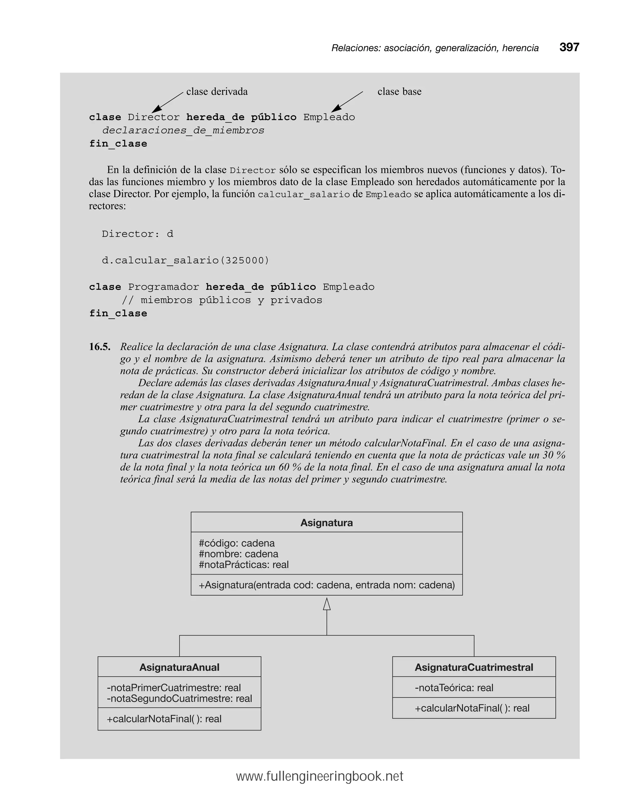Relaciones: asociación, generalización, herenciamm397
clase derivada clase base
clase Director hereda_de público Empleado
declaraciones_de_miembros
fin_clase
En la definición de la clase Director sólo se especifican los miembros nuevos (funciones y datos). To-
das las funciones miembro y los miembros dato de la clase Empleado son heredados automáticamente por la
clase Director. Por ejemplo, la función calcular_salario de Empleado se aplica automáticamente a los di-
rectores:
Director: d
d.calcular_salario(325000)
clase Programador hereda_de público Empleado
// miembros públicos y privados
fin_clase
16.5. Realice la declaración de una clase Asignatura. La clase contendrá atributos para almacenar el códi-
go y el nombre de la asignatura. Asimismo deberá tener un atributo de tipo real para almacenar la
nota de prácticas. Su constructor deberá inicializar los atributos de código y nombre.
Declare además las clases derivadas AsignaturaAnual y AsignaturaCuatrimestral. Ambas clases he-
redan de la clase Asignatura. La clase AsignaturaAnual tendrá un atributo para la nota teórica del pri-
mer cuatrimestre y otra para la del segundo cuatrimestre.
La clase AsignaturaCuatrimestral tendrá un atributo para indicar el cuatrimestre (primer o se-
gundo cuatrimestre) y otro para la nota teórica.
Las dos clases derivadas deberán tener un método calcularNotaFinal. En el caso de una asigna-
tura cuatrimestral la nota final se calculará teniendo en cuenta que la nota de prácticas vale un 30 %
de la nota final y la nota teórica un 60 % de la nota final. En el caso de una asignatura anual la nota
teórica final será la media de las notas del primer y segundo cuatrimestre.
AsignaturaAnual
-notaPrimerCuatrimestre: real
-notaSegundoCuatrimestre: real
+calcularNotaFinal( ): real
AsignaturaCuatrimestral
-notaTeórica: real
+calcularNotaFinal( ): real
Asignatura
#código: cadena
#nombre: cadena
#notaPrácticas: real
+Asignatura(entrada cod: cadena, entrada nom: cadena)
www.fullengineeringbook.net
 