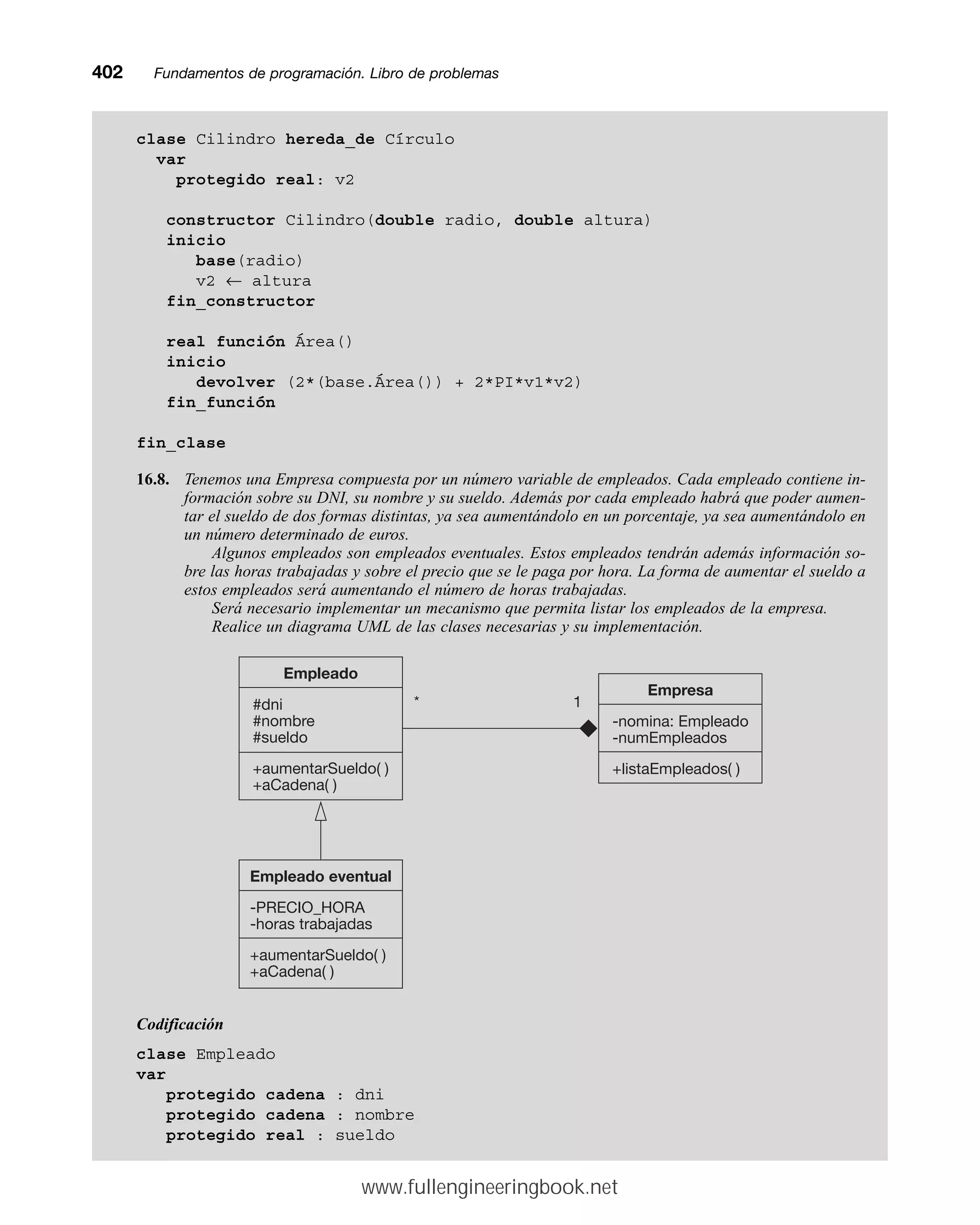 402mmFundamentos de programación. Libro de problemas
clase Cilindro hereda_de Círculo
var
protegido real: v2
constructor Cilindro(double radio, double altura)
inicio
base(radio)
v2 ← altura
fin_constructor
real función Área()
inicio
devolver (2*(base.Área()) + 2*PI*v1*v2)
fin_función
fin_clase
16.8. Tenemos una Empresa compuesta por un número variable de empleados. Cada empleado contiene in-
formación sobre su DNI, su nombre y su sueldo. Además por cada empleado habrá que poder aumen-
tar el sueldo de dos formas distintas, ya sea aumentándolo en un porcentaje, ya sea aumentándolo en
un número determinado de euros.
Algunos empleados son empleados eventuales. Estos empleados tendrán además información so-
bre las horas trabajadas y sobre el precio que se le paga por hora. La forma de aumentar el sueldo a
estos empleados será aumentando el número de horas trabajadas.
Será necesario implementar un mecanismo que permita listar los empleados de la empresa.
Realice un diagrama UML de las clases necesarias y su implementación.
Codificación
clase Empleado
var
protegido cadena : dni
protegido cadena : nombre
protegido real : sueldo
Empleado
#dni
#nombre
#sueldo
+aumentarSueldo( )
+aCadena( )
Empleado eventual
-PRECIO_HORA
-horas trabajadas
+aumentarSueldo( )
+aCadena( )
Empresa
-nomina: Empleado
-numEmpleados
+listaEmpleados( )
* 1
www.fullengineeringbook.net
 