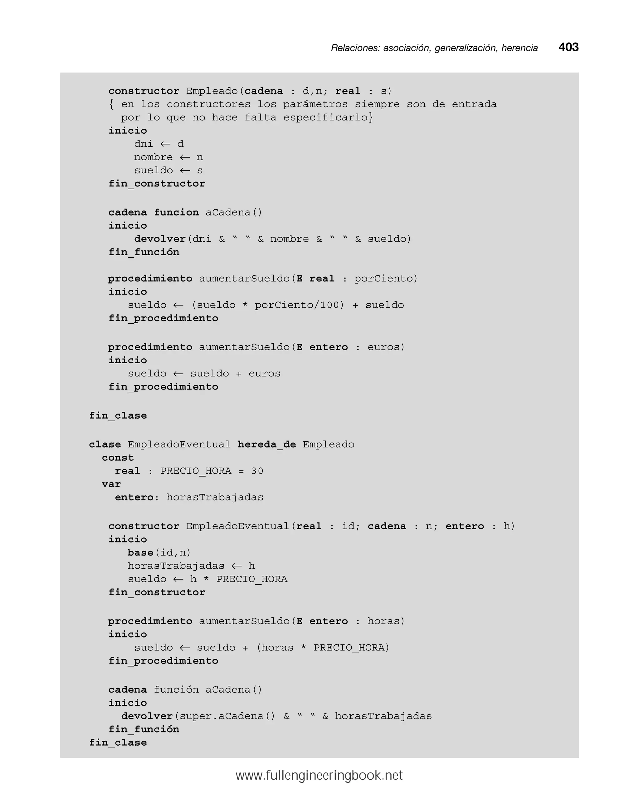 Relaciones: asociación, generalización, herenciamm403
constructor Empleado(cadena : d,n; real : s)
{ en los constructores los parámetros siempre son de entrada
por lo que no hace falta especificarlo}
inicio
dni ← d
nombre ← n
sueldo ← s
fin_constructor
cadena funcion aCadena()
inicio
devolver(dni  “ “  nombre  “ “  sueldo)
fin_función
procedimiento aumentarSueldo(E real : porCiento)
inicio
sueldo ← (sueldo * porCiento/100) + sueldo
fin_procedimiento
procedimiento aumentarSueldo(E entero : euros)
inicio
sueldo ← sueldo + euros
fin_procedimiento
fin_clase
clase EmpleadoEventual hereda_de Empleado
const
real : PRECIO_HORA = 30
var
entero: horasTrabajadas
constructor EmpleadoEventual(real : id; cadena : n; entero : h)
inicio
base(id,n)
horasTrabajadas ← h
sueldo ← h * PRECIO_HORA
fin_constructor
procedimiento aumentarSueldo(E entero : horas)
inicio
sueldo ← sueldo + (horas * PRECIO_HORA)
fin_procedimiento
cadena función aCadena()
inicio
devolver(super.aCadena()  “ “  horasTrabajadas
fin_función
fin_clase
www.fullengineeringbook.net
 