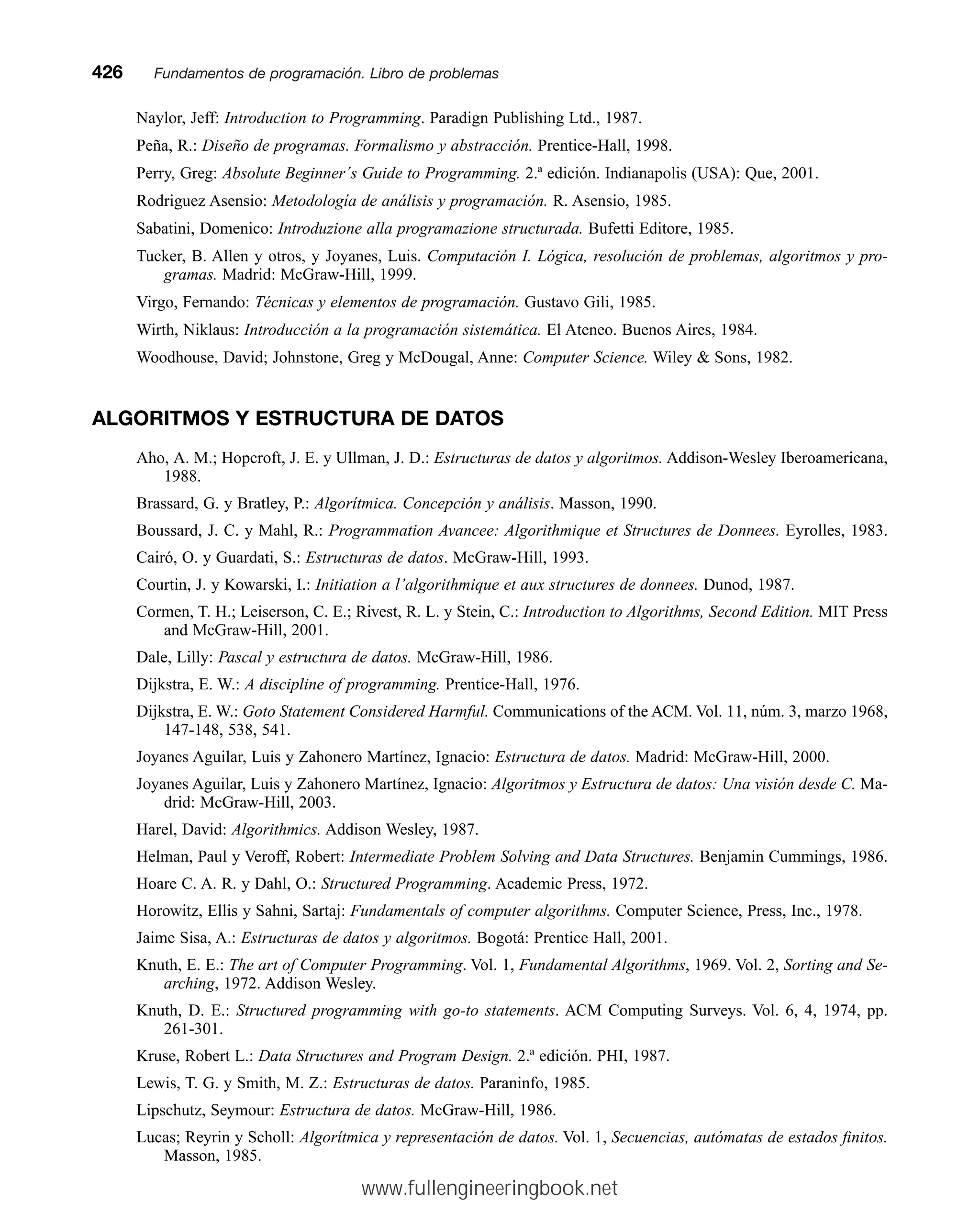 Naylor, Jeff: Introduction to Programming. Paradign Publishing Ltd., 1987.
Peña, R.: Diseño de programas. Formalismo y abstracción. Prentice-Hall, 1998.
Perry, Greg: Absolute Beginner´s Guide to Programming. 2.ª edición. Indianapolis (USA): Que, 2001.
Rodriguez Asensio: Metodología de análisis y programación. R. Asensio, 1985.
Sabatini, Domenico: Introduzione alla programazione structurada. Bufetti Editore, 1985.
Tucker, B. Allen y otros, y Joyanes, Luis. Computación I. Lógica, resolución de problemas, algoritmos y pro-
gramas. Madrid: McGraw-Hill, 1999.
Virgo, Fernando: Técnicas y elementos de programación. Gustavo Gili, 1985.
Wirth, Niklaus: Introducción a la programación sistemática. El Ateneo. Buenos Aires, 1984.
Woodhouse, David; Johnstone, Greg y McDougal, Anne: Computer Science. Wiley  Sons, 1982.
ALGORITMOS Y ESTRUCTURA DE DATOS
Aho, A. M.; Hopcroft, J. E. y Ullman, J. D.: Estructuras de datos y algoritmos. Addison-Wesley Iberoamericana,
1988.
Brassard, G. y Bratley, P.: Algorítmica. Concepción y análisis. Masson, 1990.
Boussard, J. C. y Mahl, R.: Programmation Avancee: Algorithmique et Structures de Donnees. Eyrolles, 1983.
Cairó, O. y Guardati, S.: Estructuras de datos. McGraw-Hill, 1993.
Courtin, J. y Kowarski, I.: Initiation a l’algorithmique et aux structures de donnees. Dunod, 1987.
Cormen, T. H.; Leiserson, C. E.; Rivest, R. L. y Stein, C.: Introduction to Algorithms, Second Edition. MIT Press
and McGraw-Hill, 2001.
Dale, Lilly: Pascal y estructura de datos. McGraw-Hill, 1986.
Dijkstra, E. W.: A discipline of programming. Prentice-Hall, 1976.
Dijkstra, E. W.: Goto Statement Considered Harmful. Communications of the ACM. Vol. 11, núm. 3, marzo 1968,
147-148, 538, 541.
Joyanes Aguilar, Luis y Zahonero Martínez, Ignacio: Estructura de datos. Madrid: McGraw-Hill, 2000.
Joyanes Aguilar, Luis y Zahonero Martínez, Ignacio: Algoritmos y Estructura de datos: Una visión desde C. Ma-
drid: McGraw-Hill, 2003.
Harel, David: Algorithmics. Addison Wesley, 1987.
Helman, Paul y Veroff, Robert: Intermediate Problem Solving and Data Structures. Benjamin Cummings, 1986.
Hoare C. A. R. y Dahl, O.: Structured Programming. Academic Press, 1972.
Horowitz, Ellis y Sahni, Sartaj: Fundamentals of computer algorithms. Computer Science, Press, Inc., 1978.
Jaime Sisa, A.: Estructuras de datos y algoritmos. Bogotá: Prentice Hall, 2001.
Knuth, E. E.: The art of Computer Programming. Vol. 1, Fundamental Algorithms, 1969. Vol. 2, Sorting and Se-
arching, 1972. Addison Wesley.
Knuth, D. E.: Structured programming with go-to statements. ACM Computing Surveys. Vol. 6, 4, 1974, pp.
261-301.
Kruse, Robert L.: Data Structures and Program Design. 2.ª edición. PHI, 1987.
Lewis, T. G. y Smith, M. Z.: Estructuras de datos. Paraninfo, 1985.
Lipschutz, Seymour: Estructura de datos. McGraw-Hill, 1986.
Lucas; Reyrin y Scholl: Algorítmica y representación de datos. Vol. 1, Secuencias, autómatas de estados finitos.
Masson, 1985.
426mmFundamentos de programación. Libro de problemas
www.fullengineeringbook.net
 