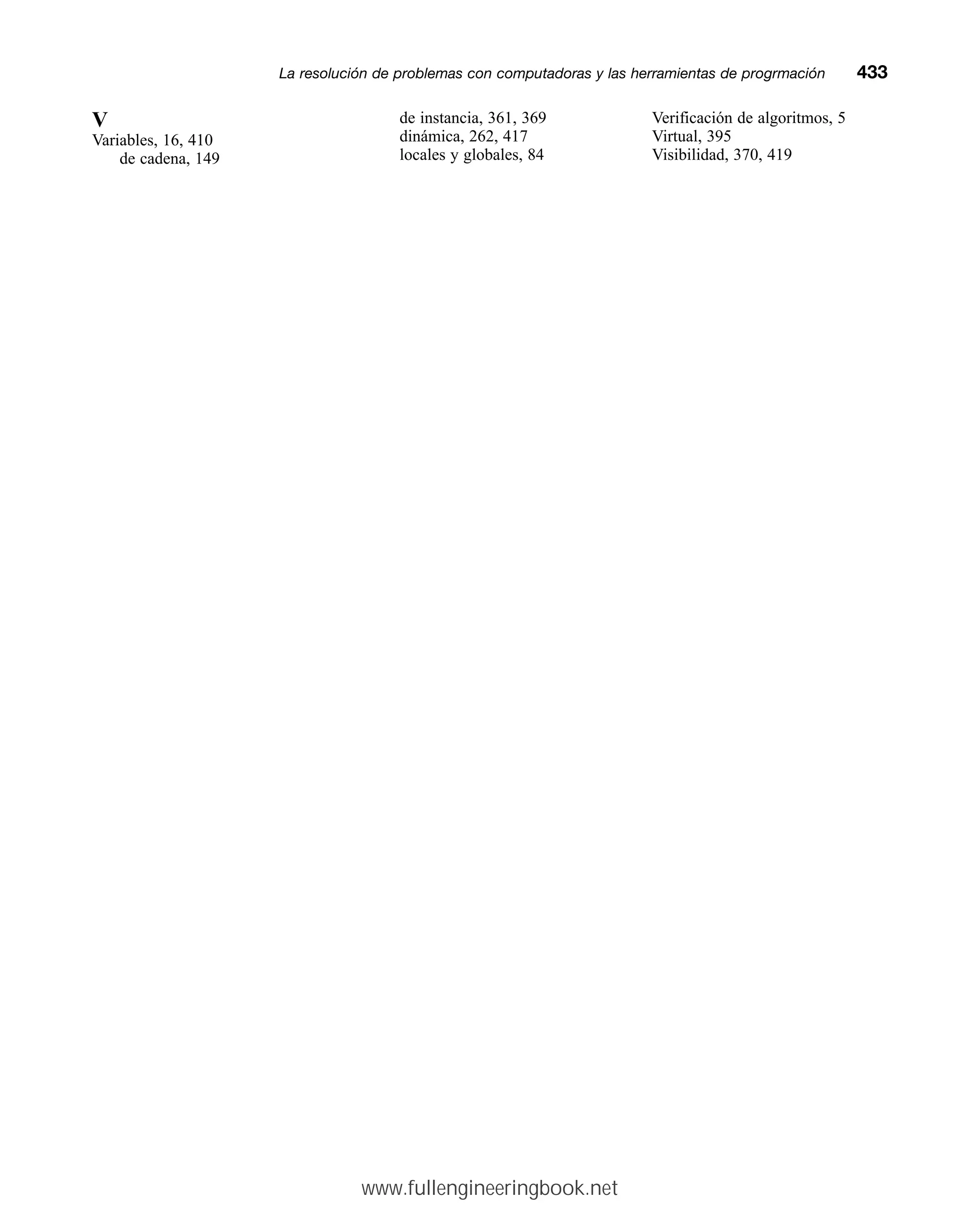 V
Variables, 16, 410
de cadena, 149
de instancia, 361, 369
dinámica, 262, 417
locales y globales, 84
Verificación de algoritmos, 5
Virtual, 395
Visibilidad, 370, 419
La resolución de problemas con computadoras y las herramientas de progrmaciónmm433
www.fullengineeringbook.net
 