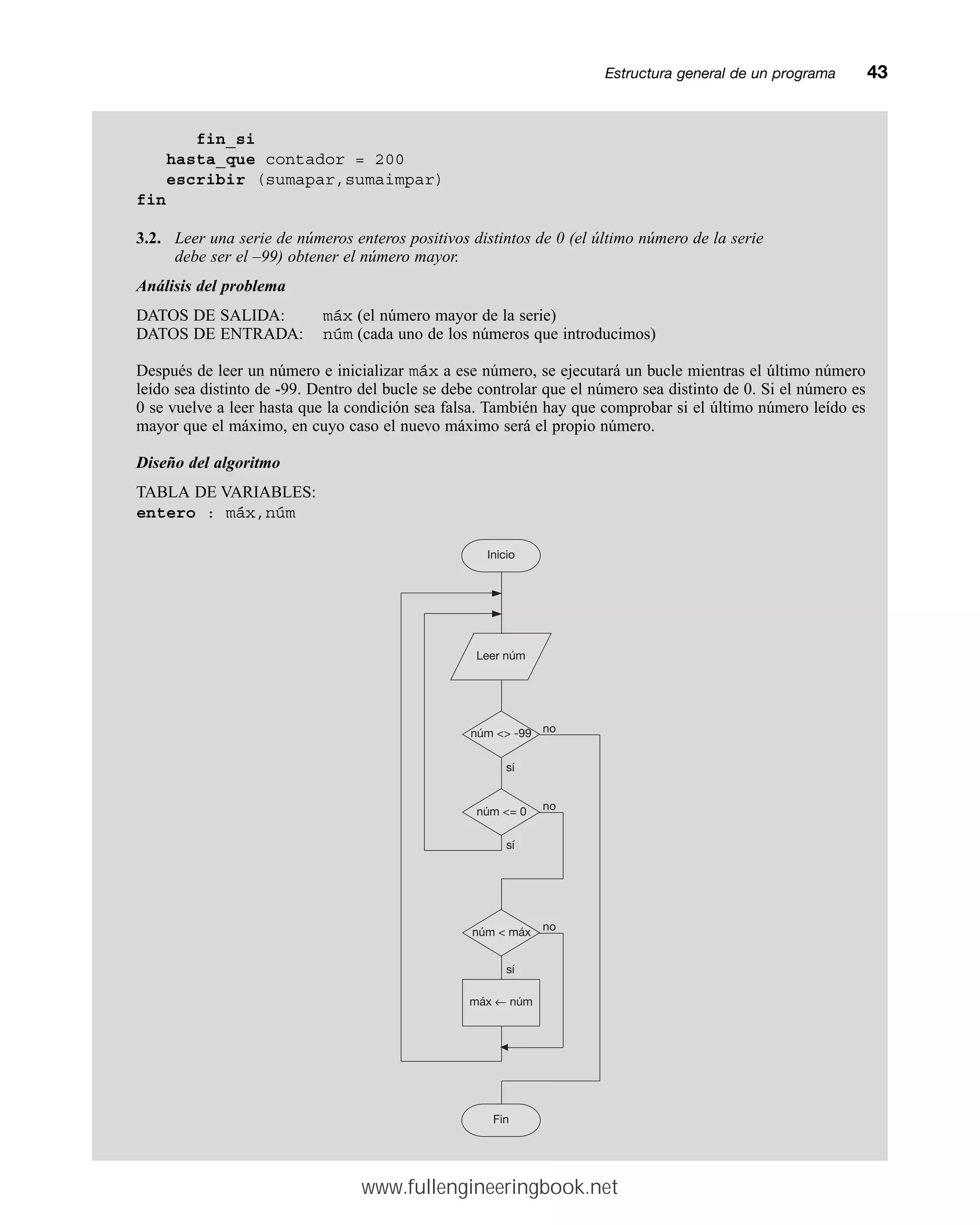 Estructura general de un programamm43
fin_si
hasta_que contador = 200
escribir (sumapar,sumaimpar)
fin
3.2. Leer una serie de números enteros positivos distintos de 0 (el último número de la serie
debe ser el –99) obtener el número mayor.
Análisis del problema
DATOS DE SALIDA: máx (el número mayor de la serie)
DATOS DE ENTRADA: núm (cada uno de los números que introducimos)
Después de leer un número e inicializar máx a ese número, se ejecutará un bucle mientras el último número
leído sea distinto de -99. Dentro del bucle se debe controlar que el número sea distinto de 0. Si el número es
0 se vuelve a leer hasta que la condición sea falsa. También hay que comprobar si el último número leído es
mayor que el máximo, en cuyo caso el nuevo máximo será el propio número.
Diseño del algoritmo
TABLA DE VARIABLES:
entero : máx,núm
Leer núm
núm  -99
núm = 0
núm  máx
máx ← núm
no
sí
no
sí
sí
no
Inicio
Fin
www.fullengineeringbook.net
 