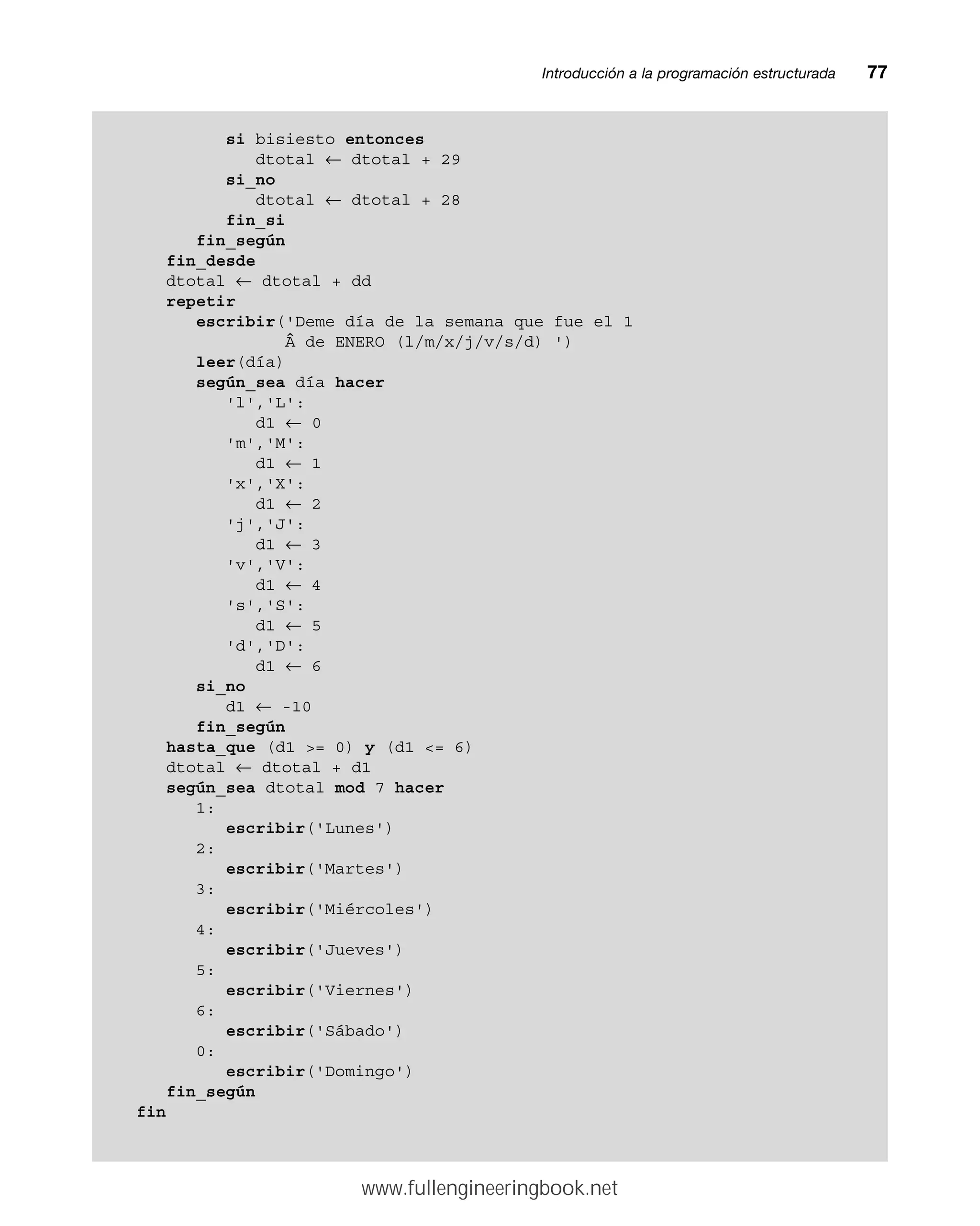 Introducción a la programación estructuradamm77
si bisiesto entonces
dtotal ← dtotal + 29
si_no
dtotal ← dtotal + 28
fin_si
fin_según
fin_desde
dtotal ← dtotal + dd
repetir
escribir('Deme día de la semana que fue el 1
Â de ENERO (l/m/x/j/v/s/d) ')
leer(día)
según_sea día hacer
'l','L':
d1 ← 0
'm','M':
d1 ← 1
'x','X':
d1 ← 2
'j','J':
d1 ← 3
'v','V':
d1 ← 4
's','S':
d1 ← 5
'd','D':
d1 ← 6
si_no
d1 ← -10
fin_según
hasta_que (d1 = 0) y (d1 = 6)
dtotal ← dtotal + d1
según_sea dtotal mod 7 hacer
1:
escribir('Lunes')
2:
escribir('Martes')
3:
escribir('Miércoles')
4:
escribir('Jueves')
5:
escribir('Viernes')
6:
escribir('Sábado')
0:
escribir('Domingo')
fin_según
fin
www.fullengineeringbook.net
 