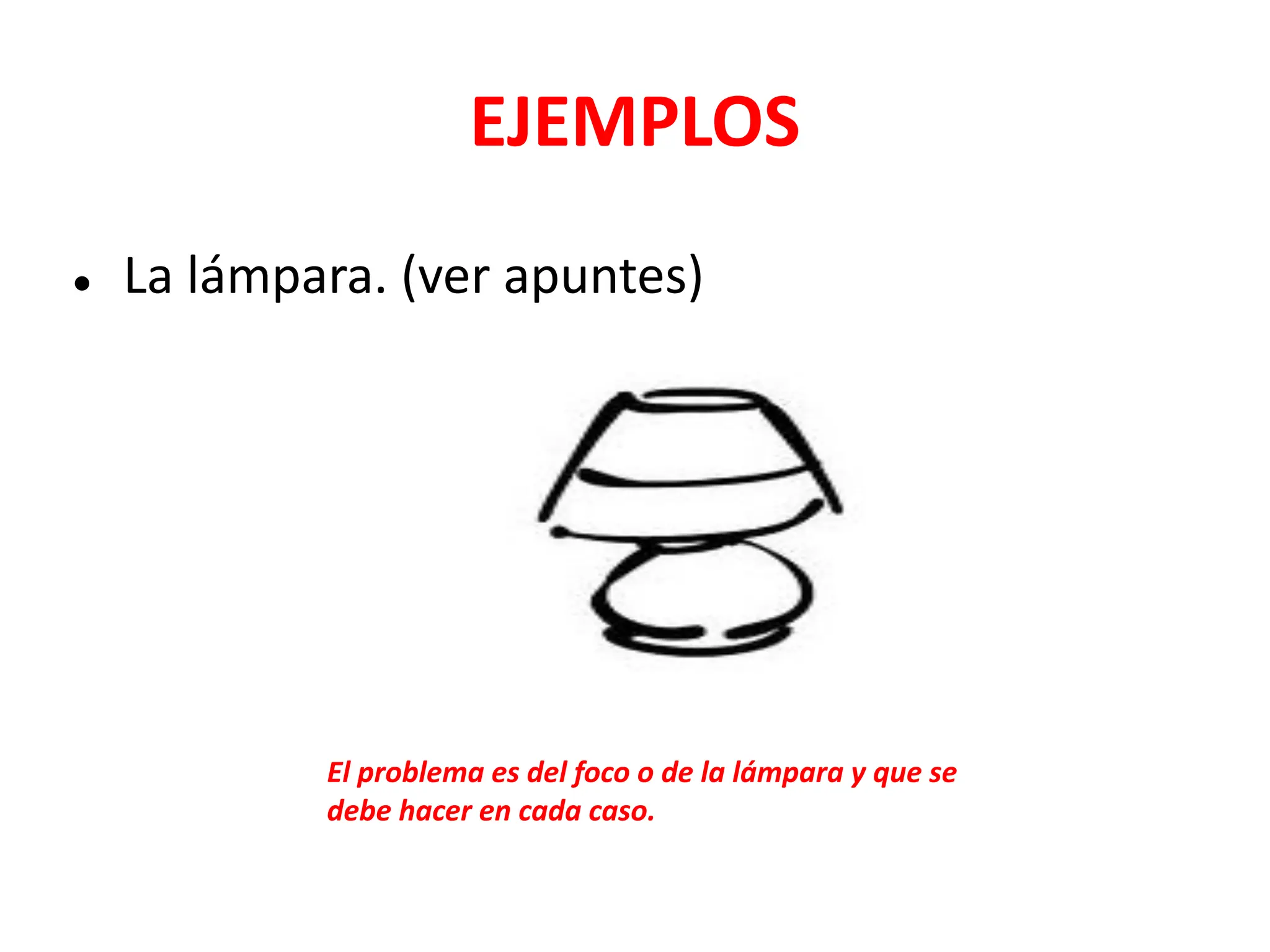 EJEMPLOS
● La lámpara. (ver apuntes)
El problema es del foco o de la lámpara y que se
debe hacer en cada caso.
 
