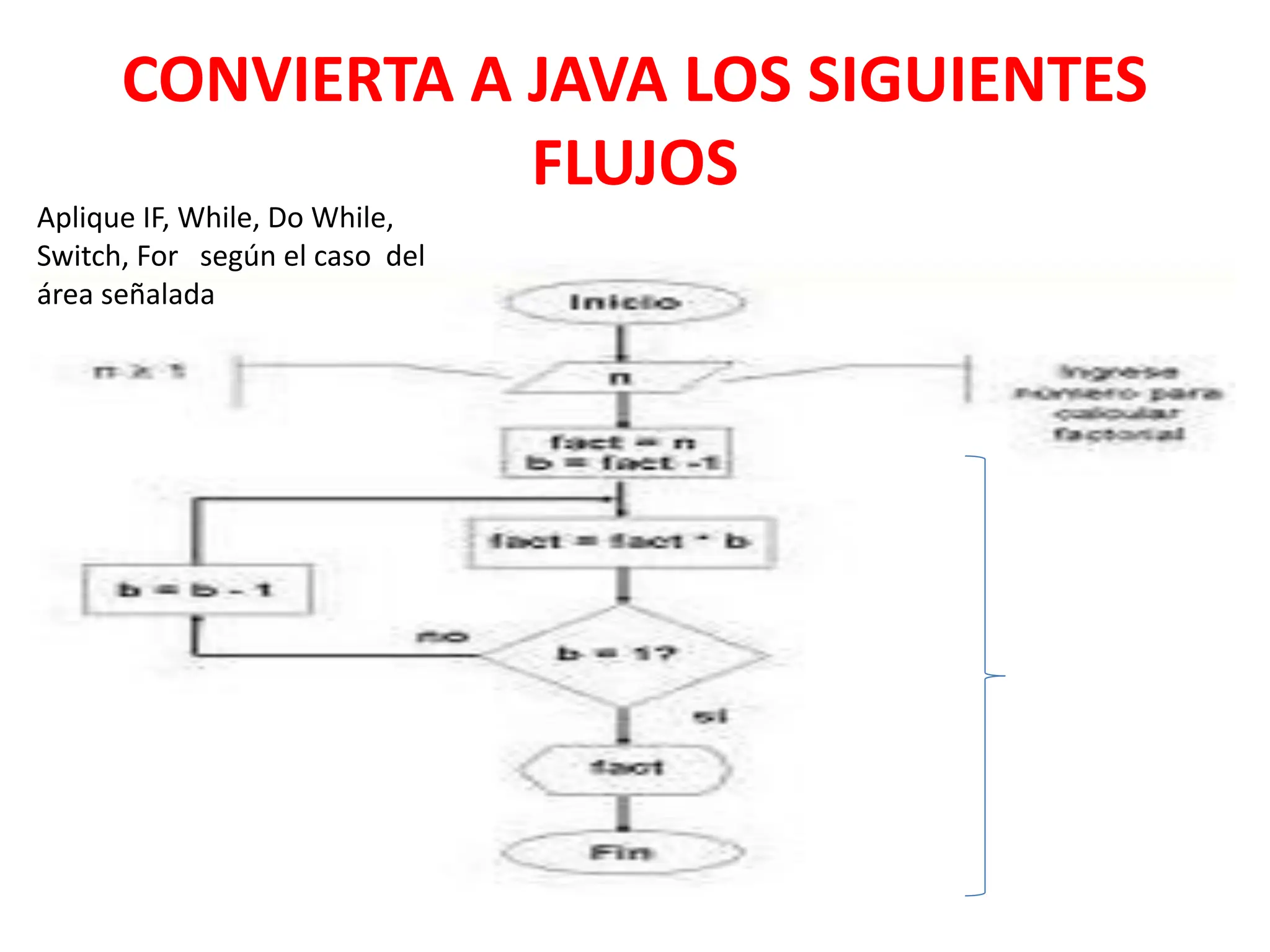 CONVIERTA A JAVA LOS SIGUIENTES
FLUJOS
Aplique IF, While, Do While,
Switch, For según el caso del
área señalada
 