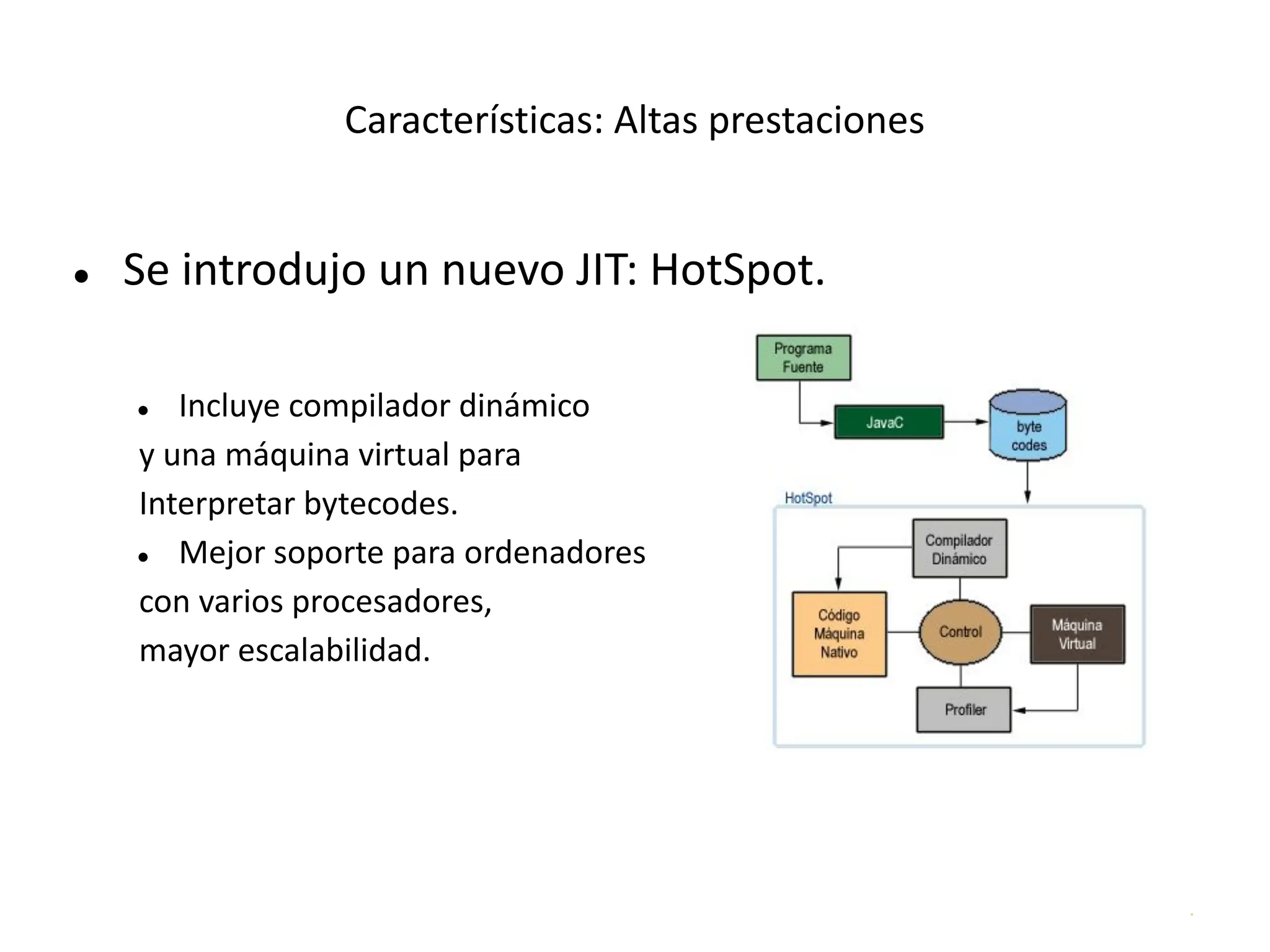 .
Características: Altas prestaciones
● Se introdujo un nuevo JIT: HotSpot.
● Incluye compilador dinámico
y una máquina virtual para
Interpretar bytecodes.
● Mejor soporte para ordenadores
con varios procesadores,
mayor escalabilidad.
 