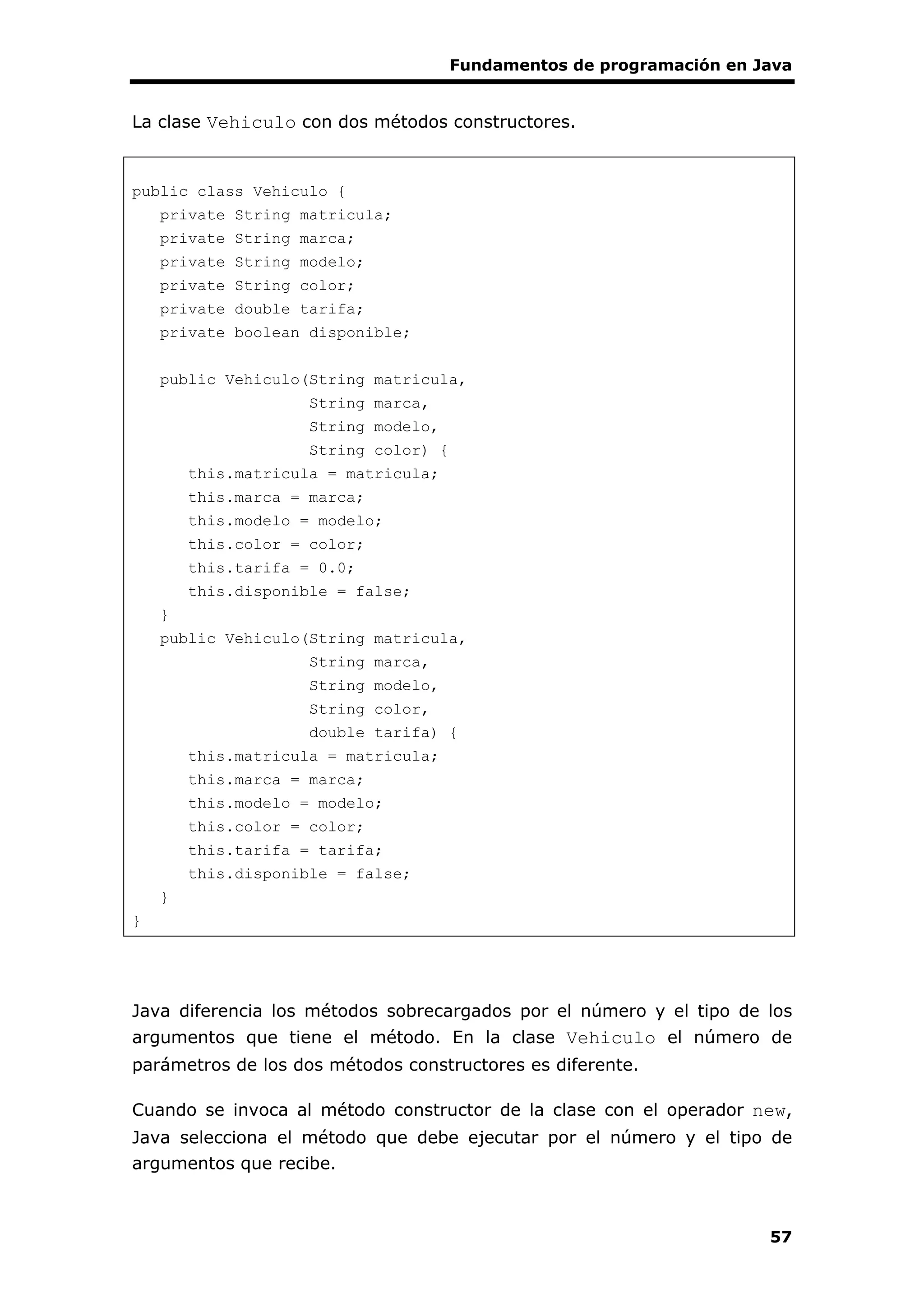 Fundamentos de programación en Java
57
La clase Vehiculo con dos métodos constructores.
public class Vehiculo {
private String matricula;
private String marca;
private String modelo;
private String color;
private double tarifa;
private boolean disponible;
public Vehiculo(String matricula,
String marca,
String modelo,
String color) {
this.matricula = matricula;
this.marca = marca;
this.modelo = modelo;
this.color = color;
this.tarifa = 0.0;
this.disponible = false;
}
public Vehiculo(String matricula,
String marca,
String modelo,
String color,
double tarifa) {
this.matricula = matricula;
this.marca = marca;
this.modelo = modelo;
this.color = color;
this.tarifa = tarifa;
this.disponible = false;
}
}
Java diferencia los métodos sobrecargados por el número y el tipo de los
argumentos que tiene el método. En la clase Vehiculo el número de
parámetros de los dos métodos constructores es diferente.
Cuando se invoca al método constructor de la clase con el operador new,
Java selecciona el método que debe ejecutar por el número y el tipo de
argumentos que recibe.
 