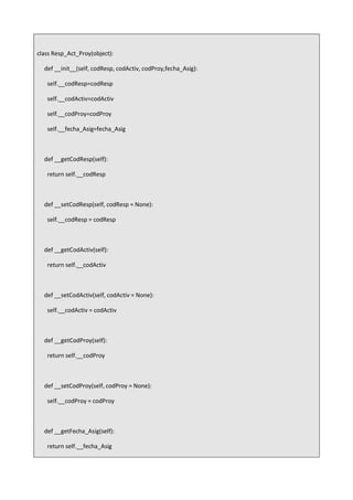 class Resp_Act_Proy(object):
def __init__(self, codResp, codActiv, codProy,fecha_Asig):
self.__codResp=codResp
self.__codActiv=codActiv
self.__codProy=codProy
self.__fecha_Asig=fecha_Asig
def __getCodResp(self):
return self.__codResp
def __setCodResp(self, codResp = None):
self.__codResp = codResp
def __getCodActiv(self):
return self.__codActiv
def __setCodActiv(self, codActiv = None):
self.__codActiv = codActiv
def __getCodProy(self):
return self.__codProy
def __setCodProy(self, codProy = None):
self.__codProy = codProy
def __getFecha_Asig(self):
return self.__fecha_Asig
 