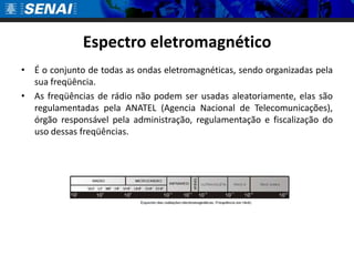 Espectro eletromagnéticoÉ o conjunto de todas as ondas eletromagnéticas, sendo organizadas pela sua freqüência.As freqüências de rádio não podem ser usadas aleatoriamente, elas são regulamentadas pela ANATEL (Agencia Nacional de Telecomunicações), órgão responsável pela administração, regulamentação e fiscalização do uso dessas freqüências.